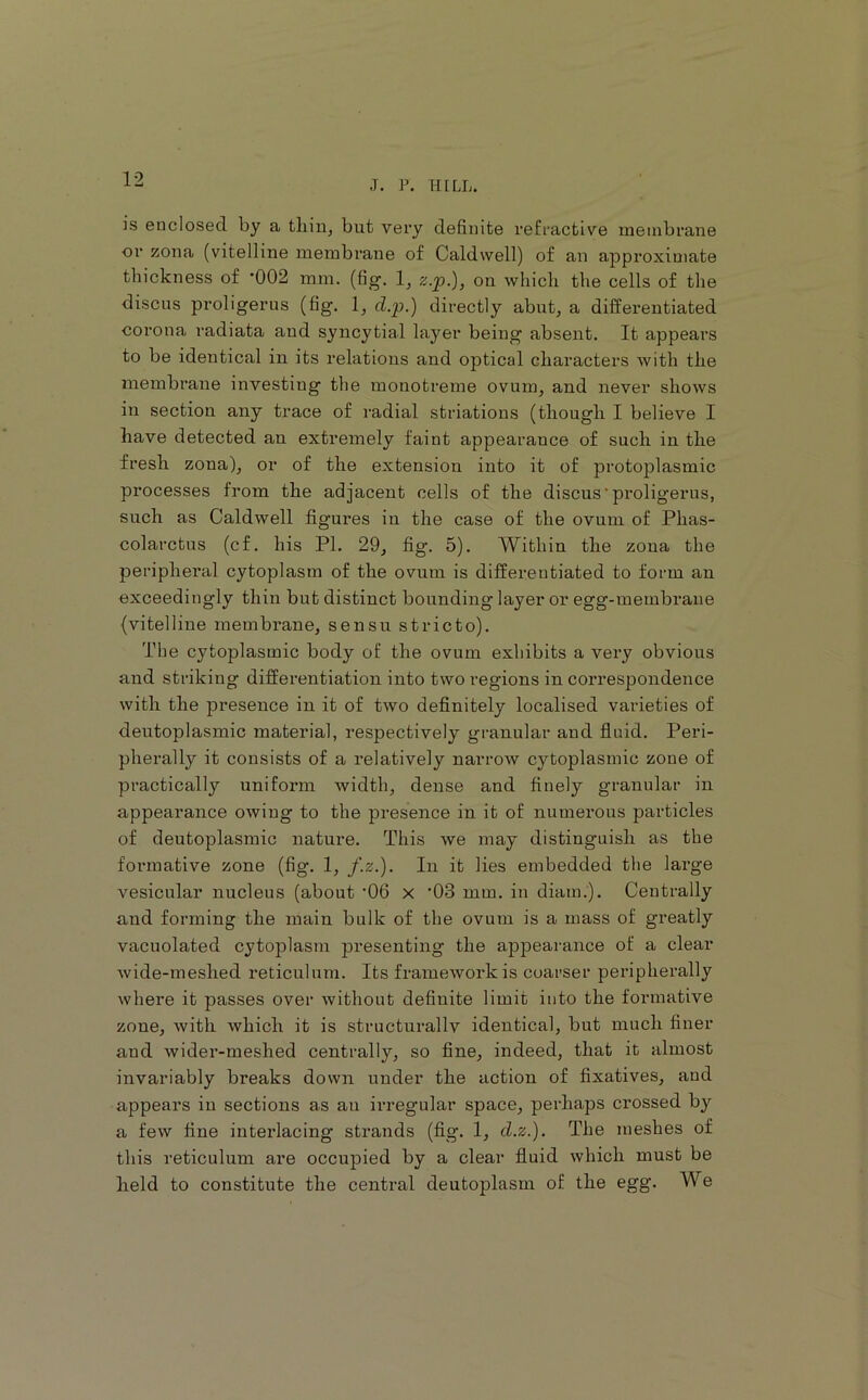 J. P. HILL. is enclosed by a tliin, but very definite I’efractive membrane or zona (vitelline membrane of Caldwell) of an approximate thickness of ’002 mm. (fig. 1, z-p-), on which the cells of the discus proligerus (fig. I, d.p.) directly abut, a differentiated corona radiata and syncytial layer being absent. It appears to be identical in its relations and optical characters with the membrane investing the monotreme ovum, and never shows in section any trace of radial striations (though I believe I have detected an extremely faint appearance of such in the fresh zona), or of the extension into it of protoplasmic processes from the adjacent cells of the discus‘proligerus, such as Caldwell figures in the case of the ovum of Phas- colarctus (cf. his PI. 29, fig. 5). Within the zona the peripheral cytoplasm of the ovum is differentiated to form an exceedingly thin but distinct bounding layer or egg-membrane (vitelline membrane, sensu stricto). The cytoplasmic body of the ovum exhibits a very obvious and striking differentiation into two regions in correspondence with the presence in it of two definitely localised varieties of deutoplasmic material, respectively granular and fluid. Peri- pherally it consists of a relatively narrow cytoplasmic zone of practically uniform width, dense and finely granular in appearance owing to the presence in it of numei’ous particles of deutoplasmic nature. This we may distinguish as the foi'mative zone (fig. 1, f.z.). In it lies embedded the large vesicular nucleus (about ‘06 x ‘03 mm. in diam.). Centrally and forming the main bulk of the ovum is a mass of greatly vacuolated cytoplasm presenting the appearance of a clear wide-meshed reticulum. Its framework is coarser peripherally where it passes over without definite limit into the formative zone, with which it is structurallv identical, but much finer and wider-meshed centrally, so fine, indeed, that it almost invariably breaks down under the action of fixatives, and appears in sections as an irregular space, perhaps crossed by a few fine interlacing strands (fig. 1, d.z.). The meshes of this reticulum are occupied by a clear fluid which must be held to constitute the central deutoplasm of the egg. We