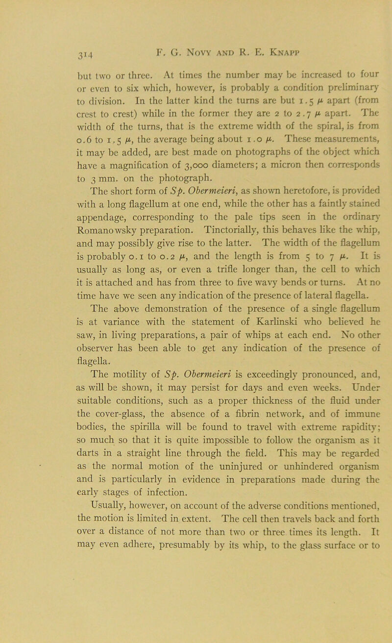 3*4 but two or three. At times the number may be increased to four or even to six which, however, is probably a condition preliminary to division. In the latter kind the turns are but 1.5/* apart (from crest to crest) while in the former they are 2 to 2.7 apart. The width of the turns, that is the extreme width of the spiral, is from o. 6 to 1.5 the average being about 1.0 These measurements, it may be added, are best made on photographs of the object which have a magnification of 3,000 diameters; a micron then corresponds to 3 mm. on the photograph. The short form of Sp. Obermeieri, as shown heretofore, is provided with a long flagellum at one end, while the other has a faintly stained appendage, corresponding to the pale tips seen in the ordinary Romanowsky preparation. Tinctorially, this behaves like the whip, and may possibly give rise to the latter. The width of the flagellum is probably 0.1 to 0.2 /*, and the length is from 5 to 7 /*. It is usually as long as, or even a trifle longer than, the cell to which it is attached and has from three to five wavy bends or turns. At no time have we seen any indication of the presence of lateral flagella. The above demonstration of the presence of a single flagellum is at variance with the statement of Karlinski who believed he saw, in living preparations, a pair of whips at each end. No other observer has been able to get any indication of the presence of flagella. The motility of Sp. Obermeieri is exceedingly pronounced, and, as will be shown, it may persist for days and even weeks. Under suitable conditions, such as a proper thickness of the fluid under the cover-glass, the absence of a fibrin network, and of immune bodies, the spirilla will be found to travel with extreme rapidity; so much so that it is quite impossible to follow the organism as it darts in a straight line through the field. This may be regarded as the normal motion of the uninjured or unhindered organism and is particularly in evidence in preparations made during the early stages of infection. Usually, however, on account of the adverse conditions mentioned, the motion is limited in extent. The cell then travels back and forth over a distance of not more than two or three times its length. It may even adhere, presumably by its whip, to the glass surface or to