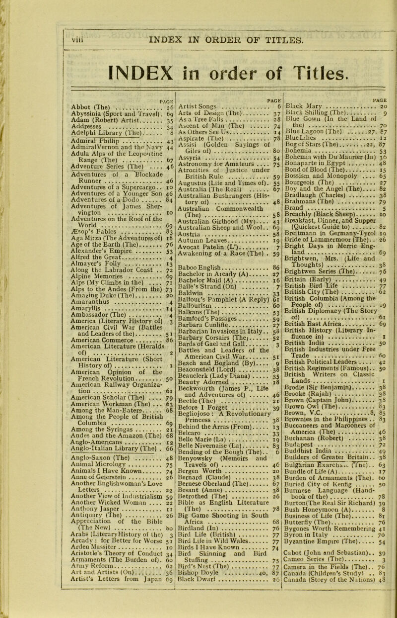 INDEX in order of Titles. PAGE Abbot (The) 26 Abyssinia (Sport and Travel). 69 Adam (Robert) Artist 35 Addresses 34 Adelphi Library (The) S Admiral Phillip 43 AdmiralVernon and the Navy 44 Adula Alps of the Leopoutine Range (The) 67 Adventure Series (The) .... 46 Adventures of a Blockade Runner 46 Adventures of a Supercargo.. lo Adventures of a Younger Son 46 Adventures of a Dodo 84 Adventures of James Sher- vington 10 Adventures on the Roof of the World 69 iEsop’s Fables 83 Aga Mirza (The .Adventures of) 18 Age of the Earth (The) 76 Ale.icander’s Empire 53 Alfred the Great 4 Alraaver’s Folly 13 Along the Labrador Coast .. 72 Alpine Memories 69 Alps (My Climbs in the) .... 71 Alps to the Andes (From the) 73 Amazing Duke (The) 20 Amaranthus 4 Amaryllis 14 Ambassador (The) 4 America (Literary History of) 3 American Civil War (Battles and Leaders of the) 51 American Commerce 86 American Literature (Heralds of) 2 American Literature (Short History of) i American Opinion of the French Revolution 50 American Railway Organiza- tion 61 American Scholar (The) .... 79 American Workman (The) ... 63 Among the Man-Eaters 68 Among the People of British Columbia 69 Among the Syringas 21 Andes and the Amazon (The) 68 Anglo-.Amencans 12 Anglo-Italian Library (The) . 66 Anglo-Saxon (The) 48 Animal Micrology 75 Animals I Hav'e Known 74 Anne of Geierstein 26 Another Englishwoman’s Love Letters 22 Another View of Industrialism 59 Another Wicked Woman .... 22 Anthony Jasper 11 Antiquary (The) 26 Appreciation of the Bible (The New) bo Arabs (LiteraryHistory of the) 3 Arcady ; for Better for Worse 51 Arden Massitcr 10 Aristotle’s Theory of Conduct 34 Armaments (The Burden of). 60 Army Reform 62 Art and Artists (On) 36 Artist’s Letters from Japan 69 PAGE Artist Sonets 6 Arts of Design (The) 37 As a Tree Falls 28 Ascent of Man (The) 74 .'\s Others See Us 14 Aspirate (The) 78 Assisi (Golden Sayings of Giles of) 80 A.ssyria 54 Astronomy for Amateurs .... 75 Atrocities of Justice under British Rule 59 Augustus (Life and Times of). 55 Australia (The Real) 67 Australian Bushrangers (His- tory of) 48 Australian Commonwealth (The) 58 Australian Girlhood (My).... 43 Australian Sheep and Wool.. 69 Austria 58 Autumn Leaves 19 Avocat Patelin (L') 7 Awakening of a Race (The) . 59 Baboo English 86 Bachelor in Aicady (A) 27 Bachelor Maid (A) 16 Baile’s Strand (On) 7 Baldwin 33 Balfour’s Pamphlet (A Reply) 61 Balfourism 60 Balkans (The) 53 Bamford's Passages 59 Barbara Cunlifie 27 Barbarian Invasions in Italy.. 58 Barbary Corsairs (The; 52 Bards of Gael .and Gall 3 Battles and Leaders of the American Civil War 51 Be.ach and Bogland (By).... 9 Beaconsfield (Lord) 38 Beauclerk (Lady Diana) 35 Beauty Adorned 18 Beckwourth (James P., Life and Adventures of) 46 Beetle (The) 21 Before I Forget 39 Begliojoso : A Revolutionary Princess 38 Behind the Arras (From) 13 Belcaro 33 Belle Marie (La) ig Belle Nivernaise (La) 83 Bending of the Bough (The).. 6 Benyowsky (Memoirs and Travels of) 46 Bergen Worth 20 Bernard (Claude) 38 Bernese Oberland (The) 67 Besant (Anne) 38 Betrothed (The) 26 Bible as English Literature (The) 78 Big Game Shooting in South Africa 68 Birdland (In) 76 Bird Life (British) 77 Bird Life in Wild \Vales 77 Birds I Have Known 74 Bird Skinning and Bird Stuffing 75 Bird’s Nest (The) 77 Bishop Doyle 40, 87 Black Dwarf 26 PAGE Black Mary 20 Black Shilling (The) 9 Blue Gown (In tlie Land of the) 70 Blue Lagoon (The) 27, 87 Blue Lilies 12 Bog of Stars (The) 22, 87 Bohemia 53 Bohemia with Du Maurier (In) 36 Bonaparte in Egypt 48 Bond of Blood (The) 15 Bossism and Monopoly .... 65 Bourgeois (The) 27 Boy and the Angel (The).... 82 i Bradlaugh (Charles) 38 j Brahmans (The) 79 Brand 5 Ereachly (Black Sheep) lo Breakfast, Dinner, and Supper (Quickest Guide to) 82 Breitmann in Germany-Tyrol 19 Bride of Lammermoor (The).. 26 Bright Days in Merrie Eng- land 69 Brightwen, Mrs. (Life and Thoughts) 38 Brightwen Series (The) 76 Britain (Early) 49 British Bird Life 77 British City (The) 62 British Columbia (Among the People of) 09 British Diplomacy (The Story of) 61 British East Africa 69 British History (Literary In- fluence in) I British India 50 British Industries under Free Trade 60 British Political Leaders .... 42 British Regiments (Famous).. 50 British Writers on Classic Lands i Brodie (Sir Benjamin) 38 Brooke (Rajah) a8 Brown (Captain John) 38 Brown Owl (The) 83 Brown, V.C 8, 85 Brownies in the Philippines .. 83 Buccaneers and Marooners of America (The) 46 Buchanan (Robert) 38 Budapest 72 Buddhist India 49 Builders of Greater Britain.. 38 Bulgarian Exarchat.. (Tne).. 63 Bundle of Life (A) 17 Burden of Armaments (The). 60 Buried City of Kenfig 50 Burmese Language (Hand- book of the) 78 Burton(The Real Sir Richard) 39 Bush Honeymoon (A) 8 Business of Life (The) 8r Butterfly (Thel 76 Bygones Wortn Remembering 41 Byron in Italy 70 Byzantine Empire (The) 54 Cabot (John and Sebastian).. 39 Cameo Series (The) 3 Camera in the Fields (The).. 76 Canada (Children’s Studyl .. 83 Canada (Story of the N.itions) 48