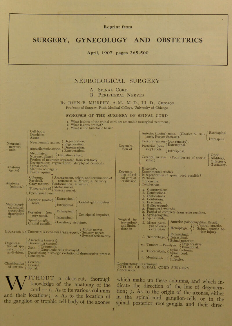 Reprint from SURGERY, GYNECOLOGY AND OBSTETRICS April, 1907, pages 365-500 NEUROLOGICAL SURGERY A. Spinal Cord B. Peripheral Nerves By JOHN B. MURPHY, A.M., M. D., LL. D., Chicago Professor of Surgery, Rush Medical College, University of Chicago SYNOPSIS OF THE SURGERY OF SPINAL CORD Neurone; nervous unit. Anatomy (gross) Anatomy (minute.) Macroscopi- cal and mi- croscopical description of Neurilemmic axone. 1. What lesions of the spinal cord are amenable to surgical treatment ? 2. What lesions are not? 3. What is the histologic basis? Cell-body. Dendrites. 1 Axone. ( Degeneration. 1 Regeneration. Aneurilemmic axone.) Medullated. ) T ... a Nommedullated. (Insulation effect. Portion of neurones separated from cell-body. Degeneration; regeneration; atrophy of cell-bodv. Spinal cord. Medulla oblongata. Cauda equina Degenera- tion of [ Columns. j Ararngement, origin, and termination of I Fasciculi. | neurones: a. Motor; b. Sensory. I Gray matter. Conformation; structure. 1 Topography of l Ependymal canal. Anterior (motor) j Extraspinal. r00*S‘ 1 Intraspinal. Posterior (sen- / Extraspinal. Centrifugal impulses. . 1 Centripetal impulses. (. Intraspinal. j sory roots). Spinal ganglia. / T ~ ■ Location; structure Cranial ganglia, f' T ( Motor nerves. Location of Trophic Ganglion Cell-body. a Sensory nerves. ( Sympathetic nerves. Degenera- tion of spi- nal cord af- ter division. Ascending (sensory). Descending (motor). Zonal i Traumatic. ‘ ( Ganglionic cells destroyed. Description; histologic evolution of degenerative process Conclusion. Classification j Cerebral Anterior (motor) roots. (Charles A. Bal- lance, Purves Stewart). Cerebral nerves (four sensory). Posterior (sen- J Bxtraspinal. sory) roots. | Intraspinal. Extraspinal. Intraspina Cerebral nerves, sense.) rr , . , f 0Ptic. (b our nerves of special i Auditory. j Olfactory. L Gustatory. Regenera- tion of spi- nal cord af- ter division. Histology. Experimental studies. Is regeneration of spinal cord possible? Partisans. Opponents. Conclusions. Compressions. Concussions. Dislocations. Contusions. Fractures. Bullet wounds. Punctured wounds. Partial or complete transverse sections. Syringomyelia. Spina bifida. Motor paral- [ Anterior pololiomyelitis, flaccid vsis of lower •! Tr • , . ' a- Central, smci extremities. Hemiplegic. I Extraspinal. 1. Hemorrhage. •< Intraspinal. ( Spinal puncture. in. Tumors—Paral vsis. \ Degenerative. ( Functional. n. Tuberculosis \ SpjnaJ colu,mn- ( Spinal cord. o. Meningitis. -! ^c,ute: I Infective. Laminectomy—Technique. FUTURE OF SPINAL CORD SURGERY Conclusions. Surgical in- terventions and limita- tions in a. b. c. d. e. /■ 8- h. i. j- k. a. Central, spastic. b. Spinal, spastic be- low injury. WITHOUT a clear-cut, thorough knowledge of the anatomy of the cord — 1. As to its various columns and their locations; 2. As to the location of the ganglion or trophic cell-body of the axones which make up these columns, and which in- dicate the direction of the line of degenera- tion; 3. As to the origin of the axones, either in. tllc spinal-cord ganglion-cells or in the spinal posterior root-ganglia and their direc-