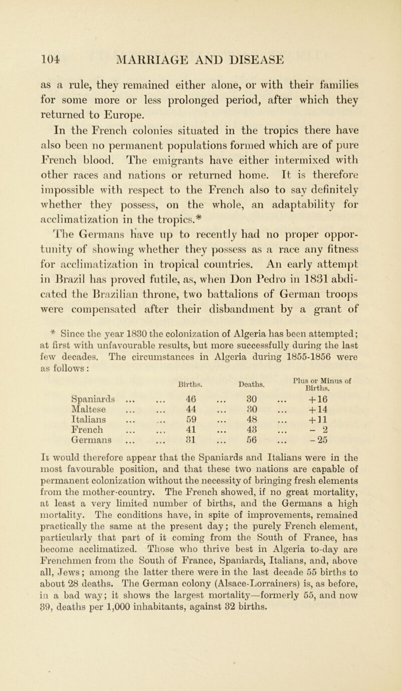 as a rule, they remained either alone, or with their families for some more or less prolonged period, after which they returned to Europe. In the French colonies situated in the tropics there have also beeil no permanent populations formed which are of pure French blood. The emigrants have either intermixed with other races and nations or returned home. It is therefore impossible with respect to the French also to say definitely whether they possess, on the whole, an adaptability for acclimatization in the tropics.* The Germans have up to recently had no proper oppor- tunity of showing whether they possess as a race any fitness for acclimatization in tropical countries. An early attempt in Brazil has proved futile, as, when Don Pedro in 1831 abdi- cated the Brazilian throne, two battalions of German troops were compensated after their disbandment by a grant of * Since the year 1830 the colonization of Algeria has been attempted; at first with unfavourable results, but more successfully during the last few decades. The circumstances in Algeria during 1855-1856 were as follows: Births. Deaths. Plus or Minus of Births. Spaniards ... 40 30 + 16 Maltese 44 30 + 14 Italians 59 48 + 11 French 41 43 - 2 Germans 31 56 -25 Ii would therefore appear that the Spaniards and Italians were in the most favourable position, and that tliese two nations are capable of permanent colonization without the necessity of bringing fresh elements from the mother-country. The French showed, if no great mortality, at least a very limited number of births, and the Germans a high mortality. The conditions have, in spite of improvements, remained practically the same at the present day; the purely French element, particularly that part of it coming from the South of France, has become acclimatized. Those who tlirive best in Algeria to-day are Frenchmen from the South of France, Spaniards, Italians, and, above all, Jews; among the latter there were in the last decade 55 births to about 28 deaths. The German colony (Alsace-Lorrainers) is, as before, in a bad way; it shows the largest mortality—formerly 55, and now 39, deaths per 1,000 inhabitants, against 32 births.