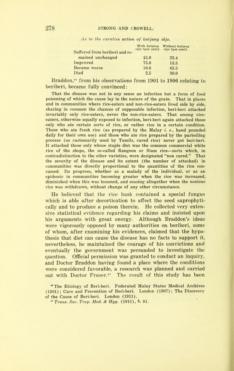 As to the curative action of katjang idjo. Suffered from beriberi and re- With katjang idjo (per cent). Without katjang idjo (per cent). mained unchanged 15.0 23.4 Improved 75.0 13.3 Became worse 10.0 63.3 Died 2.5 30.0 Braddon,10 from his observations from 1901 to 1906 relating to beriberi, became fully convinced: That the disease was not in any sense an infection but a form of food poisoning of which the cause lay in the nature of the grain. That in places and in communities where rice-eaters and non-rice-eaters lived side by side, sharing in common the chances of supposable infection, beri-beri attacked invariably only rice-eaters, never the non-rice-eaters. That among rice- eaters, otherwise equally exposed to infection, beri-beri again attacked those only who ate certain sorts of rice, or rather rice in a certain condition. Those who ate fresh rice (as prepared by the Malay i. e., hand pounded daily for their own use) and those who ate rice prepared by the parboiling process (as customarily used by Tamils, cured rice) never got beri-beri. It attacked those only whose staple diet was the common commercial white rice of the shops, the so-called Rangoon or Siam rice—sorts which, in contradistinction to the other varieties, were designated “non cured.” That the severity of the disease and its extent (the number of attacked) in communities was directly proportional to the quantities of the rice con- sumed. Its progress, whether as a malady of the individual, or as an epidemic in communities becoming greater when the rice was increased, diminished when this was lessened, and ceasing altogether when the noxious rice was withdrawn, without change of any other circumstance. He believed that the rice husk contained a special fungus which is able after decortication to affect the seed saprophyti- cally and to produce a poison therein. He collected very exten- sive statistical evidence regarding his claims and insisted upon his arguments with great energy. Although Braddon’s ideas were vigorously opposed by many authorities on beriberi, some of whom, after examining his evidences, claimed that the hypo- thesis that diet can cause the disease has no facts to support it, nevertheless, he maintained the courage of his convictions and eventually the government was persuaded to investigate the question. Official permission was granted to conduct an inquiry, and Doctor Braddon having found a place where the conditions were considered favorable, a research was planned and carried out with Doctor Fraser.17 The result of this study has been “ The Etiology of Beri-beri. Federated Malay States Medical Archives (1901); Cure and Prevention of Beri-beri. London (1907); The Discovery of the Cause of Beri-beri. London (1911). *’ Trans. Soc. Trop. Med. & Hyg. (1911), 5, 81.