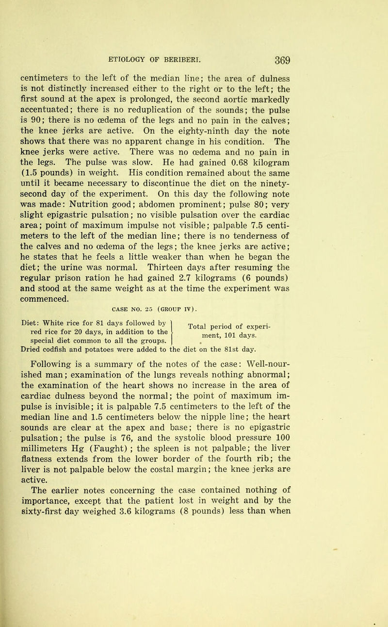 centimeters to the left of the median line; the area of dulness is not distinctly increased either to the right or to the left; the first sound at the apex is prolonged, the second aortic markedly accentuated; there is no reduplication of the sounds; the pulse is 90; there is no oedema of the legs and no pain in the calves; the knee jerks are active. On the eighty-ninth day the note shows that there was no apparent change in his condition. The knee jerks were active. There was no oedema and no pain in the legs. The pulse was slow. He had gained 0.68 kilogram (1.5 pounds) in weight. His condition remained about the same until it became necessary to discontinue the diet on the ninety- second day of the experiment. On this day the following note was made: Nutrition good; abdomen prominent; pulse 80; very slight epigastric pulsation; no visible pulsation over the cardiac area; point of maximum impulse not visible; palpable 7.5 centi- meters to the left of the median line; there is no tenderness of the calves and no oedema of the legs; the knee jerks are active; he states that he feels a little weaker than when he began the diet; the urine was normal. Thirteen days after resuming the regular prison ration he had gained 2.7 kilograms (6 pounds) and stood at the same weight as at the time the experiment was commenced. CASE NO. 25 (GROUP IV). Diet: White rice for 81 days followed by red rice for 20 days, in addition to the special diet common to all the groups. Dried codfish and potatoes were added to the diet on the 81st day. Total period of experi- ment, 101 days. Following is a summary of the notes of the case: Well-nour- ished man; examination of the lungs reveals nothing abnormal; the examination of the heart shows no increase in the area of cardiac dulness beyond the normal; the point of maximum im- pulse is invisible; it is palpable 7.5 centimeters to the left of the median line and 1.5 centimeters below the nipple line; the heart sounds are clear at the apex and base; there is no epigastric pulsation; the pulse is 76, and the systolic blood pressure 100 millimeters Hg (Faught) ; the spleen is not palpable; the liver flatness extends from the lower border of the fourth rib; the liver is not palpable below the costal margin; the knee jerks are active. The earlier notes concerning the case contained nothing of importance, except that the patient lost in weight and by the sixty-first day weighed 3.6 kilograms (8 pounds) less than when