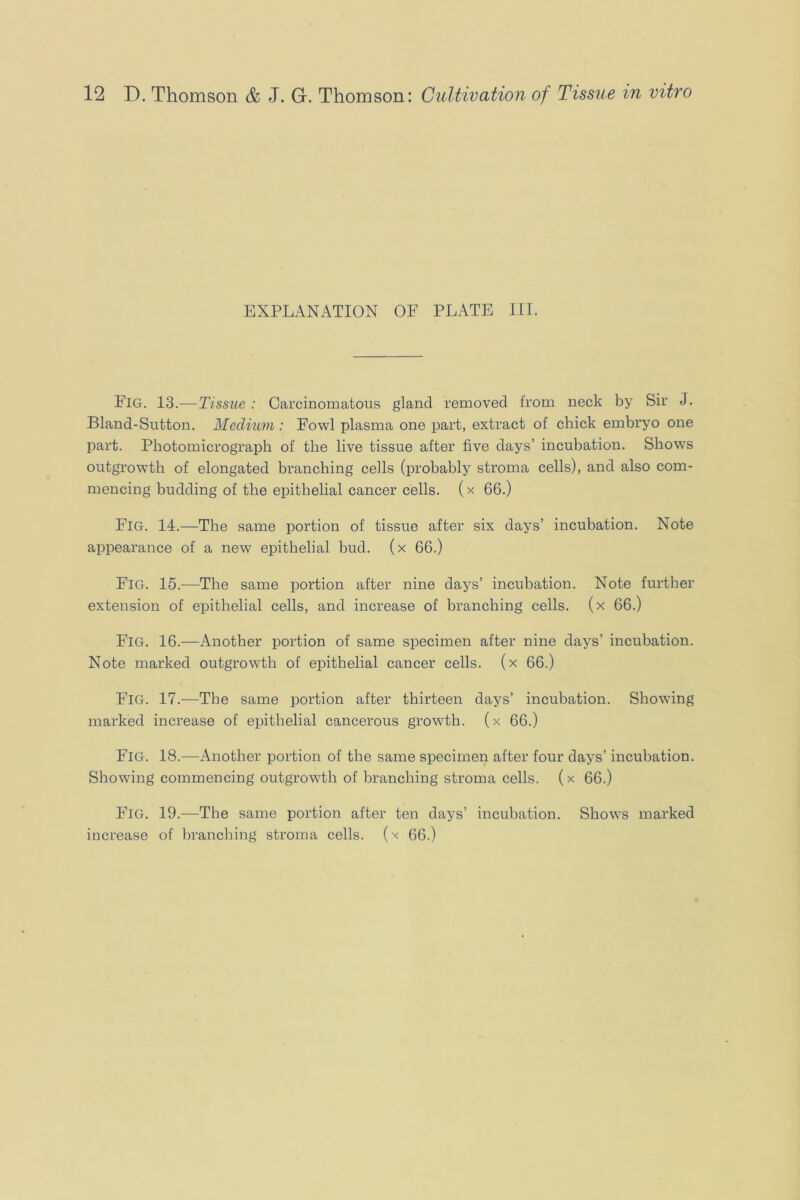 EXPLANATION OF PLATE III. Fig. 13.—Tissue: Carcinomatous gland removed from neck by Sir J. Bland-Sutton. Medium: Fowl plasma one part, extract of chick embryo one part. Photomicrograph of the live tissue after five days’ incubation. Show's outgrowth of elongated branching cells (probably stroma cells), and also com- mencing budding of the epithelial cancer cells. (x 66.) Fig. 14.—The same portion of tissue after six days’ incubation. Note appearance of a new epithelial bud. (x 66.) Fig. 15.—The same portion after nine days’ incubation. Note further extension of epithelial cells, and increase of branching cells, (x 66.) Fig. 16.—Another portion of same specimen after nine days’ incubation. Note marked outgrowth of epithelial cancer cells, (x 66.) Fig. 17.—The same portion after thirteen days’ incubation. Showung marked increase of epithelial cancerous grow'th. (x 66.) Fig. 18.—Another portion of the same specimen after four days’ incubation. Showing commencing outgrow'th of branching stroma cells. (x 66.) Fig. 19.-—The same portion after ten days’ incubation. Show's marked increase of branching stroma cells, (x 66.)