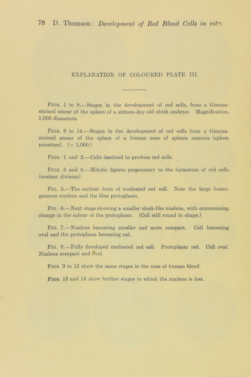 EXPLANATION OF COLOUBED PLATE III. Figs. 1 to 8.—Stages in the development of red cells, from a Giemsa- stained smear of the spleen of a sixteen-day-old chick embryo. Magnification, 1,000 diameters. Figs. 9 to 14.—Stages in the development of red cells from a Giemsa- stained smear of the spleen of a human case of splenic anaemia (spleen puncture), (x 1,000.) Figs. -1 and 2.—Cells destined to produce red cells. Figs. 3 and 4.—Mitotic figures preparatory to the formation of red cells (nuclear division). Fig. 5.—The earliest form of nucleated red cell. Note the large homo- geneous nucleus and the blue protoplasm. Fig. 6.—Next stage showing a smaller clock-like nucleus, with commencing change in the colour of the protoplasm. (Cell still round in shape.) Fig. 7.—Nucleus becoming smaller and more compact. Cell becoming oval and the protoplasm becoming red. Fig. 8.—Fully developed nucleated red cell. Protoplasm red. Cell oval. Nucleus compact and dval. Figs. 9 to 12 show the same stages in the case of human blood. Figs. 13 and 14 show further stages in wdiich the nucleus is lost.