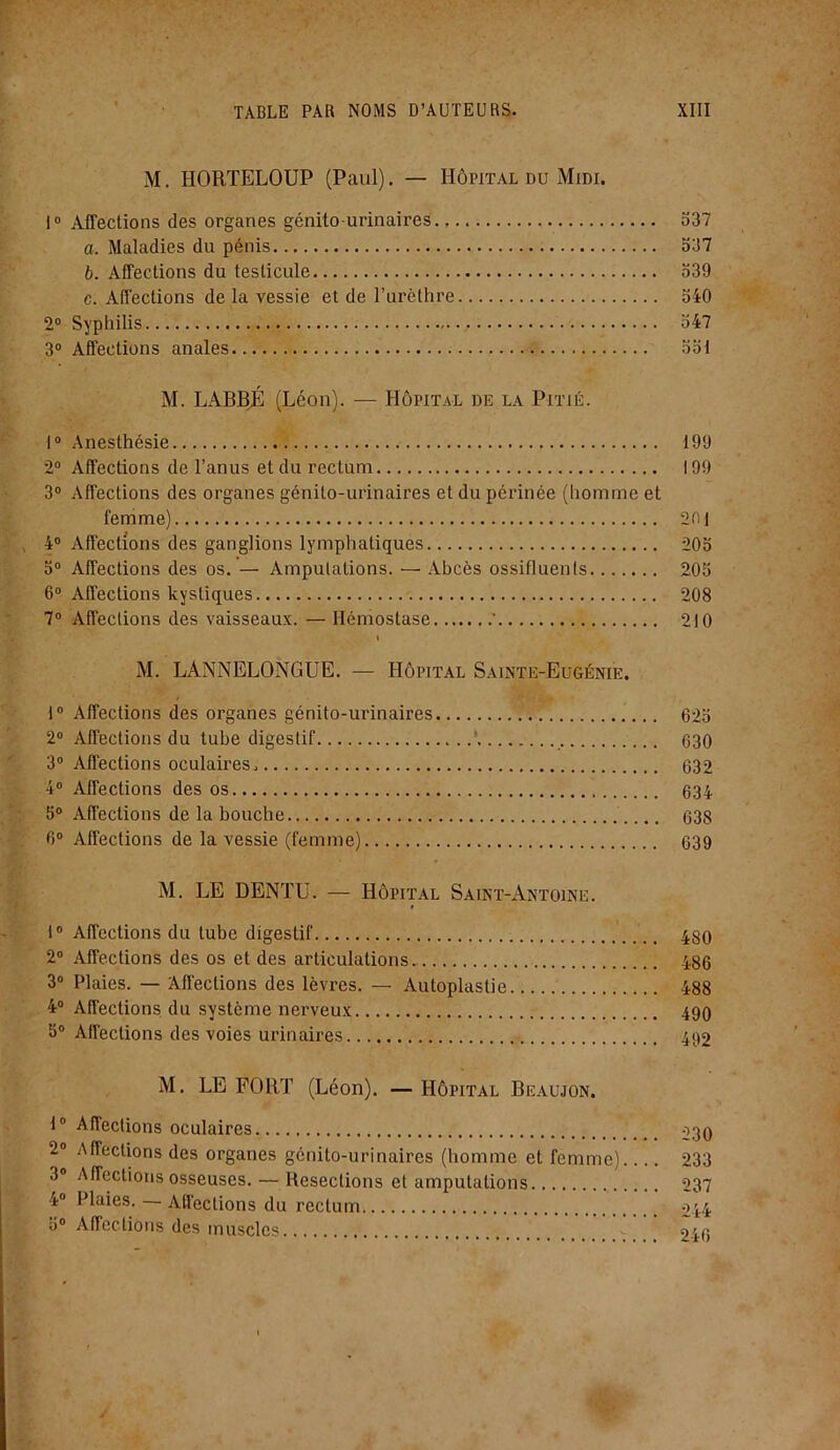 M. HORTELOUP (Paul). — Hôpital du Midi. 1° Affections des organes génito-urinaires. 537 a. Maladies du pénis 537 b. Affections du testicule 539 c. Affections de la vessie et de l’urèthre 540 2° Syphilis 547 3° Affections finales 551 M. LAJBBJÉ (Léon). — Hôpital de la Pitié. 1° Anesthésie 199 2° Affections de l’anus et du rectum 199 3° Affections des organes génito-urinaires et du périnée (homme et femme) 20 J 4° Affections des ganglions lymphatiques 205 5° Affections des os. — Amputations. — Abcès ossifluents 205 6° Affections kystiques 208 7° Affections des vaisseaux. — Hémostase ' 210 t M. LÀNNELONGUE. — Hôpital Sainte-Eugénie. 1° Affections des organes génito-urinaires 625 2° Affections du tube digestif ’ 030 3° Affections oculaires. 632 4° Affections des os 634 5° Affections de la bouche 638 6° Affections de la vessie (femme) 639 M. LE DENTU. — Hôpital Saint-Antoine. i° Affections du tube digestif 480 2° Affections des os et des articulations. 486 3° Plaies. — Affections des lèvres. — Autoplastie 488 4° Affections du système nerveux 490 5° Affections des voies urinaires 492 M. LE FORT (Léon). — Hôpital Beaujon. t° Affections oculaires -\30 2° Affections des organes génito-urinaires (homme et femme) 233 3° Affections osseuses. — Résections et amputations 237 4° Plaies. AffecLions du rectum 244 5° Affections des muscles 246