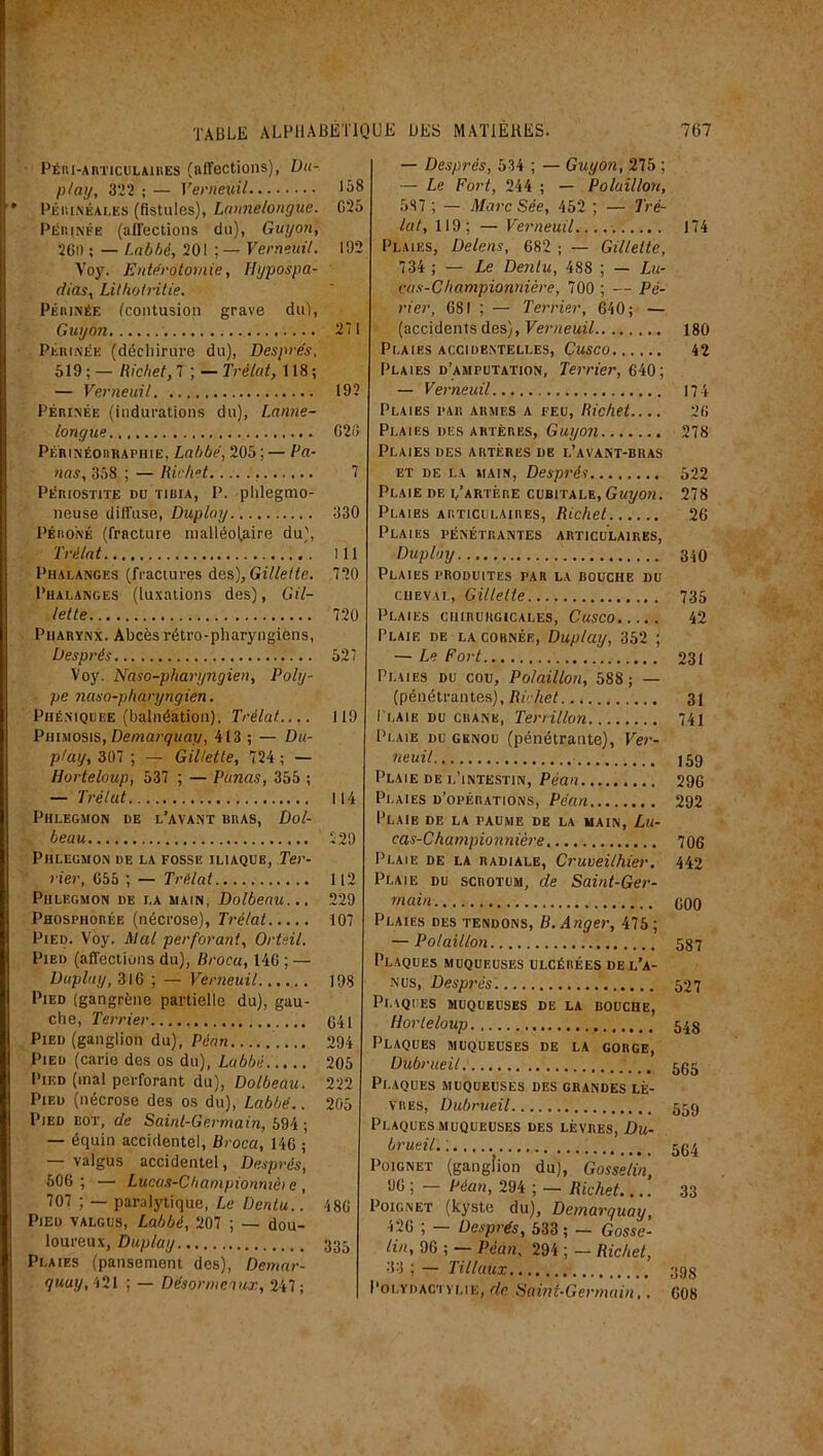 Péri-articulaires (affections), Du- play, 322 ; — Verneuil 158 Périnéales (fistules), Lannelongue. C25 Périnée (affections du), Guyon, 260 ; — Labbé, 201 ; — Verneuil. 192 Voy. Entérotomie, Hypospa- dias, Lithotritie. Périnée (contusion grave du), Guyon 271 Périnée (déchirure du), Després, 519 ; — Richet, 7 ; — Trétat, 118 ; — Verneuil 192 Périnée (indurations du), Lanne- longue 628 Périnéouraphie, Labbé, 205 ; — Pa- nas, 358 ; — Richet 7 Périostite du tibia, P. phlegmo- neuse diffuse, Duplay 330 Péroné (fracture malléolaire du), Phalanges (fractures des), Gillette. 720 Phalanges (luxations des), Gil- lette 720 Pharynx. Abcès rétro-pharyngiens, Després 527 Voy. Naso-pharyngien, Poly- pe naso-pharyngien. Phéniquee (balnéation), Trélat. 119 Phimosis, Demarquay, 413 ; — Du- play, 307 ; — Gillette, 724 ; — Horteloup, 537 ; — Panas, 355 ; — Trélat 114 Phlegmon de l’avant bras, Dol- beau 229 Phlegmon de la fosse iliaque, Ter- rier, 655 ; — Trélat 112 Phlegmon de la main, Dolbeau... 229 Phosphorée (nécrose), Trétat 107 Pied. Voy. Mal perforant, Orteil. Pied (affections du), Brocu, 146 ; — Duplay, 316 ; — Verneuil 198 Pied (gangrène partielle du), gau- che, Terrier 041 Pied (ganglion du), Pian 294 Pieu (carie des os du), Labbé 205 Pied (mal perforant du), Dolbeau. 222 Pied (nécrose des os du), Labbé.. 205 Pied bot, de Saint-Germain, 594 ; — équin accidentel, Broca, 146 ; — valgus accidentel, Després, 506 ; — Lucas-Championmè) e , 707 ; — paralytique, Le Dcntu.. 486 Pieu valgus, Labbé, 207 ; — dou- loureux, Duplay 335 Plaies (pansement des), Demar- quuy, 421 ; — Désormeaux, 247; — Després, 534 ; — Guyon, 275 ; — Le Fort, 244 ; — Polaillon, 587 ; — Marc Sée, 452 ; — Tré- lat, 119; — Verneuil. 174 Plaies, Delens, 682 ; — Gillette, 734 ; — Le Dentu, 488 ; — Lu- eas-Championnière, 700 ; — Pe- rler, 681 ; — Terrier, 640; — (accidents des), Verneuil 180 Plaies accidentelles, Cusco 42 Plaies d’amputation, Terrier, 640; — Verneuil 174 Plaies par armes a feu, Richet.... 26 Plaies des artères, Guyoji 278 Plaies des artères de l’avant-bras et de la main, Després 522 Plaie de i/artère cubitale, Guyon. 278 Plaies articulaires, Richet 26 Plaies pénétrantes articulaires, Duplay 340 Plaies produites tar la bouche du cheval, Gillette 735 Plaies chirurgicales, Cusco 42 Plaie de la cornée, Duplay, 352 ; — Le Fort 231 Plaies du cou, Polaillon, 588 ; — (pénétrantes), Rv-het 31 Plaie du crâne, Terrillon 741 Plaie du genou (pénétrante), Ver- neuil 159 Plaie de l’intestin, Peau 296 Plaies d’opérations, Péan 292 Plaie de la paume de la main, Lu- cas-Championnière 706 Plaie de la radiale, Cruveilhier. 442 Plaie du scrotum, de Saint-Ger- main 000 Plaies des tendons, B.Anger, 475 ; — Polaillon 537 Plaques muqueuses ulcérées de l’a- nus, Després. 527 Plaques muqueuses de la bouche, Horteloup., 548 Plaques muqueuses de la gorge, Dubrueit 565 Plaques muqueuses des grandes lè- vres, Dubrueil 559 Plaques muqueuses des lèvres, Du- brueil.: 564 Poignet (ganglion du), Gosselin, 96 ; — Péan, 294 ; — Richet 33 Poignet (kyste du), Demarquay, 426 ; — Després, 533; — Gosse- lin, 96 ; — Péan. 294 ; — Richet, 33 ; — Tilluux 39g Polydactvlie, de Saint-Germain.. 608