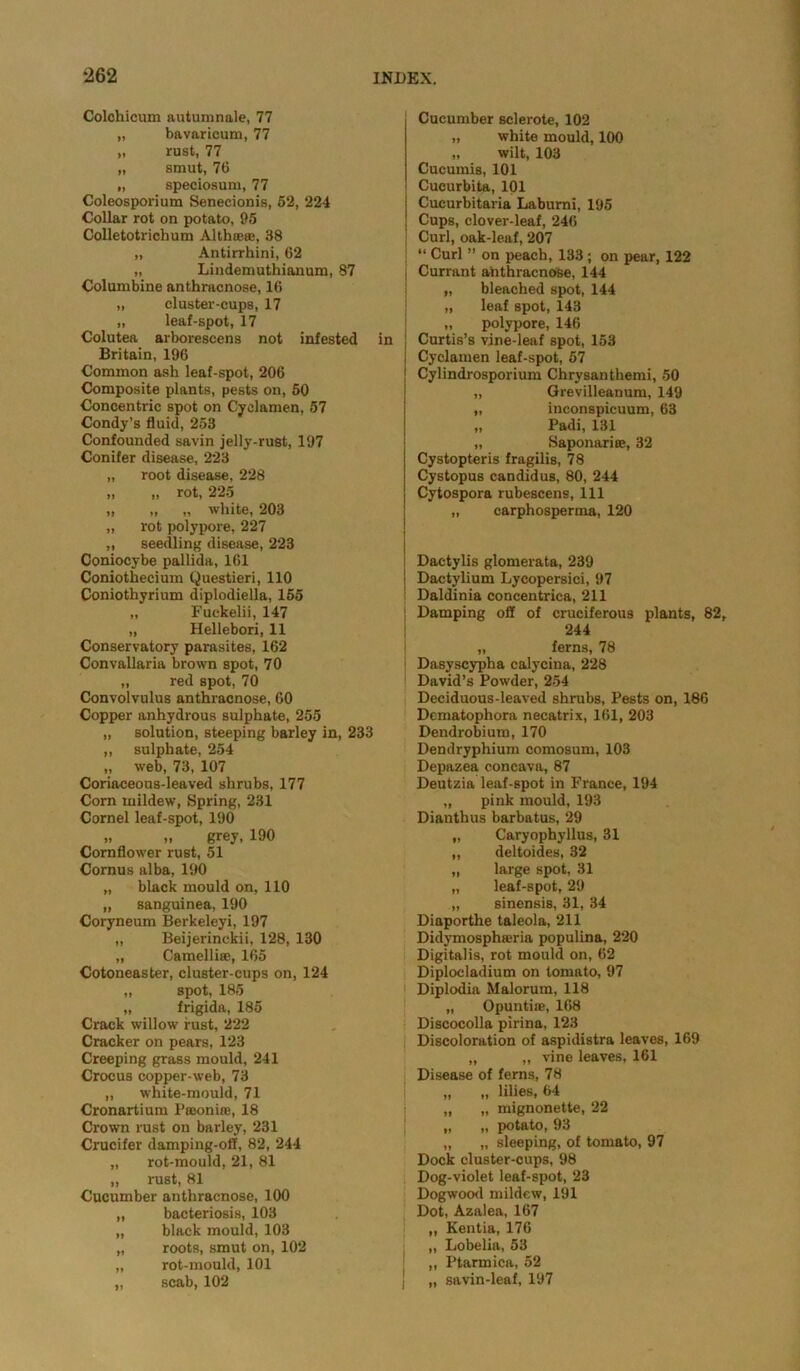 Colchicum autumnale, 77 „ bavaricum, 77 „ rust, 77 „ smut, 76 „ speciosum, 77 Coleosporium Senecionis, 52, 224 Collar rot on potato, 95 Colletotrichum Althaeas, 38 „ Antirrhini, 62 „ Lindemuthianum, 87 Columbine anthracnose, 16 „ cluster-cups, 17 „ leaf-spot, 17 Colutea arborescens not infested in Britain, 196 Common ash leaf-spot, 206 Composite plants, pests on, 50 Concentric spot on Cyclamen, 57 Condy’s fluid, 253 Confounded savin jelly-rust, 197 Conifer disease, 223 „ root disease, 228 „ „ rot, 225 „ „ „ white, 203 „ rot polypore, 227 „ seedling disease, 223 Coniocybe pallida, 161 Coniothecium Questieri, 110 Coniothyrium diplodiella, 155 „ Fuckelii, 147 „ Hellebori, 11 Conservatory parasites, 162 Convallaria brown spot, 70 „ red spot, 70 Convolvulus anthracnose, 60 Copper anhydrous sulphate, 255 „ solution, steeping barley in, 233 „ sulphate, 254 „ web, 73, 107 Coriaceous-leaved shrubs, 177 Corn mildew, Spring, 231 Cornel leaf-spot, 190 » » grey, 190 Cornflower rust, 51 Cornus alba, 190 „ black mould on, 110 „ sanguines, 190 Coryneum Berkeleyi, 197 „ Beijerinckii, 128, 130 „ Camellia, 165 Cotoneaster, cluster-cups on, 124 „ spot, 185 „ frigida, 185 Crack willow rust, 222 Cracker on pears, 123 Creeping grass mould, 241 Crocus copper-web, 73 „ white-mould, 71 Cronartium Pasonire, 18 Crown rust on barley, 231 Crucifer damping-off, 82, 244 „ rot-mould, 21, 81 „ rust, 81 Cucumber anthracnose, 100 „ bacteriosis, 103 „ black mould, 103 „ roots, smut on, 102 „ rot-mould, 101 „ scab, 102 Cucumber sclerote, 102 „ white mould, 100 „ wilt, 103 Cucumis, 101 Cucurbits, 101 Cucurbitaria Laburni, 195 Cups, clover-leaf, 246 Curl, oak-leaf, 207 “ Curl ” on peach, 133; on pear, 122 Currant anthracnose, 144 „ bleached spot, 144 „ leaf spot, 143 „ polypore, 146 Curtis’s vine-leaf spot, 153 Cyclamen leaf-spot, 57 Cylindrosporium Chrysanthemi, 50 „ Grevilleanum, 149 „ inconspicuum, 63 „ Padi, 131 „ Saponariffi, 32 Cystopteris fragilis, 78 Cystopus candidus, 80, 244 Cytospora rubescens. 111 „ carphosperma, 120 Dactylis glomerata, 239 Dactylium Lycopersici, 97 Daldinia concentrica, 211 Damping off of cruciferous plants, 82, 244 „ ferns, 78 Dasyscypha calycina, 228 David’s Powder, 254 Deciduous-leaved shrubs, Pests on, 186 Dematophora necatrix, 161, 203 Dendrobium, 170 Dendryphium comosum, 103 Depazea concava, 87 Deutzia leaf-spot in France, 194 „ pink mould, 193 Dianthus barbatus, 29 „ Caryophyllus, 31 „ deltoides, 32 „ large spot, 31 „ leaf-spot, 29 „ sinensis, 31, 34 Diaporthe taleola, 211 Didymospha-ria populina, 220 Digitalis, rot mould on, 62 Diplocladium on tomato, 97 Diplodia Malorum, 118 „ Opuntiae, 168 Discocolla pirina, 123 Discoloration of aspidistra leaves, 169 „ „ vine leaves, 161 Disease of ferns, 78 „ „ lilies, 64 „ „ mignonette, 22 „ „ potato, 93 „ „ sleeping, of tomato, 97 Dock cluster-cups, 98 Dog-violet leaf-spot, 23 Dogwood mildew, 191 Dot, Azalea, 167 „ Kentia, 176 „ Lobelia, 53 „ Ptarmica, 52 „ savin-leaf, 197