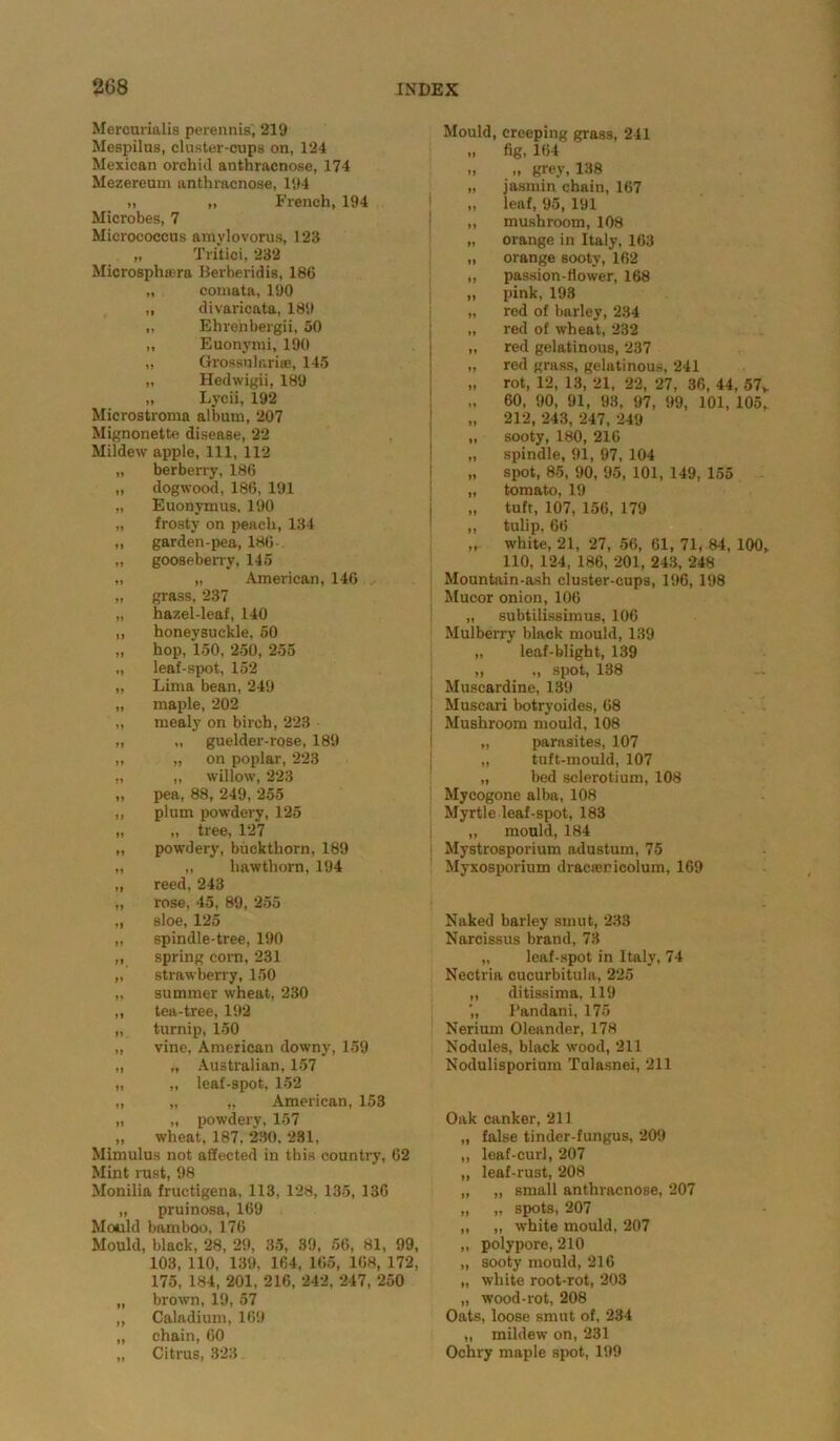 Mercurialis perennisj 219 Mespilas, cluster-cups on, 124 Mexican orchid anthracnose, 174 Mezereum anthracnose, 194 ,, „ French, 194 Microbes, 7 Micrococcus amylovorus, 123 „ Tritici, 232 Microsphaera Berberidis, 186 „ comata, 190 „ divaricata, 189 „ Ehrehbergii, 50 „ Euonyrai, 190 „ Grossulari®, 145 „ Hedwigii, 189 „ Lycii, 192 Microstroma album, 207 Mignonette disease, 22 Mildew apple, 111, 112 „ berberry, 186 „ dogwood, 186, 191 „ Euonymus. 190 „ frosty on peach, 134 „ garden-pea, 186- „ gooseberry, 145 „ „ American, 146 . „ grass, 237 „ hazel-leaf, 140 ,, honeysuckle, 50 „ hop, 150, 250, 255 „ leaf-spot, 152 „ Lima bean, 249 „ maple, 202 „ mealy on birch, 223 „ „ guelder-rose, 189 „ „ on poplar, 223 ,, „ willow, 223 „ pea, 88, 249, 255 ,, plum powdery, 125 „ „ tree, 127 „ powdery, buckthorn, 189 „ „ hawthorn, 194 „ reed, 243 „ rose, 45, 89, 255 „ sloe, 125 „ spindle-tree, 190 ,, spring corn, 231 „ strawberry, 150 „ summer wheat, 230 ,, tea-tree, 192 „ turnip, 150 „ vine, American downy, 159 „ „ Australian, 157 „ „ leaf-spot, 152 „ „ „ American, 153 „ „ powdery, 157 „ wheat, 187, 230, 281, Mimulus not affected in this country, 62 Mint rust, 98 Monilia fructigena, 113. 128, 135, 136 „ pruinosa, 169 Mould bamboo, 176 Mould, black, 28, 29, 35, 39, 56, 81, 99, 103, 110, 139, 164, 165, 168, 172, 175, 184, 201, 216, 242, 247, 250 „ brown, 19, 57 „ Caladium, 169 „ chain, 60 „ Citrus, 323. Mould, creeping grass, 241 „ fig, 164 „ „ grey, 138 „ jasmin chain, 167 „ leaf, 95, 191 „ mushroom, 108 „ orange in Italy, 163 „ orange sooty, 162 „ passion-flower, 168 „ pink, 193 „ red of barley, 234 „ red of wheat, 232 „ red gelatinous, 237 „ red grass, gelatinous, 241 „ rot, 12, 13, 21, 22, 27, 36, 44, 57v „ 60, 90, 91, 93, 97, 99, 101, 105, „ 212, 243, 247, 249 „ sooty, 180, 216 „ spindle, 91, 97, 104 „ spot, 85, 90, 95, 101, 149, 155 „ tomato, 19 „ tuft, 107, 156, 179 „ tulip, 66 white, 21, 27, 56, 61, 71, 84, 100, 110, 124, 186, 201, 243, 248 Mountain-ash cluster-cups, 196,198 Mucor onion, 106 „ subtilissimus, 106 Mulberry black mould, 139 „ leaf-blight, 139 „ „ spot, 138 Muscardine, 139 Muscari botryoides, 68 Mushroom mould, 108 „ parasites, 107 „ tuft-mould, 107 „ bed sclerotium, 108 Mycogone alba, 108 Myrtle leaf-spot, 183 „ mould, 184 Mystrosporium adustum, 75 Myxosporium drawee icolum, 169 Naked barley smut, 233 Narcissus brand, 73 „ leaf-spot in Italy, 74 Nectria cucurbitula, 225 „ ditissima, 119 Pandani, 175 Nerium Oleander, 178 Nodules, black wood, 211 Nodulisporium Tulasnei, 211 Oak canker, 211 „ false tinder-fungus, 209 „ leaf-curl, 207 „ leaf-rust, 208 „ „ small anthracnose, 207 „ „ spots, 207 „ „ white mould, 207 „ polypore, 210 „ sooty mould, 216 „ white root-rot, 203 „ wood-rot, 208 Oats, loose smut of, 234 „ mildew on, 231 Ochry maple spot, 199