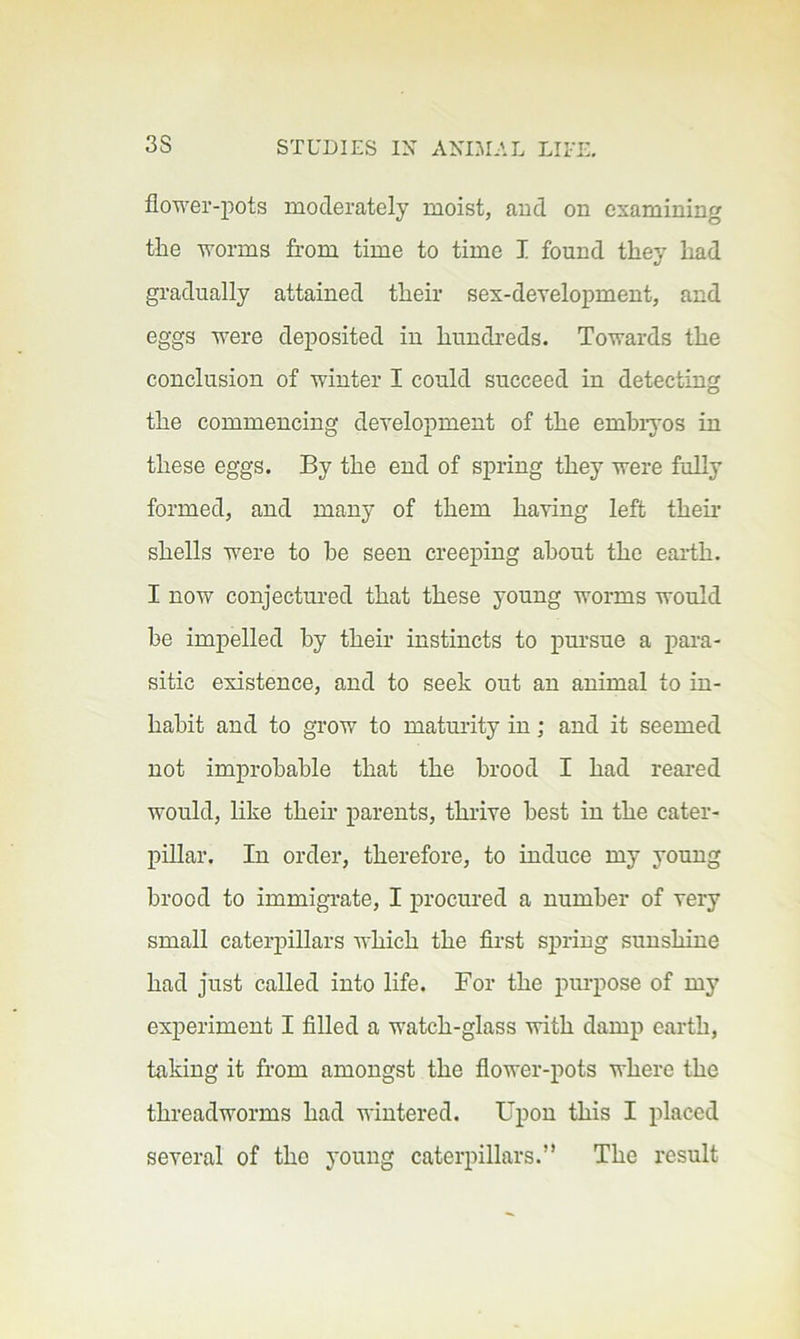 flower-pots moderately moist, aud on examining the worms from time to time I found they had gradually attained their sex-development, and eggs were deposited in hundreds. Towards the conclusion of winter I could succeed in detecting the commencing development of the emhiyos in these eggs. By the end of spring they were fully formed, and many of them having left their shells were to he seen creeping about the earth. I now conjectured that these young worms would be impelled by their instincts to pursue a para- sitic existence, and to seek out an animal to in- habit and to grow to maturity in; and it seemed not improbable that the brood I had reared would, like theii’ parents, thrive best in the cater- pillar. In order, therefore, to induce my young brood to immigrate, I procured a number of very small caterpillars which the first sj)ring sunshine had just called into life. For the purpose of my experiment I filled a watch-glass with damp earth, taking it from amongst the flower-pots where the threadworms had wintered. Upon this I placed several of the young caterpillars.” The result