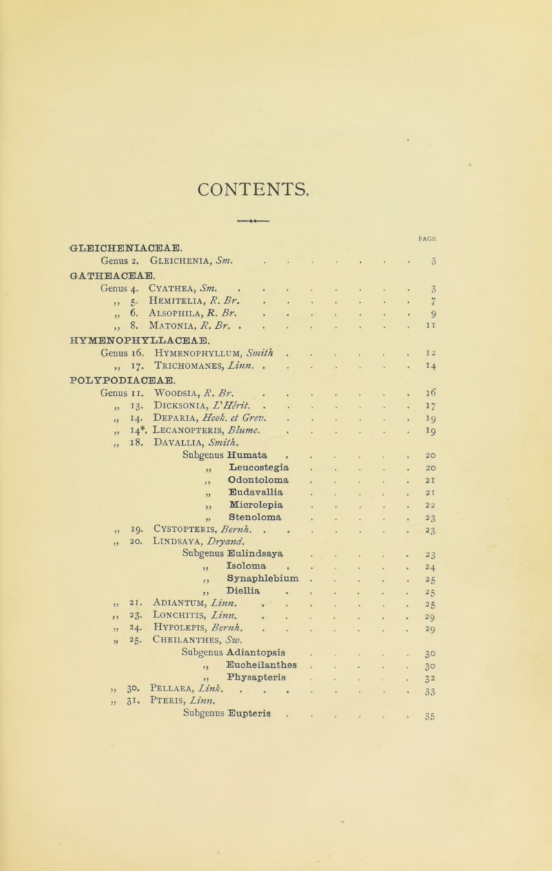 CONTENTS GLEICHENIACEAE. Genus 2. Gleichenia, Sm. GATHEACEAE. Genus 4. Cyathea, Sm. ,, 5. Hemitelia, A. Br. „ 6. Alsophila, R. Br. ,, 8. Matonia, R. Br. . HYMENOPHYLLACEAE. Genus 16. Hymenophyllum, Smith . „ 17. Trichomanes, Linn. . POLYPODIACEAE. Genus 11. Woodsia, R. Br. „ 13. Dicksonia, VHerit. . „ 14. Deparia, Hook, et Grev. „ 14*. Lecanopteris, Blumc. „ 18. Davallia, Smith. Subgenus Humata „ Leucostegia ,, Odontoloma „ Eudavallia ,, Microlepia „ Stenoloma „ 19. Cystopteris, Bernh. . „ 20. LlNDSAYA, Dry and. Subgenus Eulindsaya „ Isoloma ,, Synaphlebium ,, Die Ilia „ 21. Adiantum, Linn. ,, 23. Lonchitis, Linn. „ 24. Hypolepis, Bernh. „ 25. Cheilanthes, Sw. Subgenus Adiantopsis ,, Eucheilanthes ,, Physapteris „ 30. Pellaea, Link. „ 31. PTERIS, Linn. Subgenus Eupteris PAGE 3 o 7 9 11 12 16 17 19 19 20 20 21 21 22 23 23 23 24 25 25 25 29 29 3° 3° 32 33 35