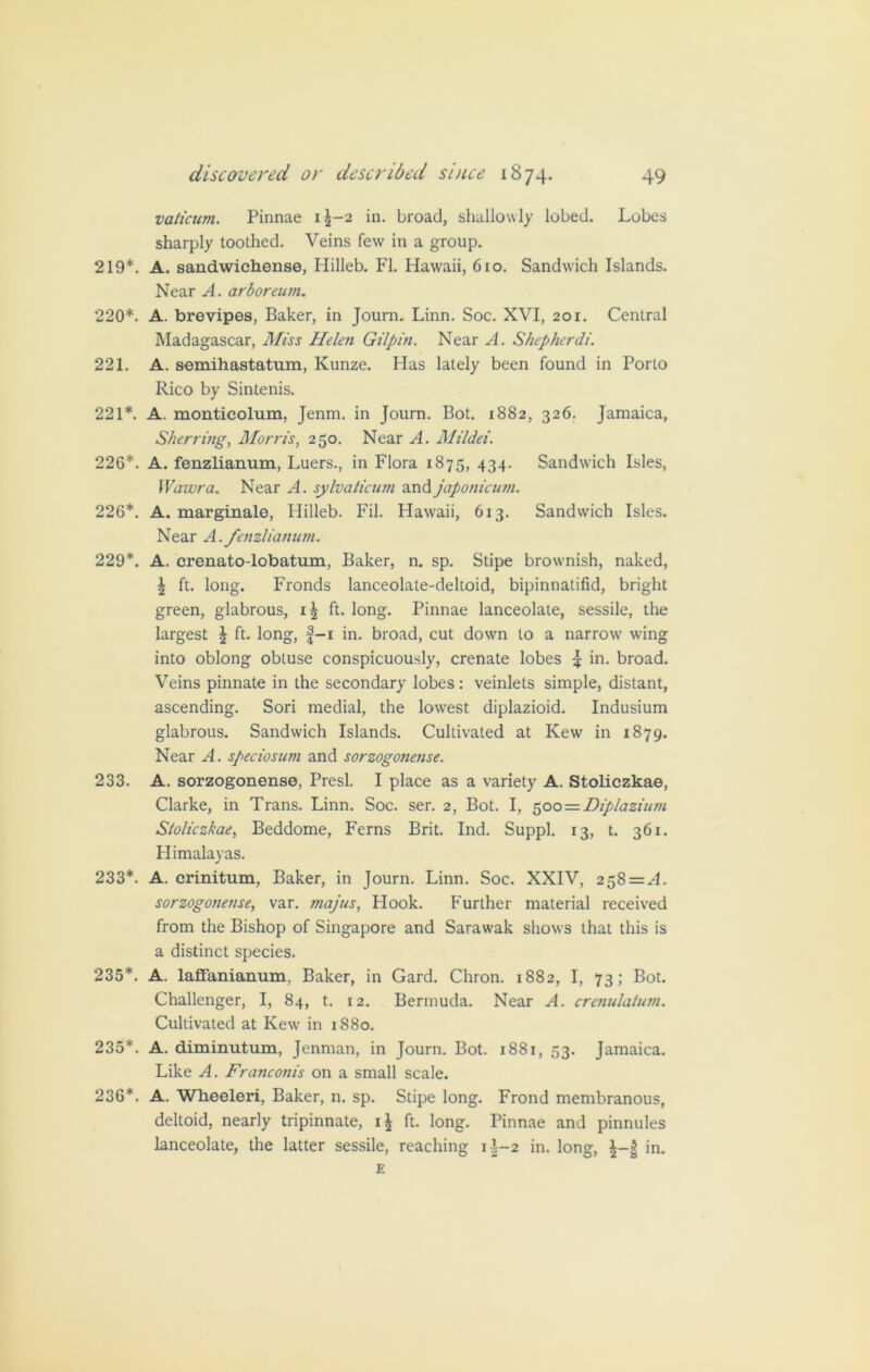 vaticum. Pinnae i|-2 in. broad, shallowly lobed. Lobes sharply toothed. Veins few in a group. 219*. A. sandwichense, Hilleb. FI. Hawaii, 610. Sandwich Islands. Near A. arboreum. 220*. A. brevipes, Baker, in Journ. Linn. Soc. XVI, 201. Central Madagascar, Miss Helen Gilpin. Near A. Shepherdi. 221. A. semihastatum, Kunze. Has lately been found in Porto Rico by Sintenis. 221*. A. monticolum, Jenm. in Journ. Bot. 1882, 326. Jamaica, Sherring, Morris, 250. Near A. Mildei. 226*. A. fenzlianum, Luers., in Flora 1875, 434. Sandwich Isles, Waivra. Near A. sylvaticum and japonicum. 226*. A. marginale, Hilleb. Fil. Hawaii, 613. Sandwich Isles. Near A. fenzlianum. 229*. A. crenato-lobatum, Baker, n. sp. Stipe brownish, naked, £ ft. long. Fronds lanceolate-deltoid, bipinnatifid, bright green, glabrous, 1^ ft. long. Pinnae lanceolate, sessile, the largest £ ft. long, f-i in. broad, cut down to a narrow wing into oblong obtuse conspicuously, crenate lobes 5 in. broad. Veins pinnate in the secondary lobes : veinlets simple, distant, ascending. Sori medial, the lowest diplazioid. Indusium glabrous. Sandwich Islands. Cultivated at Kew in 1879. Near A. speciosum and sorzogonense. 233. A. sorzogonense, Presl. I place as a variety A. Stoliczkae, Clarke, in Trans. Linn. Soc. ser. 2, Bot. I, 500 = Diplazium Stoliczkae, Beddome, Ferns Brit. Ind. Suppl. 13, t. 361. Plimalayas. 233*. A. erinitum, Baker, in Journ. Linn. Soc. XXIV, 258 = A. sorzogonense, var. majus, Hook. Further material received from the Bishop of Singapore and Sarawak shows that this is a distinct species. 235*. A. lafFanianum, Baker, in Gard. Chron. 1882, I, 73; Bot. Challenger, I, 84, t. 12. Bermuda. Near A. crenulalum. Cultivated at Kew in 1880. 235*. A. diminutum, Jenman, in Journ. Bot. 1881, 53. Jamaica. Like A. Franconis on a small scale. 236*. A. Wheeleri, Baker, n. sp. Stipe long. Frond membranous, deltoid, nearly tripinnate, ft. long. Pinnae and pinnules lanceolate, the latter sessile, reaching 1L-2 in. long, in. E