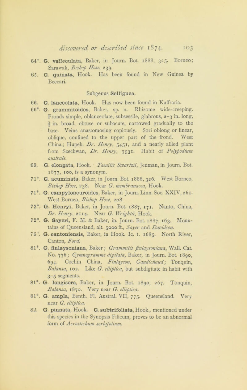64*. G. valleculata, Baker, in Journ. Bot. 1888, 325. Borneo; Sarawak, Bishop Hose, 239. 65. G. quinata, Hook. Has been found in New Guinea by Beccari. Subgenus Selliguea. 66. G. lanceolata, Hook. Has now been found in Kaffraria. 66*. G. grammitoid.es, Baker, sp. n. Rhizome wide-creeping. Fronds simple, oblanceolate, subsessile, glabrous, 2-3 in. long, ^ in. broad, obtuse or subacute, narrowed gradually to the base. Veins anastomosing copiously. Sori oblong or linear, oblique, confined to the upper part of the frond. West China; Hupeh. Dr. Iletiry, 5451, and a nearly allied plant from Szechwan, Dr. Henry, 7531. Habit of Polypodium australe. 69. G. elongata, Hook. Taenitis Sioartzii, Jenman, in Journ. Bot. 1877, 100, is a synonym. 71*. G. acuminata, Baker, in Journ. Bot. 1888, 326. West Borneo, Bishop Hose, 238. Near G. membranacea, Hook. 71*. G. eampyloneuroides, Baker, in Journ. Linn. Soc. XXIV, 261. West Borneo, Bishop Hose, 208. 72*. G. Henryi, Baker, in Journ. Bot. 1887, 171. Nanto, China, Dr. Henry, 2114. Near G. Wrightii, Hook. 72*. G. Sayeri, F. M. & Baker, in. Journ. Bot. 1887, 163. Moun- tains of Queensland, alt. 5000 ft., Sayer and Davidson. 76 :. G. cantoniensis, Baker, in Hook. Ic. t. 1685. North River, Canton, Ford. 81*. G. finlaysoniana, Baker; Grammiiis finlaysoniana, Wall. Cat. No. 776; Gymnogramme digi/a/a, Baker, in Journ. Bot. 1890, 694. Cochin China, Finlayson, Gaudichaud; Tonquin, Balansa, 102. Like G. elliptica, but subdigitate in habit with 3-5 segments. 81*. G. longisora, Baker, in Journ. Bot. 1890, 267. Tonquin, Balansa, 1870. Very near G. elliptica. 81*. G. ampla, Benth. FI. Austral. VII, 775. Queensland. Very near G. elliptica. 82. G. pinnata, Hook. G. subtrifoliata, Hook., mentioned under this species in the Synopsis Filicum, proves to be an abnormal form of Acrostichum sorbifolium.