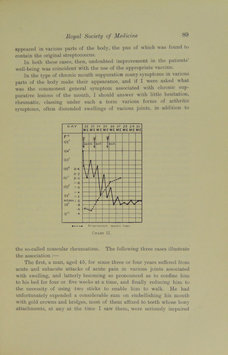 appeared in various parts of the body, the pus of which was found to contain the original streptococcus. In both these cases, then, undoubted improvement in the patients’ well-being was coincident with the use of the appropriate vaccine. In the type of chronic mouth suppuration many symptoms in various parts of the body make their appearance, and if I were asked what was the commonest general symptom associated with chronic sup- purative lesions of the mouth, I should answer with little hesitation, rheumatic, classing under such a term various forms of arthritic symptoms, often distended swellings of various joints, in addition to Chart II. the so-called muscular rheumatism. The following three cases illustrate the association :— The first, a man, aged 45, for some three or four years suffered from acute and subacute attacks of acute pain in various joints associated with swelling, and latterly becoming so pronounced as to confine him to his bed for four or five weeks at a time, and finally reducing him to the necessity of using two sticks to enable him to walk. He had unfortunately expended a considerable sum on embellishing his mouth with gold crowns and bridges, most of them affixed to teeth whose bony attachments, at any at the time I saw them, were seriously impaired