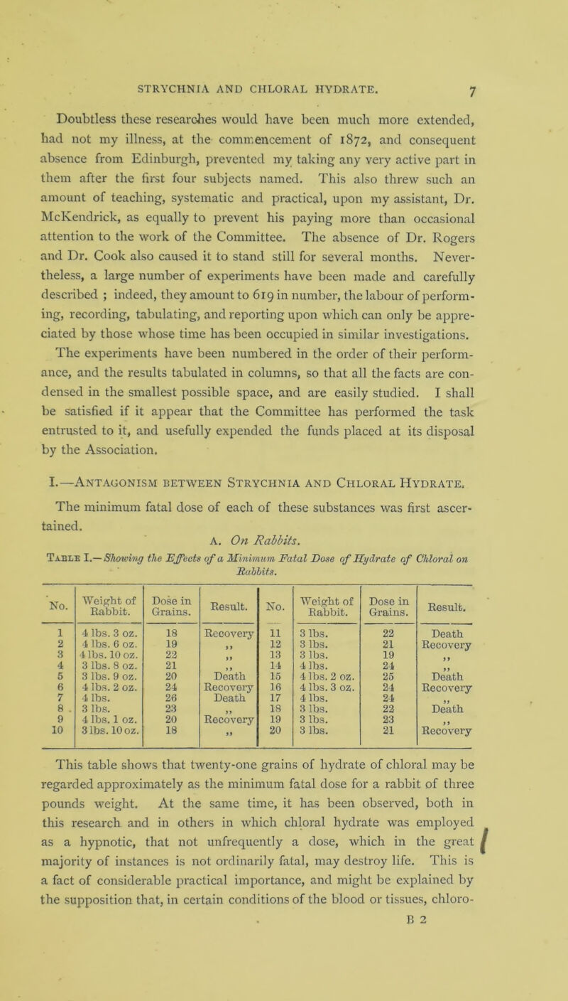 Doubtless these researches would have been much more extended, had not my illness, at the commencement of 1872, and consequent absence from Edinburgh, prevented my taking any very active part in them after the first four subjects named. This also threw such an amount of teaching, systematic and practical, upon my assistant, Dr. McKendrick, as equally to prevent his paying more than occasional attention to the work of the Committee. The absence of Dr. Rogers and Dr. Cook also caused it to stand still for several months. Never- theless, a large number of experiments have been made and carefully described ; indeed, they amount to 619 in number, the labour of perform- ing, recording, tabulating, and reporting upon which can only be appre- ciated by those whose time has been occupied in similar investigations. The experiments have been numbered in the order of their perform- ance, and the results tabulated in columns, so that all the facts are con- densed in the smallest possible space, and are easily studied. I shall be satisfied if it appear that the Committee has performed the task entrusted to it, and usefully expended the funds placed at its disposal by the Association. I.—Antagonism between Strychnia and Chloral Hydrate. The minimum fatal dose of each of these substances was first ascer- tained. A. On Rabbits. Table I.— Showing the Effects of a Minimum Fatal Dose of Hydrate of Chloral on Fabbits. No. Weight of Rabbit. Dose in Grains. Result. No. Weight of Rabbit. Dose in Grains. Result. 1 4 lbs. 3 oz. 18 Recovery 11 3 lbs. 22 Death 2 4 lbs. 6 oz. 19 > » 12 3 lbs. 21 Recovery 3 4 lbs. 10 oz. 22 13 3 lbs. 19 4 3 lbs. 8 oz. 21 11 4 lbs. 24 if Death 5 3 lbs. 9 oz. 20 Death 15 4 lbs. 2 oz. 25 6 4 lbs. 2 oz. 24 Recovery 16 4 lbs.3 oz. 24 Recovery 7 4 lbs. 26 Death 17 4 lbs. 24 if Death 8 . 3 lbs. 23 18 3 lbs. 22 9 4 lbs. 1 oz. 20 Recovery 19 3 lbs. 23 10 3 lbs. 10 oz. 18 fi 20 3 lbs. 21 Recovery This table shows that twenty-one grains of hydrate of chloral may be regarded approximately as the minimum fatal dose for a rabbit of three pounds weight. At the same time, it has been observed, both in this research and in others in which chloral hydrate was employed as a hypnotic, that not unfrequently a dose, which in the great majority of instances is not ordinarily fatal, may destroy life. This is a fact of considerable practical importance, and might be explained by the supposition that, in certain conditions of the blood or tissues, chloro- P, 2