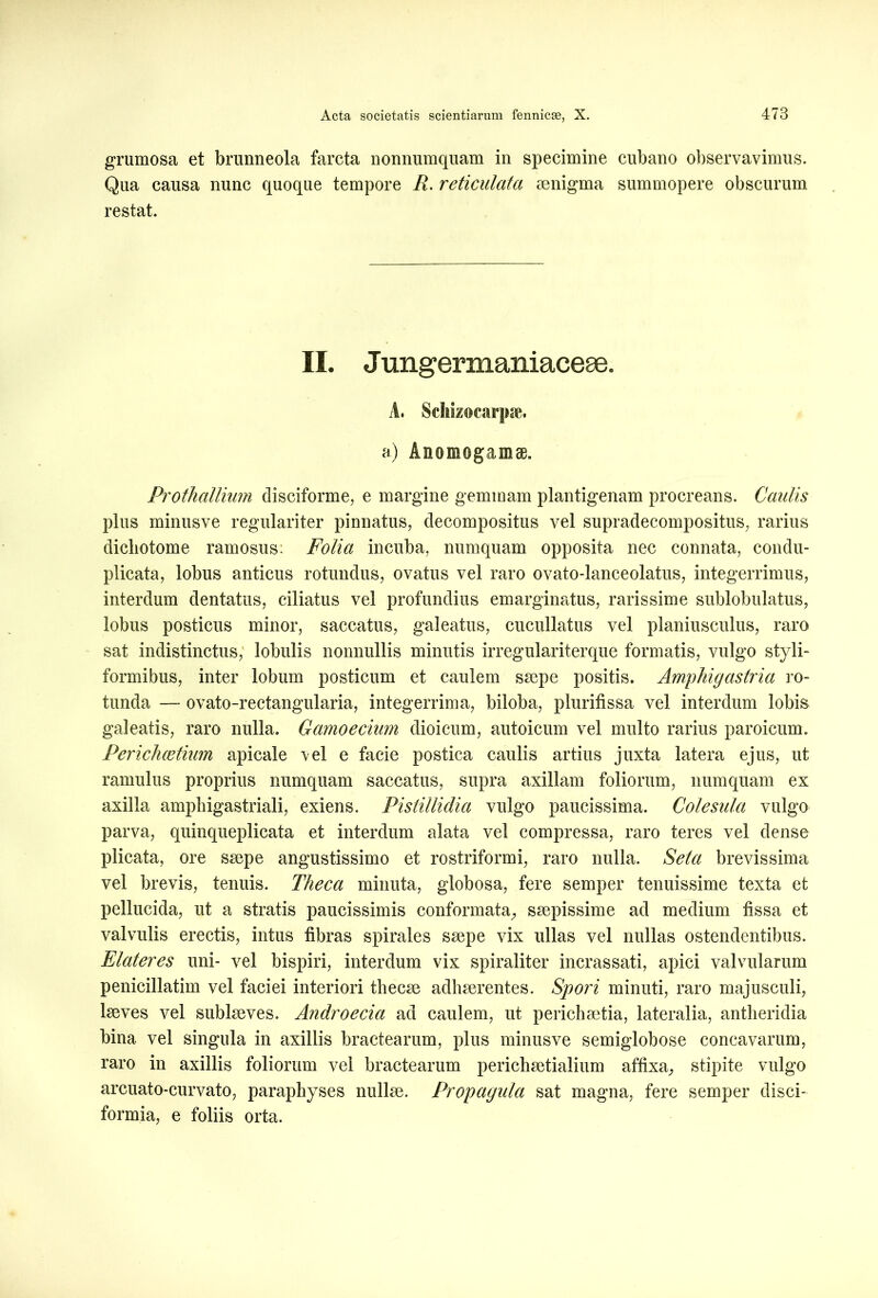 grumosa et brunneola farcta nonnumquam in specimine cubano observavimus. Qua causa nunc quoque tempore R. reticulata aenigma summopere obscurum restat. II. Jungermaniaceae. A. Schizocarpse. a) Anomogamae. Prothallium disciforme, e margine gemmam plantigenam procreans. Caulis plus minusve regulariter pinnatus, decompositus vel supradecompositus, rarius dicliotome ramosus: Folia incuba, numquam opposita nec connata, condu- plicata, lobus anticus rotundus, ovatus vel raro ovato-lanceolatus, integerrimus, interdum dentatus, ciliatus vel profundius emarginatus, rarissime sublobulatus, lobus posticus minor, saccatus, galeatus, cucullatus vel planiusculus, raro sat indistinctus; lobulis nonnullis minutis irregulariterque formatis, vulgo styli- formibus, inter lobum posticum et caulem ssepe positis. Amphigastria ro- tunda — ovato-rectangularia, integerrima, biloba, plurifissa vel interdum lobis galeatis, raro nulla. Gamoecium dioicum, autoicum vel multo rarius paroicum. Perichcetium apicale vel e facie postica caulis artius juxta latera ejus, ut ramulus proprius numquam saccatus, supra axillam foliorum, numquam ex axilla amphigastriali, exiens. Pistillidia vulgo paucissima. Colesula vulgo parva, quinqueplicata et interdum alata vel compressa, raro teres vel dense plicata, ore saepe angustissimo et rostriformi, raro nulla. Seta brevissima vel brevis, tenuis. Theca minuta, globosa, fere semper tenuissime texta et pellucida, ut a stratis paucissimis conformata, saepissime ad medium fissa et valvulis erectis, intus fibras spirales saepe vix ullas vel nullas ostendentibus. Elateres uni- vel bispiri, interdum vix spiraliter incrassati, apici valvularum penicillatim vel faciei interiori thecae adhaerentes. Spori minuti, raro majusculi, laeves vel sublaeves. Androecia ad caulem, ut perichaetia, lateralia, antheridia bina vel singula in axillis bractearum, plus minusve semiglobose concavarum, raro in axillis foliorum vel bractearum perichaetialium affixa, stipite vulgo arcuato-curvato, paraphyses nullae. Propagula sat magna, fere semper disci- formia, e foliis orta.