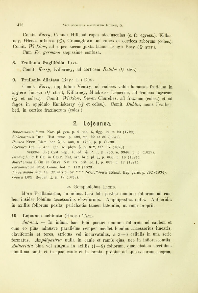 Comit. Kerry, Comior Hili, ad rupes sicciusculas (c. fr. egress.), Killar- ney, Grlena, arborea (cJ), Cromaglown, ad rupes et cortices arborum (coles.). Comit. Wicklow, ad rupes siccas juxta lacum Lougli Bray (§ ster.). Cum Fr. germana smpissime confusa. 8. Erullania fragilifolia Tayl. Comit. Kerry, Killarney, ad corticem Betulae (§ ster.). 9. Frullania dilatata (Ray.; L.) Dum. Comit. Kerry, oppidulum Ventry, ad radices valde humosas fruticum in aggere limoso ster.), Killarney, Muckross Demesne, ad truncos fagorum (cJ et coles.). Comit. Wicklow, Seven Churehes, ad fraxinos (coles.) et ad fagos in oppidulo Enniskerry (<5 et coles.). Comit. JDublin, mons Feather- bed, in cortice fraxinorum (coles.). 2. Lejeunea. Jungermania Mich. Nov. pl. gen. p. 9, tab. 6, figg. 19 et 20 (1729). Lichenastrum Dxll. Hist. musc. p. 499, no. 29 et 30 (1741). Heimea Neck. Elem. bot. 3, p. 338, n. 1756, p. p. (1790). Lejeunea Lib. in Ann. gen. sc. phys. 6, p. 372, tab. 97 (1820). Spreng. (L.) Syst. veg., 16 ed., 4, P. 1, p. 233, n. 3348, p. p. (1827). Pandulpliinia B.Gr. in Gray. Nat. arr. brit. pi. 1, p. 688, n. 16 (1821). Marchesinia B.Gr. in Gray. Nat. arr. brit. pl. 1, p. 689, n. 17 (1821). Phragmicoma Dum. Coram, bot. p. 112 (1823). Jungermania sect. 14. Tamariscinece *** Serpyllifolece Huben. Hep. gerra, p. 292 (1834). Colura Dum. Recueil, 1, p. 12 (1835). a. Gompbolobus Lindb. More Frullaniarum, in infima basi lobi postici omnium foliorum ad cau- lem insidet lobulus accessorius claviformis. Amphigastria nulla. Antheridia in axillis foliorum posita, perichsetia tamen lateralia, ut rami proprii. 10. Lej eunea echinata (Hook.) Tayl. Autoica. — In infima basi lobi postici omnium foliorum ad caulem et cum eo plus minusve parallelus semper insidet lobulus accessorius linearis, claviformis et teres, strictus vel incurvatulus, a 3—6 cellulis in una serie formatus. Amphigastria nulla in caule et ramis ejus, nec in inflorescentiis. Antheridia bina vel singula in axillis (1—8) foliorum, quse eisdem sterilibus simillima sunt, et in ipso caule et in ramis, propius ad apices eorum, magna,