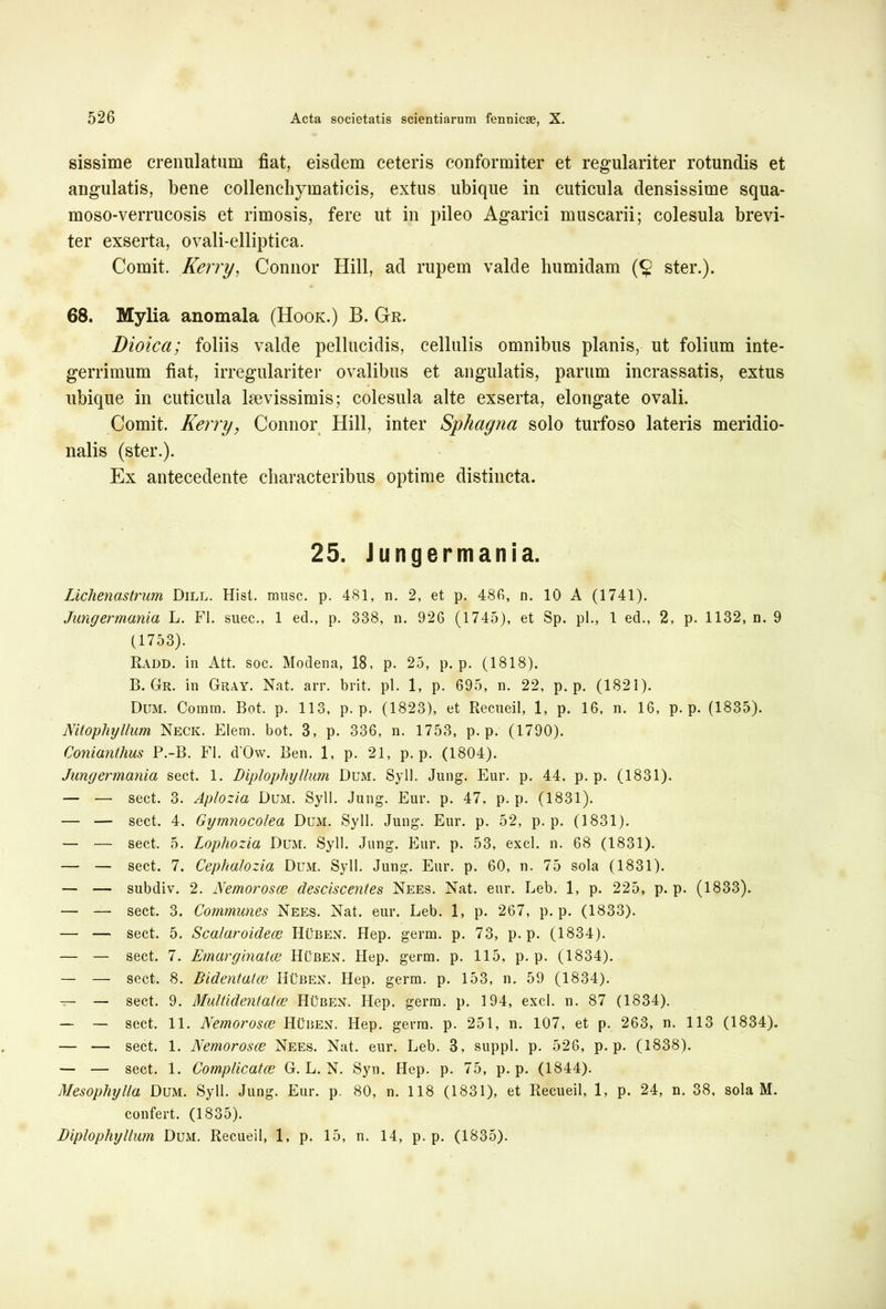 sissime crenulatum fiat, eisdem ceteris conformiter et regulariter rotundis et angulatis, bene collenchymaticis, extus ubique in cuticula densissime squa- moso-verrucosis et rimosis, fere ut in pileo Agarici muscarii; colesula brevi- ter exserta, ovali-elliptica. Comit. Kerry, Connor Hili, ad rupem valde humidam (§ ster.). 68. Mylia anomala (Hook.) B. Gr. Dioica; foliis valde pellucidis, cellulis omnibus planis, ut folium inte- gerrimum fiat, irregulariter ovalibus et angulatis, parum incrassatis, extus ubique in cuticula laevissimis; colesula alte exserta, elongate ovali. Comit. Kerry, Connor Hili, inter Sphagna solo turfoso lateris meridio- nalis (ster.). Ex antecedente characteribus optime distincta. 25. Jungermania. Lichenastrum Dilt^. Hist. musc. p. 481, n. 2, et p. 486, n. 10 A (1741). Jungermania L. FI. suec., 1 ed., p. 338, n. 926 (1745), et Sp. pl., 1 ed., 2, p. 1132, n. 9 (1753). Radd. in Att. soc. Modena, 18, p. 25, p. p. (1818). B. Gr. in Gray. Nat. arr. brit. pl. 1, p. 695, n. 22, p. p. (1821). Dum. Comm. Bot. p. 113, p. p. (1823), et Recueil, 1, p. 16, n. 16, p. p. (1835). Nitophyllum Neck. Elem. bot. 3, p. 336, n. 1753, p. p. (1790). Conianthus P.-B. FI. d'Ow. Ben. 1, p. 21, p. p. (1804). Jungermania sect. 1. Diplophyllum Dum. Syll. Jung. Eur. p. 44, p. p. (1831). — — sect. 3. Aplozia Dum. Syll. Jung. Eur. p. 47. p. p. (1831). — — sect. 4. Gymnocolea Dum. Syll. Jung. Eur. p. 52, p. p. (1831). — — sect. 5. Lophozia Dum. Syll. Jung. Eur. p. 53, exci. n. 68 (1831). — — sect. 7. Cephalozia Dum. Syll. Jung. Eur. p. 60, n. 75 sola (1831). — — subdiv. 2. Nemorosce desciscentes Nees. Nat. eur. Leb. 1, p. 225, p. p. (1833). — — sect. 3. Communes Nees. Nat. eur. Leb. 1, p. 267, p. p. (1833). — — sect. 5. Scalaroulece Huben. Hep. germ. p. 73, p. p. (1834). — — sect. 7. Emarginatce Huben. Hep. germ. p. 115, p. p. (1834). — — sect. 8. Bidentatce Huben. Hep. germ. p. 153, n. 59 (1834). — — sect. 9. Multidentatce Huben. Hep. germ. p. 194, exci. n. 87 (1834). — — sect. 11. Nemorosce Huben. Hep. gerra, p. 251, n. 107, et p. 263, n. 113 (1834). —• — sect. 1. Nemorosce Nees. Nat. eur. Leb. 3, suppi, p. 526, p. p. (1838). — — sect. 1. Complicatce G. L. N. Syn. Hep. p. 75, p. p. (1844). Mesophylla Dum. Syll. Jung. Eur. p. 80, n. 118 (1831), et Recueil, 1, p. 24, n. 38, sola M. confert. (1835). Diplophyllum Dum. Recueil, 1, p. 15, n. 14, p. p. (1835).