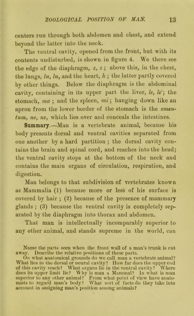 centers run through both abdomen and chest, and extend beyond the latter into the neck. The ventral cavity, opened from tlic front, but with its contents undisturbed, is shown in figure 4. We there see the edge of the diaphragm, 2:, 2 ; above this, in the chest, the lungs, lu, lu, and the heart, U ; the latter partly covered by other things. Below the diaphragm is the abdominal cavity, containing in its upper part the liver, le, le'\ the stomach, ma ; and the spleen, mi; hanging down like an apron from the lower border of the stomach is the omen- tum, ne, ne, which lies over and conceals the intestines. Summary.—Man is a vertebrate animal, because his body presents dorsal and ventral cavities separated from one another by a hard partition ; the dorsal cavity con- tains the brain and spinal cord, and reaches into the head; the ventral cavity stops at the bottom of the neck and contains the main organs of circulation, respiration, and digestion. Man belongs to that subdivision of vertebrates known as Mammalia (1) because more or less of his surface is covered by hair (2) because of the presence of mammary glands ; (3) because the ventral cavity is completely sejD- arated by the diaphragm into thorax and abdomen. That man is intellectually incomparably superior to any other animal, and stands supreme in the world, can Name the parts seen when the front wall of a man’s trunk is cut away. Describe the relative positions of these parts. On what anatomical grounds do we call man a vertebrate animal? What lies in the dorsal or neural cavity? How far does the upper cud of this cavity reach? What organs lie in the ventral cavity? Where does its upper limit lie? Mhy is man a Mammal? in what is man superior to any other animal? From what point of view have anato- mists to regard man’s body? What sort of facts do they take into account in assigning man’s position among animals?