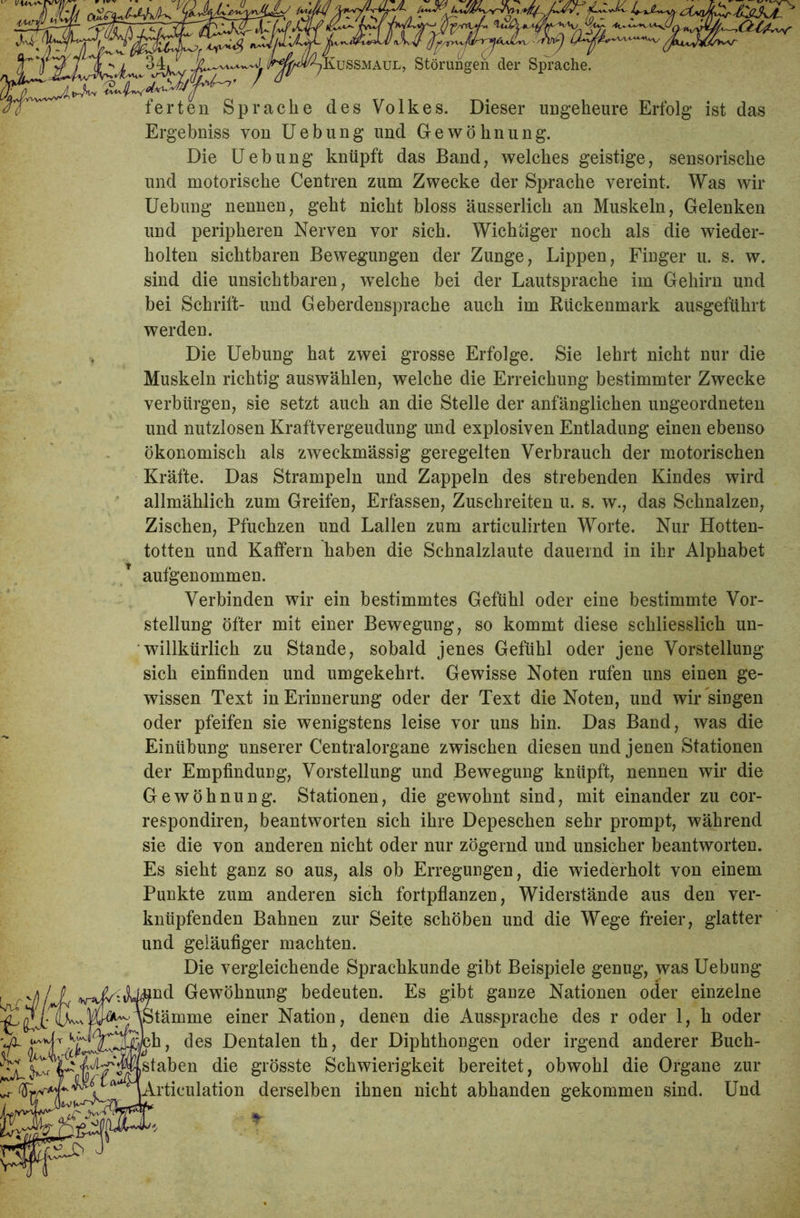 ferten Sprache des Volkes. Dieser ungeheure Erfolg- ist das Ergebniss von Uebung und Gewöhnung. Die Uebung knüpft das Band, welches geistige, sensorische und motorische Centren zum Zwecke der Sprache vereint. Was wir Uebung nennen, geht nicht bloss äusserlich an Muskeln, Gelenken und peripheren Nerven vor sich. Wichtiger noch als die wieder- holten sichtbaren Bewegungen der Zunge, Lippen, Finger u. s. w. sind die unsichtbaren, welche bei der Lautsprache im Gehirn und bei Schrift- und Geberdensprache auch im Rückenmark ausgeführt werden. Die Uebung hat zwei grosse Erfolge. Sie lehrt nicht nur die Muskeln richtig auswählen, welche die Erreichung bestimmter Zwecke verbürgen, sie setzt auch an die Stelle der anfänglichen ungeordneten und nutzlosen Kraftvergeudung und explosiven Entladung einen ebenso ökonomisch als zweckmässig geregelten Verbrauch der motorischen Kräfte. Das Strampeln und Zappeln des strebenden Kindes wird allmählich zum Greifen, Erfassen, Zuschreiten u. s. w., das Schnalzen, Zischen, Pfuchzen und Lallen zum articulirten Worte. Nur Hotten- totten und Kaffem haben die Schnalzlaute dauernd in ihr Alphabet aufgenommen. Verbinden wir ein bestimmtes Gefühl oder eine bestimmte Vor- stellung öfter mit einer Bewegung, so kommt diese schliesslich un- willkürlich zu Stande, sobald jenes Gefühl oder jene Vorstellung sich einfinden und umgekehrt. Gewisse Noten rufen uns einen ge- wissen Text in Erinnerung oder der Text die Noten, und wir singen oder pfeifen sie wenigstens leise vor uns hin. Das Band, was die Einübung unserer Centralorgane zwischen diesen und jenen Stationen der Empfindung, Vorstellung und Bewegung knüpft, nennen wir die Gewöhnung. Stationen, die gewohnt sind, mit einander zu cor- respondiren, beantworten sich ihre Depeschen sehr prompt, während sie die von anderen nicht oder nur zögernd und unsicher beantworten. Es sieht ganz so aus, als ob Erregungen, die wiederholt von einem Punkte zum anderen sich fortpflanzen, Widerstände aus den ver- knüpfenden Bahnen zur Seite schöben und die Wege freier, glatter und geläufiger machten. Die vergleichende Sprachkunde gibt Beispiele genug, was Uebung nd Gewöhnung bedeuten. Es gibt ganze Nationen oder einzelne tämme einer Nation, denen die Aussprache des r oder 1, h oder ih, des Dentalen th, der Diphthongen oder irgend anderer Buch- staben die grösste Schwierigkeit bereitet, obwohl die Organe zur Articulation derselben ihnen nicht abhanden gekommen sind. Und