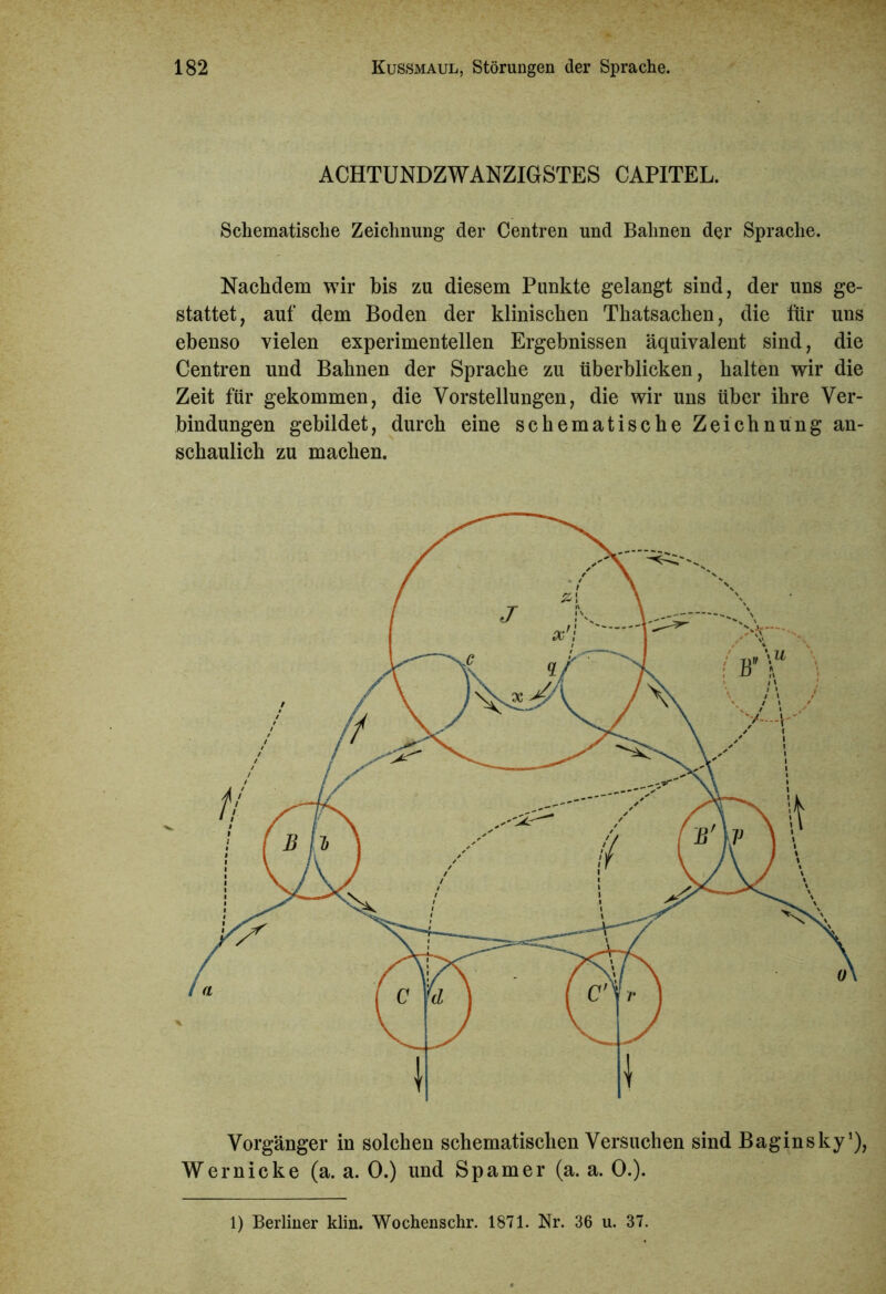 ACHTUNDZWANZIGSTES CAPITEL. Schematische Zeichnung der Centren und Bahnen der Sprache. Nachdem wir bis zu diesem Punkte gelangt sind, der uns ge- stattet, auf dem Boden der klinischen Thatsachen, die für uns ebenso vielen experimentellen Ergebnissen äquivalent sind, die Centren und Bahnen der Sprache zu überblicken, halten wir die Zeit für gekommen, die Vorstellungen, die wir uns über ihre Ver- bindungen gebildet, durch eine schematische Zeichnung an- schaulich zu machen. Vorgänger in solchen schematischen Versuchen sind Baginsky1), Wernicke (a. a. 0.) und Spamer (a. a. 0.). 1) Berliner klin. Wochenschr. 1871. Nr. 36 u. 37.