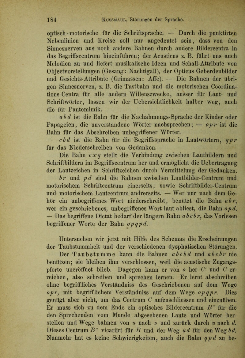 optisch - motorische für die Schriftsprache. — Durch die punktirten Nebenlinien und Kreise soll nur angedeutet sein, dass von den Sinnesnerven aus noch andere Bahnen durch andere Bildercentra in das Begriffscentrum hineinführen; der Acusticus z. B. führt uns auch Melodien zu und liefert musikalische Ideen und Schall-Attribute von Objectvorstellungen (Gesang: Nachtigall), der Opticus Geberdenbilder und Gesichts-Attribute (Grimassen: Affe). — Die Bahnen der übri- gen Sinnesnerven, z. B. die Tastbahn und die motorischen Coordina- tions-Centra für alle andern Willenszwecke, ausser für Laut- und Schriftwörter, lassen wir der Uebersichtlichkeit halber weg, auch die für Pantomimik. abd ist die Balm für die Nackalimungs-Sprache der Kinder oder Papageien, die unverstandene Wörter nachsprechen; — opr ist die Bahn für das Abschreiben unbegriffener Wörter. cbd ist die Bahn für die Begriffssprache in Laut Wörtern, qpr für das Niederschreiben von Gedanken. Die Bahn cxq stellt die Verbindung zwischen Lautbildern und Schriftbildern im Begriffscentrum her und ermöglicht die Uebertragung der Lautzeichen in Schriftzeichen durch Vermittelung der Gedanken. br und pd sind die Bahnen zwischen Lautbilder-Centrum und motorischem Schriftcentrum einerseits, sowie Schriftbilder-Centrum und motorischem Lautcentrum andrerseits. — Wer nur nach dem Ge- hör ein unbegriffenes Wort niederschreibt, benützt die Bahn abr, wer eingeschriebenes, unbegriffenes Wort laut abliest, die Bahn op d. — Das begriffene Dictat bedarf der langem Bahn abcbr, das Vorlesen begriffener Worte der Bahn opqpd. Untersuchen wir jetzt mit Hilfe des Schemas die Erscheinungen der Taubstummheit und der verschiedenen dysphatisehen Störungen. Der Taubstumme kann die Bahnen ab cbd und abcbr nie benützen; sie bleiben ihm verschlossen, weil die acustische Zugangs- pforte uneröffnet blieb. Dagegen kann er von o her C' und C er- reichen, also schreiben und sprechen lernen. Er lernt abschreiben ohne begriffliches Verständniss des Geschriebenen auf dem Wege opr, mit begrifflichem Verständniss auf dem Wege opqpr. Dies genügt aber nicht, um das Centrum C aufzuschliessen und einzuüben. Er muss sich zu dem Ende ein optisches Bildercentrum B für die den Sprechenden vom Munde abgesehenen Laute und Wörter her- stellen und Wege bahnen von u nach z und zurück durch u nach d. Dieses Centrum B vicariirt für B und der Weg ud für den Weg bd. Nunmehr hat es keine Schwierigkeiten, auch die Bahn qpd zu be-