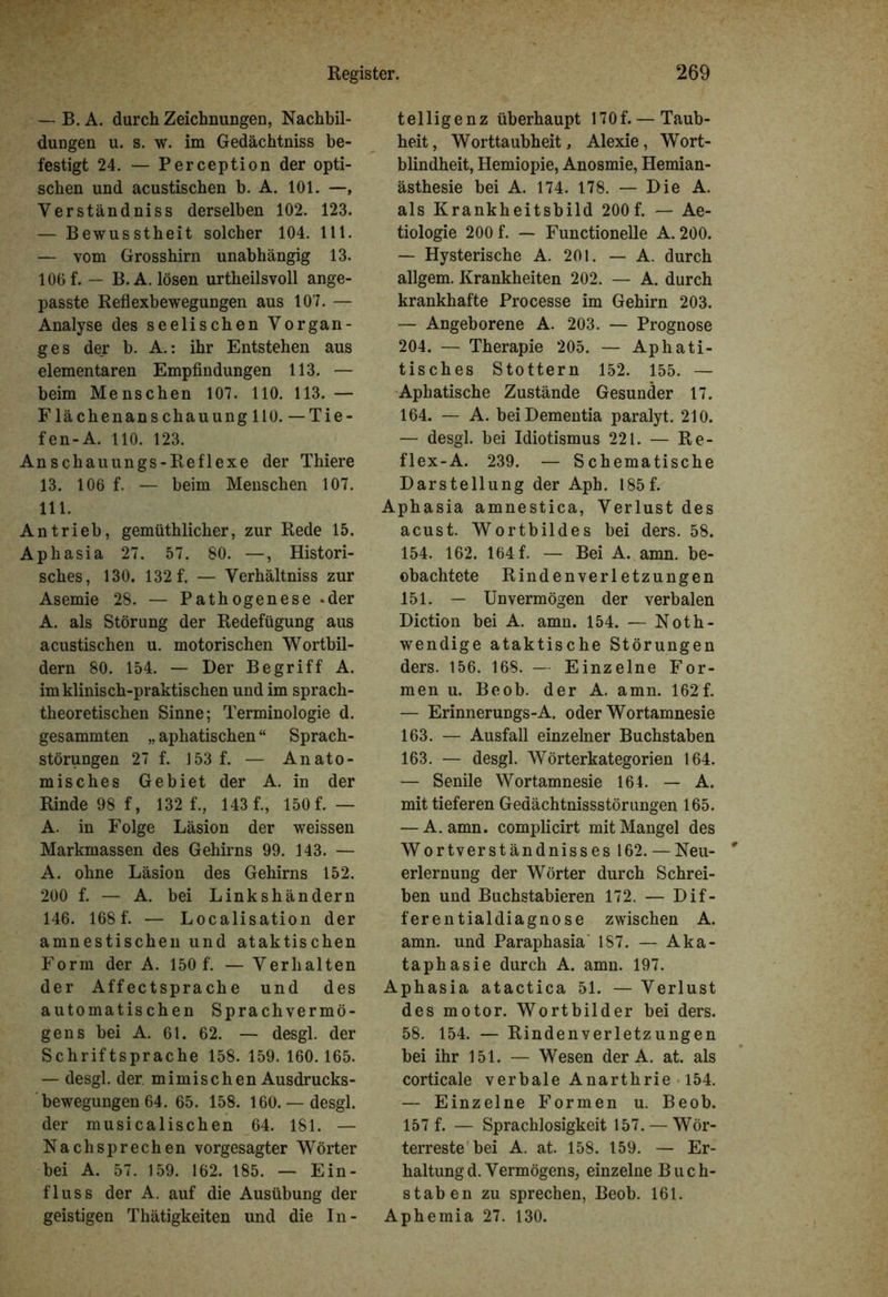 — B. A. durch Zeichnungen, Nachbil- dungen u. s. w. im Gedächtniss be- festigt 24. — Perception der opti- schen und acustischen b. A. 101. —, Yerständniss derselben 102. 123. — Bewusstheit solcher 104. 111. — vom Grosshirn unabhängig 13. 106 f. — B. A. lösen urtheilsvoll ange- passte Reflexbewegungen aus 107. — Analyse des seelischen Vorgan- ges der b. A.: ihr Entstehen aus elementaren Empfindungen 113. — beim Menschen 107. 110. 113. — Flächen an schauungllO. — Tie- fen-A. 110. 123. Anschauungs-Reflexe der Thiere 13. 106 f. — beim Menschen 107. 111. Antrieb, gemüthlicher, zur Rede 15. Aphasia 27. 57. 80. —, Histori- sches, 130. 132 f. — Yerhältniss zur Asemie 28. — Pathogenese *der A. als Störung der Redefügung aus acustischen u. motorischen Wortbil- dern 80. 154. — Der Begriff A. im klinisch-praktischen und im sprach- theoretischen Sinne; Terminologie d. gesammten „ aphatischen “ Sprach- störungen 27 f. 153 f. — Anato- misches Gebiet der A. in der Rinde 98 f, 132 f., 143 f., 150 f. — A. in Folge Läsion der weissen Markmassen des Gehirns 99. 143. — A. ohne Läsion des Gehirns 152. 200 f. — A. bei Linkshändern 146. 168f. — Localisation der amnestischen und ataktischen Form der A. 150 f. — Verhalten der Affectsprache und des automatischen Sprachvermö- gens bei A. 61. 62. — desgl. der Schriftsprache 158. 159. 160.165. — desgl. der mimischen Ausdrucks- bewegungen 64. 65. 158. 160.— desgl. der musicalischen 64. 181. — Nachsprechen vorgesagter Wörter bei A. 57. 159. 162. 185. — Ein- fluss der A. auf die Ausübung der geistigen Thätigkeiten und die In- telligenz überhaupt 17 0 f. — Taub- heit , Worttaubheit, Alexie, Wort- blindheit, Hemiopie, Anosmie, Hemian- ästhesie bei A. 174. 178. — Die A. als Krankheitsbild 200f. — Ae- tiologie 200 f. — Functionelle A. 200. — Hysterische A. 201. — A. durch allgem. Krankheiten 202. — A. durch krankhafte Processe im Gehirn 203. — Angeborene A. 203. — Prognose 204. — Therapie 205. — Aphati- tisches Stottern 152. 155. — Aphatische Zustände Gesunder 17. 164. — A. bei Dementia paralyt. 210. — desgl. bei Idiotismus 221. — Re- flex-A. 239. — Schematische Darstellung der Aph. 185f. Aphasia amnestica, Verlust des acust. Wortbildes bei ders. 58. 154. 162. 164 f. — Bei A. amn. be- obachtete Rindenverletzungen 151. — Unvermögen der verbalen Diction bei A. amn. 154. — Noth- wendige ataktische Störungen ders. 156. 168. — Einzelne For- men u. Beob. der A. amn. 162f. — Erinnerungs-A. oder Wortamnesie 163. — Ausfall einzelner Buchstaben 163. — desgl. Wörterkategorien 164. — Senile Wortamnesie 164. — A. mit tieferen Gedächtnissstörungen 165. — A. amn. complicirt mit Mangel des Wortverständnisses 162. — Neu- erlernung der Wörter durch Schrei- ben und Buchstabieren 172. — Dif- ferentialdiagnose zwischen A. amn. und Paraphasia 187. — Aka- taphasie durch A. amn. 197. Aphasia atactica 51. — Verlust des motor. Wortbilder bei ders. 58. 154. — Rindenverletzungen bei ihr 151. — Wesen der A. at. als corticale verbale Anarthrie 154. — Einzelne Formen u. Beob. 157 f. — Sprachlosigkeit 157. — Wör- terreste bei A. at. 158. 159. — Er- haltung d. Vermögens, einzelne Buch- staben zu sprechen, Beob. 161. Aphemia 27. 130.