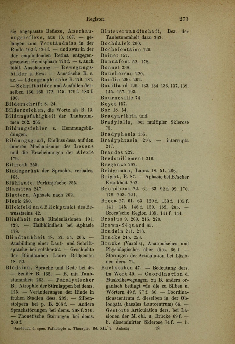 sig angepasste Reflexe, Anschau- ungsreflexe, aus 13. 107. — ge- langen zum Verständniss in der Rinde 102 f. 126 f. — und zwar in der der empfindenden Retina entgegen- gesetzten Hemisphäre 123 f. — s. auch bildl. Anschauung. — Bewegungs- bilder s. Bew. — Acustische B. s. ac. — Ideographische B. 179. 181. — S chriftbilder undAusfallen der- selben 160.165.172. 175. 179f. 183 f. 190. Bilderschrift 8. 24. Bilderzeichen, die Worte als B. 13. Bildungsfähigkeit der Taubstum- men 262. 265. Bildungsfehler s. Hemmungsbil- dungen. Bildungsgrad, Einfluss dess. auf den inneren Mechanismus des Lesens und die Erscheinungen der Alexie 179. Billroth 255. Bindegerüst der Sprache, verbales, 165. Blählaute, Purkinje’sche 255. Blaesitas 247. Blattern, Aphasie nach 202. Bleek 250. Blickfeld un d Blickpunkt des Be- wusstseins 42. Blindheit nach Rindenläsionen 101. 123. — Halbblindheit bei Aphasie 178. Blindtaubheit 18. 52. 54. 206. — Ausbildung einer Laut- und Schrift- sprache bei solcher 52. — Geschichte der Blindtauben Laura Bridgeman 18. 52. Blödsinn, Sprache und Rede bei 46. — Seniler B. 165. — B. mit Taub- stummheit 263. — Paralytischer B., Atrophie der Stirnlappen bei dems. 125. — Veränderungen der Rinde in frühen Stadien dees. 209. — Silben- stolpern bei p. B. 208 f. — Andere Sprachstörungen bei dems. 208 f. 210. — Phonetische Störungen bei dems. 209 f. Handbuch d. spec. Pathologio u. Therapie. Bd. Blutsverwandtschaft, Bez. der Taubstummheit dazu 262. Bochdalek 260. Bochefontaine 120. Boinet 157. Bonnafont 52. 178. Bonnet 238. Bouchereau 220. Boudin 260. 262. Bouillaud 129. 133.134.136.137.139. 145. 157. 193. Bourneville 74. Boyet 157. Boz 18. 54. Bradyarthria und Bradylalia, bei multipler Sklerose 75. Bradyphasia 155. Bradyphrasia 216. — interrupta 217. Brandes 222. Bredouillement 216. Breganze 202. Bridgeman, Laura 18. 51. 266. Bright, R. 87. —Aphasie bei B.’scher Krankheit 202. Broadbent 22. 61. 63. 92 f. 99. 170. 179. 203. 221. Broca 27. 61. 63. 129 f. 133 f. 135 f. 141. 145. 146 f. 150. 159. 205. — Broca’sche Region 135. 141 f. 144. Brosius 9. 209. 215. 220. Brown-Sequard 65. Brudeln 211. 216. Brücke 245. 253. Brücke (Varol’s), Anatomisches und Physiologisches über dies. 66 f. — Störungen der Articulation bei Läsio- nen ders. 72. Buchstaben 47. — Bedeutung ders. im Wort 49. — Coordination d. Muskelbewegungen zu B. anders or- ganisch bedingt wie die zu Silben u. Wörtern 49 f. 77 f. 80. — Coordina- tionsCentrum f. dieselben in der Ob- longata (basales Lautcentrum) 66. — Gestörte Articulation ders. bei Lä- sionen der M. obl. u. Brücke 69 f. — b. disseminirter Sklerose 74 f. — b. XII.' 2. Anhang. 18