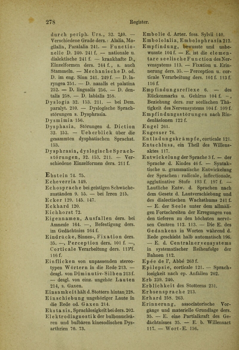durch peripk. Urs., 32. 2^0. — Verschiedene Grade ders.: Alalia, Mo- gilalia, Paralalia 241. — Functio- nelle D. 240. 241 f. — nationale u. dialektische 241 f. — krankhafte D., Einzelformen ders. 244 f., s. auch Stammeln. — Mechanische D. od. D. im eng. Sinn 241. 249 f. — D. la- ryngea 251. — D. nasalis et palatina 252. — D. lingualis 256. — D. den- talis 258. — D. labialis 258. Dyslogia 32. 153. 211. — bei Dem. paralyt. 210. — Dyslogische Sprach- störungen s. Dysphrasia. Dysmimia 156. Dysphasia, Störungen d. Diction 32. 153. — Ueb erblick über die gesammten dysphatischen Sprachst. 153. Dysphrasia, dys logische Sprach- störungen, 32. 153. 211. — Ver- schiedene Einzelformen ders. 211 f. Ebstein 74. 75. Echeverria 149. Echosprache bei geistigen Schwäche- zuständen 9. 55. — bei Irren 215. Ecker 129. 145. 147. Eckhard 120. Eichhorst 72. Eigennamen, Ausfallen ders. bei Amnesie 164. —, Befestigung ders. im Gedächtniss 164 f. Eindrücke, Sinnes-, Fixation ders. 35. —, Perception ders. 101 f. —, Corticale Verarbeitung ders. 113rf. 116 f. Ein flicken von unpassenden stereo- typen Wörtern in die Rede 213. — desgl. vonDiminutiv-Silben 213f. — desgl. von einz. ungehör. Lauten 214, s. Gaxen. Einsamkeit hält d.Stottern hintan 228. Einschiebung ungehöriger Laute in die Rede od. Gaxen 214. E k s t a s i s, Sprachlosigkeit bei ders. 202. Elektrodiagnostik der bulbonucleä- ren und bulbären kinesodischen Dys- arthrien 70. 73. Embolie d. Arter. foss. Sylvii 140. Embololalia, Embolophrasia212. Empfindung, bewusste und unbe- wusste 104f. — E. ist die elemen- tare seelischeFunction des Ner- vensystems 113. — Fixation u. Erin- nerung ders. 35. — Perception u. cor- ticale Verarbeitung ders. 101 f. 113 f. 116 f. Empfindungsreflexe 6. — des Rückenmarks u. Gehirns 104 f. —, Beziehung ders. zur seelischen Thä- tigkeit des Nervensystems 104 f. 109 f. Empfindungsstörungen nach Rin- denläsionen 122 f. Engel 261. Engesser 76. Entladungskrämpfe, corticale 121. Entschluss, ein Theil des Willens- aktes 117. Entwickelung der Sprache 3 f. — der Sprache d. Kindes 46 f. — Syntak- tische u. grammatische Entwickelung der Sprachen: radicale, inflectionale, agglutinative Stufe 193 f. 197 f. — Lautliche Entw. d. Sprachen nach dem Gesetz d. Lautverschiebung und des dialectischen Wachsthums 241 f. — E. der Seele unter dem allmäli- gen FQrtschreiten der Erregungen von den tieferen zu den höchsten nervö- sen Centren 112. 113. — Die E. des Gedankens in Worten während d. Rede geschieht halb automatisch 196. — E. d. Centralnervensystems in systematischer Reihenfolge der Bahnen 112. Epee de 1’, Abbe 263f. Epilepsie, corticale 121. — Sprach- losigkeit nach ep. Anfällen 202. Erb 239. 240. Erblichkeit des Stotterns 231. Erbsensprache 213. Erhard 258. 263. Erinnerung, associatorische Vor- gänge und materielle Grundlage ders. 35. — E. eine Partialkraft des Ge- dächtnisses 35. — E. b. Willensact 117. — Wort-E. 156.