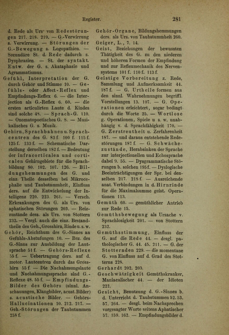 d. Rede als Urs* von Redestörun- gen 217. 218. 219. — G.-Verwirrung s. Verwirrung. — Störungen der G.-Bewegung s. Logopathien. — Secundäre St. d. Rede dadurch s. Dysphrasien. — St. der syntakt. Entw. der G. s. Akataphasie und Agrammatismus. Gefühl, Interpretation der G. durch Gehör und Stimme 10. — Ge- fühls- oder Affect- Reflex und Empfindungs-Reflex 6. — die Inter- jection als G.-Reflex 6. 60. — die ersten articulirten Laute d. Kindes sind solche 48. — Sprach-G. 110. — Onomatopoetisches G. 8. — Musi- kalisches G. s. Musik. Gehirn, Sprachbahnen u. Sprach- centren des G. 83 f. 100 f. 115 f. 125 f. 133 f. — Schematische Dar- stellung derselben 182 f. — Bedeutung der infracorticalen und corti- calen Gehirngebiete für die Sprach- bildung 80. 102. 107. 126. — Bil- dungshemmungen des G. und einz. Theile desselben bei Mikroce- phalie und Taubstummheit, Einfluss ders. auf die Entwickelung der In- telligenz 220. 223. 261. — Versch. Erkrankungen des G. als Urs. von aphatischen Störungen 203. — Reiz- zustände dess. als Urs. von Stottern 232. — Vergl. auch die einz. Bestand- teile des Geh., Grosshirn, Rinde u.s.w. Gehör, Reichthum des G.-Sinnes an Gefühls-Abstufungen 10. — Bez. des G.-Sinns zur Ausbildung der Laut- sprache 51 f. — Gehörs-Reflexe 55 f. — Uebertragung ders. auf d. motor. Lautcentren durch das Gröss- hirn 55 f. — Die Nachahmungslaute und Nachahmungssprache sind G. - Reflexe 48. 55 f. — Empfindungs- Bilder des Gehörs (sinnl. An- schauungen, Klangbilder, acust. Bilder) 8. acustische Bilder. — Gehörs- Hallucinationen 10. 212. 217. — Geh.-Störungen der Taubstummen 258 f. Gehör-Organe, Bildungshemmungen ders. als Urs. von Taubstummheit 260. Geiger, L., 7. 14. Geist, Beziehungen der bewussten Thätigkeit des G. zu den niederen und höheren Formen der Empfindung und zur Reflexmechanik des Nerven- systems 101 f. 110 f. U3f. Geistige Vorbereitung z. Rede, Sammlung und Aufmerksamkeit 44. 187 f. — G. Urtheile formen aus den sinnl. Wahrnehmungen begriffl. Vorstellungen 13. 107. — G. Ope- rationen erleichtert, sogar bedingt durch die Worte 25. — Wortlose g. Operationen, Spiele u s. w. unab- hängig v. d. Sprachfähigkeit 170. — G. Zerstreutheit u. Zerfahrenheit 187. — und daraus entstehende Rede- störungen 187 f. — G. Schwäche- zustände, Herabsinken der Sprache zur interjectionellen und Echosprache dabei 9. 55. — Dysgrammatische Stö- rungen b. solchen 195f. — Dyslogische Beeinträchtigungen der Spr. bei den- selben 217. 218 f. — Ausreichende anat. Verbindungen in d. Hirnrinde für die Maximalsumme geist. Opera- tionen 113. Gemüth 60. — gemüthlicher Antrieb zur Rede 15. Gemüthsbewegung als Ursache v. Sprachlosigkeit 201. — von Stottern 232. Gemüthsstimmung, Einfluss der G. auf die Rede 44. — desgl. pa- thologischer G. 44. 45. 211. — G. der Stotternden 229. — die momentane G. von Einfluss auf d. Grad des Stot- terns 228. Gerhardt 202. 203. Geschwätzigkeit Gemüthskranker, Maniacalischer 44. — der Idioten 222. Gesicht, Benutzung d. G.-Sinnes b. d. Unterricht d. Taubstummen 52.53. 57. 264. — desgl. beim Nachsprechen vorgesagter Worte seitens Aphatischer 57. 159. 162. — Empfindungsbilderd.