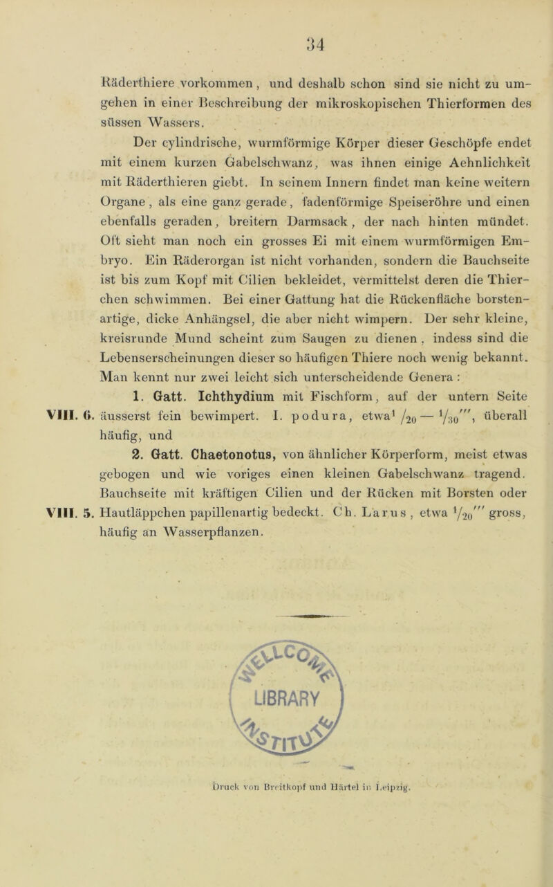 Räderthiere Vorkommen , und deshalb schon sind sie nicht zu um- gehen in einer Beschreibung der mikroskopischen Thierformen des süssen Wassers. Der cylindrische, wurmförmige Körper dieser Geschöpfe endet mit einem kurzen Gabelschwanz, was ihnen einige Aehnlichkeit mit Käderthieren giebt. ln seinem Innern findet man keine weitern Organe , als eine ganz gerade, fadenförmige Speiseröhre und einen ebenfalls geraden, breitem Darmsack, der nach hinten mündet. Oft sieht man noch ein grosses Ei mit einem wurmförmigen Em- bryo. Ein Räderorgan ist nicht vorhanden, sondern die Bauchseite ist bis zum Kopf mit C'ilien bekleidet, vermittelst deren die Thier- chen schwimmen. Bei einer Gattung hat die Rückenfläche borsten- artige, dicke Anhängsel, die aber nicht wimpern. Der sehr kleine, kreisrunde Mund scheint zum Saugen zu dienen , indess sind die Lebenserscheinungen dieser so häufigen Thiere noch wenig bekannt. Man kennt nur zwei leicht sich unterscheidende Genera : 1. Gatt. Ichthydium mit Fischform, auf der untern Seite VIII. (». äusserst fein bewimpert. I. podura, etw'a1 /20— überall häufig, und 2. Gatt. Chaetonotus, von ähnlicher Körperform, meist etwas gebogen und wie voriges einen kleinen Gabelschwanz tragend. Bauchseite mit kräftigen Cilien und der Rücken mit Borsten oder VIII. 5. Hautläppchen papillenartig bedeckt. Ch. Larus , etwa 1/2(Jgross, häufig an Wasserpflanzen. Druck von Brcitkopf und Härtel in Leipzig.