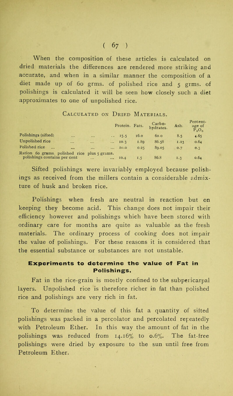 ( 6; ) When the composition of these articles is calculated on dried materials the differences are rendered more striking and accurate, and when in a similar manner the composition of a diet made up of 60 grms. of polished rice and 5 grms. of polishings is calculated it will be seen how closely such a diet approximates to one of unpolished rice. Calculated on Dried Materials. Protein. Fats. Carbo- hydrates. Ash; Percent- age of p2o5 Polishings (sifted) •• 15-5 16.0 60.0 8-5 465 Unpolished rice ... 10.3 1.89 86.58 1.23 0.64 Polished rice 10.0 0.25 89.05 0.7 o-3 Ration 60 grams, polished rice plus 5 grams. polishings contains per cent 10,4 1.5 86.8 i-3 0.64 Sifted polishings were invariably employed because polish- ings as received from the millers contain a considerable admix- ture of husk and broken rice. Polishings when fresh are neutral in reaction but on keeping they become acid. This change does not impair their efficiency however and polishings which have been stored with ordinary care for months are quite as valuable as the fresh materials. The ordinary process of cooking does not impair the value of polishings. For these reasons it is considered that the essential substance or substances are not unstable. Experiments to determine the value of Fat in Polishings. Fat in the rice-grain is mostly confined to the subpericarpal layers. Unpolished rice is therefore richer in fat than polished rice and polishings are very rich in fat. To determine the value of this fat a quantity of silted polishings was packed in a percolator and percolated repeatedly with Petroleum Ether. In this way the amount of fat in the polishings was reduced from 14.16% to 0.6%. The fat-free polishings were dried by exposure to the sun until free from Petroleum Ether.