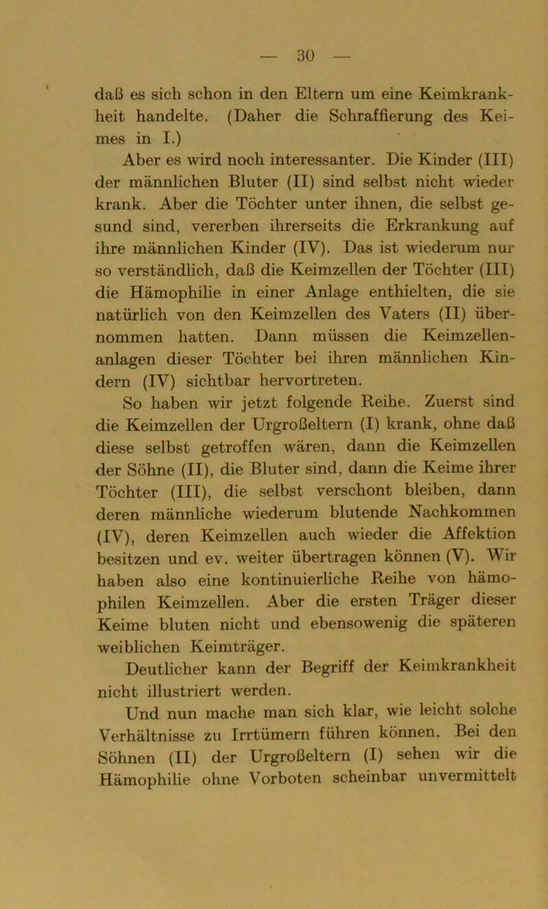 daß es sich schon in den Eltern um eine Keimkrank- heit handelte. (Daher die Schraffierung des Kei- mes in I.) Aber es wird noch interessanter. Die Kinder (III) der männlichen Bluter (II) sind selbst nicht wieder krank. Aber die Töchter unter ihnen, die selbst ge- sund sind, vererben ihrerseits die Erkrankung auf ihre männlichen Kinder (IV). Das ist wiederum nur so verständlich, daß die Keimzellen der Töchter (III) die Hämophilie in einer Anlage enthielten, die sie natürlich von den Keimzellen des Vaters (II) über- nommen hatten. Dann müssen die Keimzellen- anlagen dieser Töchter bei ihren männlichen Kin- dern (IV) sichtbar hervortreten. So haben wir jetzt folgende Reihe. Zuerst sind die Keimzellen der Urgroßeltern (I) krank, ohne daß diese selbst getroffen wären, dann die Keimzellen der Söhne (II), die Bluter sind, dann die Keime ihrer Töchter (III), die selbst verschont bleiben, dann deren männliche wiederum blutende Nachkommen (IV), deren Keimzellen auch wieder die Affektion besitzen und ev. weiter übertragen können (V). Wir haben also eine kontinuierliche Reihe von hämo- philen Keimzellen. Aber die ersten Träger dieser Keime bluten nicht und ebensowenig die späteren weiblichen Keimträger. Deutlicher kann der Begriff der Keimkrankheit nicht illustriert werden. Und nun mache man sich klar, wie leicht solche Verhältnisse zu Irrtümern führen können. Bei den Söhnen (II) der Urgroßeltern (I) sehen wir die Hämophilie ohne Vorboten scheinbar unvermittelt