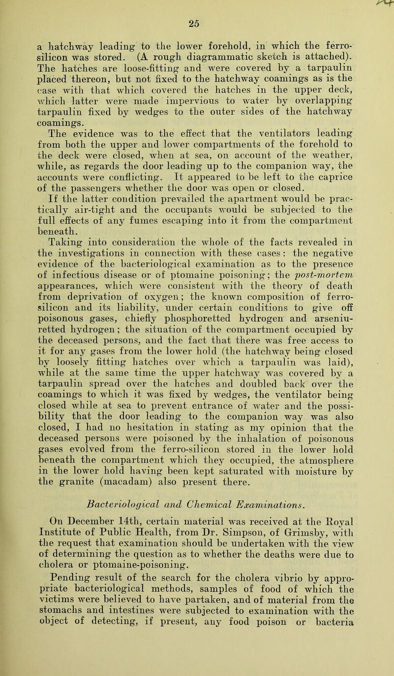 a hatchway leading to the lower forehold, in which the ferro- silicon was stored. (A rough diagrammatic sketch is attached). The hatches are loose-fitting and were covered by a tarpaulin placed thereon, but not fixed to the hatchway coamings as is the case with that which covered the hatches in the upper deck, which latter were made impervious to water by overlapping tarpaulin fixed by wedges to the outer sides of the hatchway coamings. The evidence was to the effect that the ventilators leading from both the upper and lower compartments of the forehold to the deck were closed, when at sea, on account of the weather, while, as regards the door leading up to the companion way, the accounts were conflicting. It appeared to be left to the caprice of the passengers whether the door was open or closed. If the latter condition prevailed the apartment would be prac- tically air-tight and the occupants would he subjected to the full effects of any fumes escaping into it from the compartment beneath. Taking into consideration the whole of the facts revealed in the investigations in connection with these cases : the negative evidence of the bacteriological examination as to the presence of infectious disease or of ptomaine poisoning; the post-mortem appearances, which were consistent with the theory of death from deprivation of oxygen; the known composition of ferro- silicon and its liability, under certain conditions to give off poisonous gases, chiefly phosphoretted hydrogen and arseniu- retted hydrogen; the situation of the compartment occupied by the deceased persons, and the fact that there was free access to it for any gases from the lower hold (the hatchway being closed by loosely fitting hatches over which a tarpaulin was laid), while at the same time the upper hatchway was covered by a tarpaulin spread over the hatches and doubled back over the coamings to which it was fixed by wedges, the ventilator being closed while at sea to prevent entrance of water and the possi- bility that the door leading to the companion way was also closed, I had no hesitation in stating as my opinion that the deceased persons were poisoned by the inhalation of poisonous gases evolved from the ferro-silicon stored in the lower hold beneath the compartment which they occupied, the atmosphere in the lower hold having been kept saturated with moisture by the granite (macadam) also present there. Bacteriological and Chemical Examinations. On December 14th, certain material was received at the Eoyal Institute of Public Health, from Dr. Simpson, of Grimsby, with the request that examination should be undertaken with the view of determining the question as to whether the deaths were due to cholera or ptomaine-poisoning. Pending result of the search for the cholera vibrio by appro- priate bacteriological methods, samples of food of which the victims were believed to have partaken, and of material from the stomachs and intestines were subjected to examination with the object of detecting, if present, any food poison or bacteria