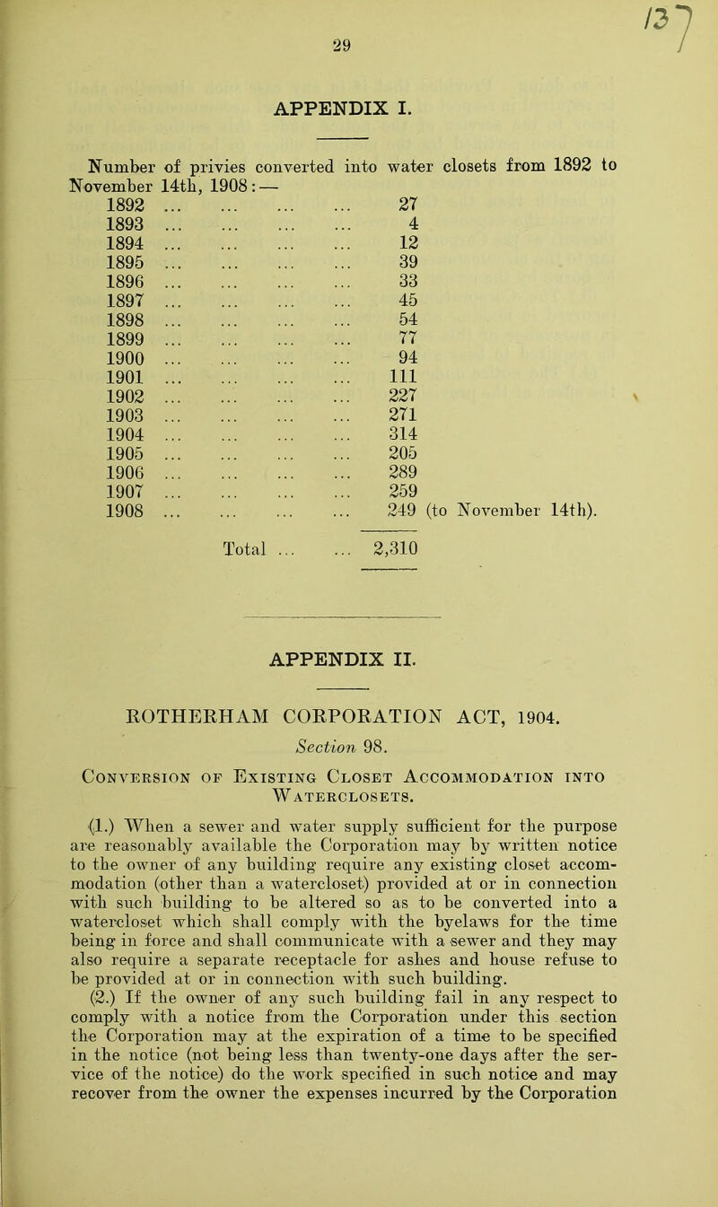 13 APPENDIX I. Number of privies converted into water closets from 1892 to November 14th, 1908: — 1892 1893 1894 1895 1896 1897 1898 1899 1900 1901 1902 1903 1904 1905 1906 1907 1908 27 4 12 39 33 45 54 77 94 111 227 271 314 205 289 259 249 (to November 14th). Total 2,310 APPENDIX II. ROTHERHAM CORPORATION ACT, 1904. Section 98. Conversion of Existing Closet Accommodation into Waterclosets. (,1.) When a sewer and water supply sufficient for the purpose are reasonably available the Corporation may by written notice to the owner of any building require any existing closet accom- modation (other than a watercloset) provided at or in connection with such building to be altered so as to be converted into a watercloset which shall comply with the byelaws for the time being in force and shall communicate with a sewer and they may also require a separate receptacle for ashes and house refuse to be provided at or in connection with such building. (2.) If the owner of any such building fail in any respect to comply with a notice from the Corporation under this section the Corporation may at the expiration of a time to be specified in the notice (not. being less than twenty-one days after the ser- vice of the notice) do the work specified in such notice and may recover from the owner the expenses incurred by the Corporation