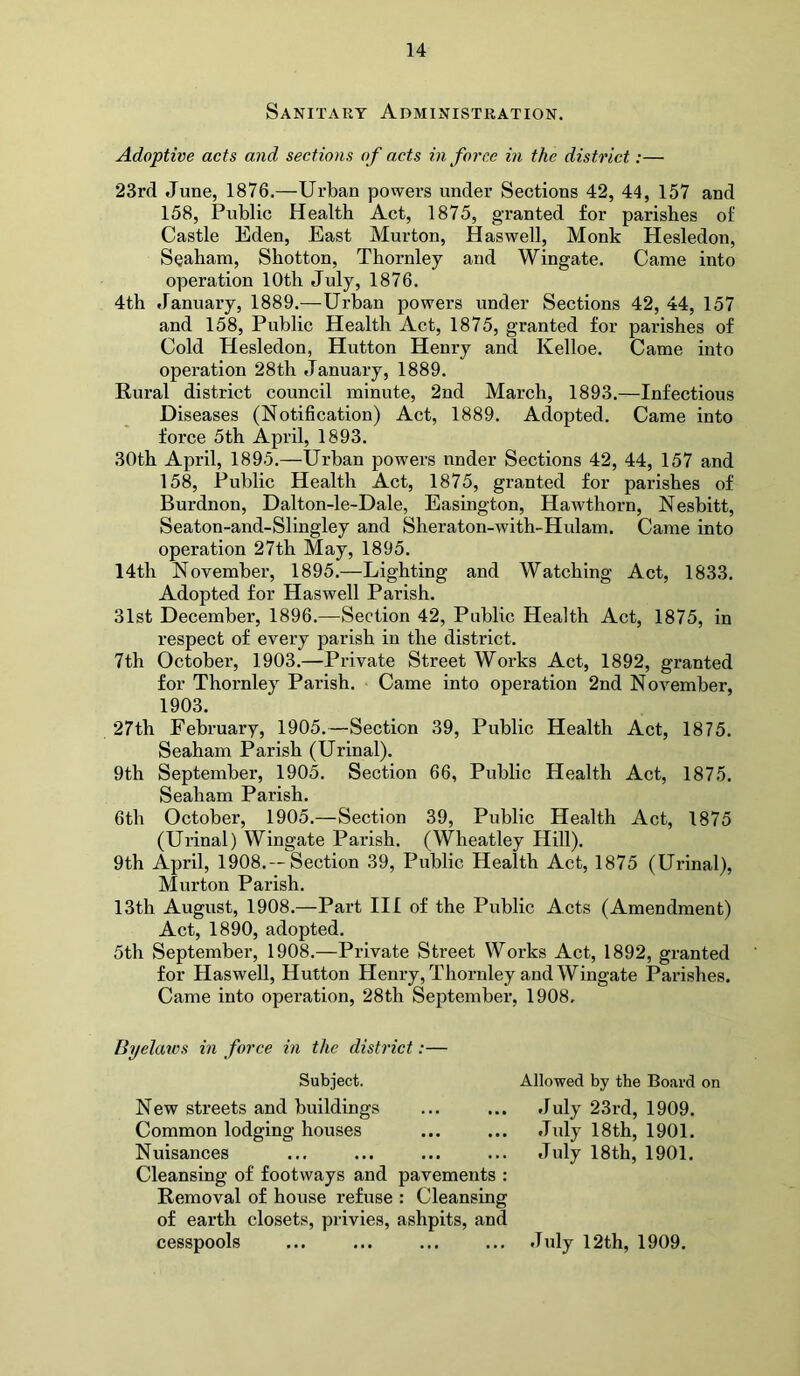 Sanitary Administration. Adoptive acts and sections of acts in force in the district:— 23rd June, 1876.—Urban powers under Sections 42, 44, 157 and 158, Public Health Act, 1875, granted for parishes of Castle Eden, East Murton, Haswell, Monk Hesledon, Seaham, Shotton, Thornley and Wingate. Came into operation 10th July, 1876. 4th January, 1889.—Urban powers under Sections 42, 44, 157 and 158, Public Health Act, 1875, granted for parishes of Cold Hesledon, Hutton Henry and Kelloe. Came into operation 28th January, 1889. Rural district council minute, 2nd March, 1893.—Infectious Diseases (Notification) Act, 1889. Adopted. Came into force 5th April, 1893. 30th April, 1895.—Urban powers under Sections 42, 44, 157 and 158, Public Health Act, 1875, granted for parishes of Burdnon, Dalton-le-Dale, Easington, Hawthorn, Nesbitt, Seaton-and-Slingley and Sheraton-with-Hulam. Came into operation 27th May, 1895. 14th November, 1895.—Lighting and Watching Act, 1833. Adopted for Haswell Parish. 31st December, 1896.—Section 42, Public Health Act, 1875, in respect of every parish in the district. 7th October, 1903.—Private Street Works Act, 1892, granted for Thornley Parish. Came into operation 2nd November, 1903. 27th February, 1905.—Section 39, Public Health Act, 1875. Seaham Parish (Urinal). 9th September, 1905. Section 66, Public Health Act, 1875. Seaham Parish. 6th October, 1905.—Section 39, Public Health Act, 1875 (Urinal) Wingate Parish. (Wheatley Hill). 9th April, 1908.— Section 39, Public Health Act, 1875 (Urinal), Murton Parish. 13th August, 1908.—Part III of the Public Acts (Amendment) Act, 1890, adopted. 5th September, 1908.—Private Street Works Act, 1892, granted for Haswell, Hutton Henry, Thornley and Wingate Parishes. Came into operation, 28th September, 1908. Byelaws in force in the district:— Subject. New streets and buildings Common lodging houses Nuisances Cleansing of footways and pavements : Removal of house refuse : Cleansing of earth closets, privies, ashpits, and cesspools Allowed by the Board on July 23rd, 1909. July 18th, 1901. July 18 th, 1901. July 12th, 1909.