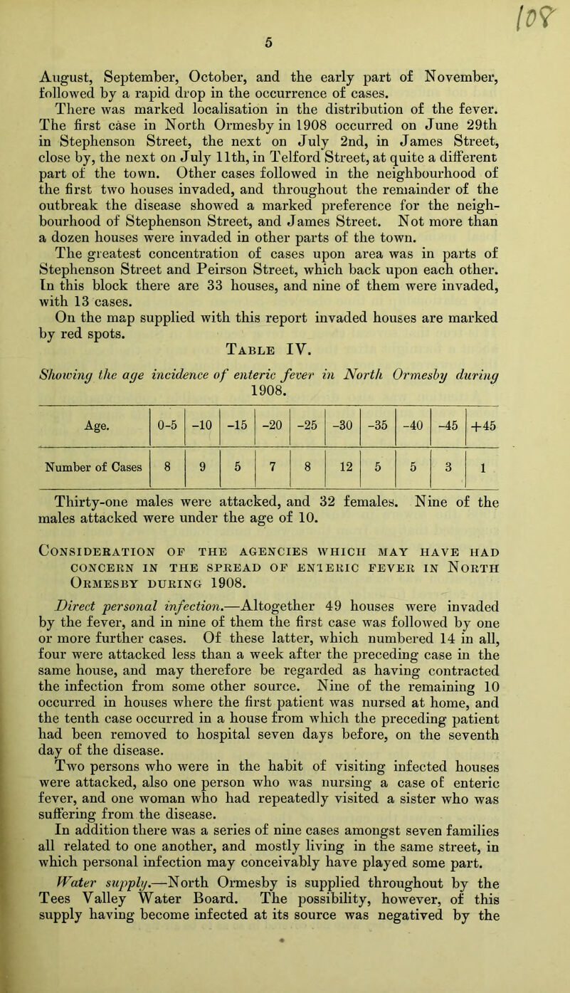 August, September, October, and the early part of November, followed by a rapid drop in the occurrence of cases. There was marked localisation in the distribution of the fever. The first case in North Ormesby in 1908 occurred on June 29th in Stephenson Street, the next on July 2nd, in James Street, close by, the next on July 11th, in Telford Street, at quite a different part of the town. Other cases followed in the neighbourhood of the first two houses invaded, and throughout the remainder of the outbreak the disease showed a marked preference for the neigh- bourhood of Stephenson Street, and James Street. Not more than a dozen houses were invaded in other parts of the town. The greatest concentration of cases upon area was in parts of Stephenson Street and Peirson Street, which back upon each other. In this block there are 33 houses, and nine of them were invaded, with 13 cases. On the map supplied with this report invaded houses are marked by red spots. Table IV. Shoioing the age incidence of enteric fever in North Ormesby during 1908. Age. 0-5 -10 -15 -20 -25 -30 -35 -40 -45 4-45 Number of Cases 8 9 5 7 8 12 5 5 3 1 Thirty-one males were attacked, and 32 females. Nine of the males attacked were under the age of 10. Consideration of the agencies which may have had CONCERN IN THE SPREAD OF EN'IERIC FEVER IN NORTH Ormesby during 1908. Direct personal infection.—Altogether 49 houses were invaded by the fever, and in nine of them the first case was followed by one or more further cases. Of these lattei’, which numbered 14 in all, four were attacked less than a week after the preceding case in the same house, and may therefore be regarded as having contracted the infection from some other source. Nine of the remaining 10 occurred in houses where the first patient was nursed at home, and the tenth case occurred in a house from which the preceding patient had been removed to hospital seven days before, on the seventh day of the disease. Two persons who were in the habit of visiting infected houses were attacked, also one person who was nursing a case of enteric fever, and one woman who had repeatedly visited a sister who was sufiering from the disease. In addition there was a series of nine cases amongst seven families all related to one another, and mostly living in the same street, in which personal infection may conceivably have played some part. Water sup>ply.—North Ormesby is supplied throughout by the Tees Valley Water Board. The possibility, however, of this supply having become infected at its source was negatived by the