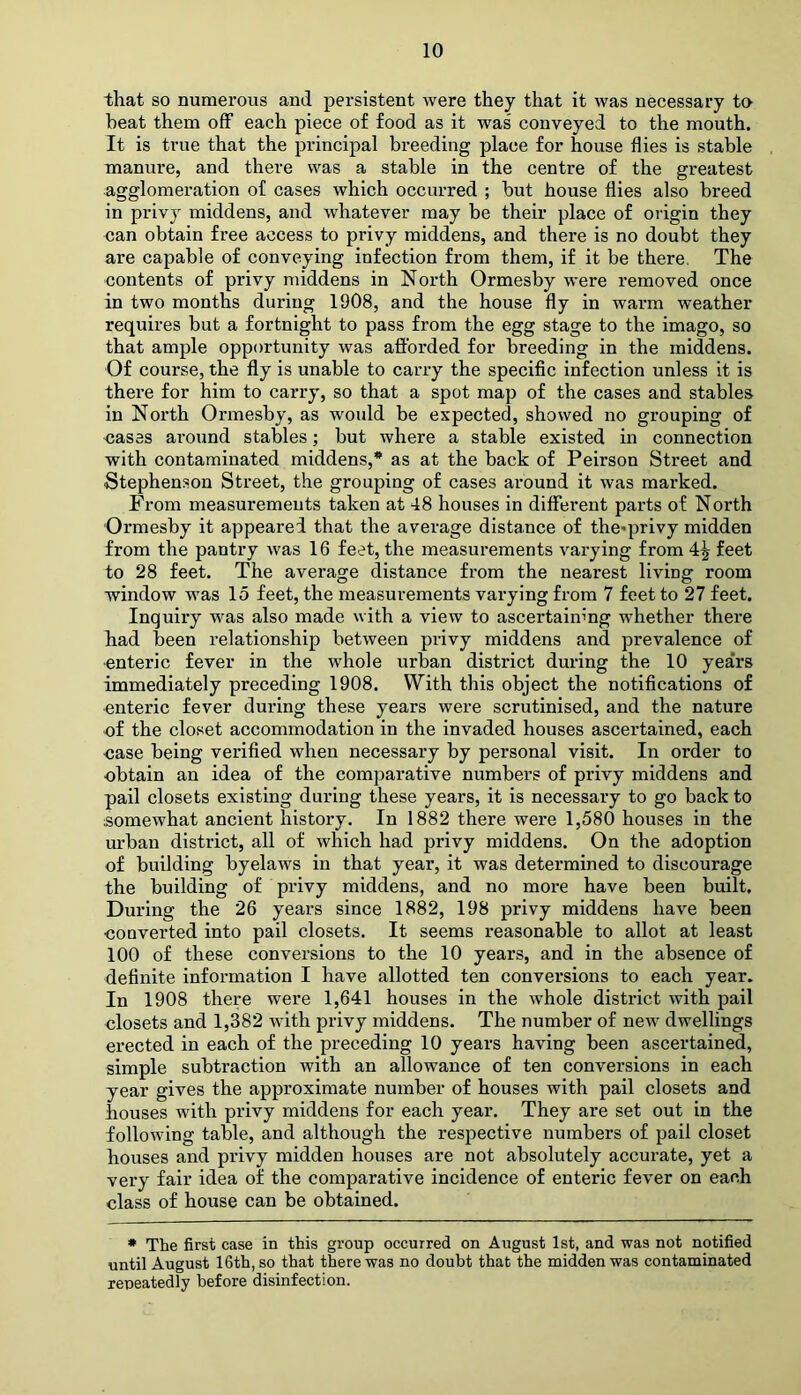 that so numerous and persistent were they that it was necessary ta heat them off each piece of food as it was conveyed to the mouth. It is true that the principal breeding place for house flies is stable manure, and there was a stable in the centre of the greatest agglomeration of cases which occurred ; hut house flies also breed in privy middens, and whatever may he their place of origin they nan obtain free access to privy middens, and there is no doubt they are capable of conveying infection from them, if it be there. The contents of privy middens in North Ormesby were removed once in two months during 1908, and the house fly in warm weather requires but a fortnight to pass from the egg stage to the imago, so that ample opportunity was afforded for breeding in the middens. Of course, the fly is unable to carry the specific infection unless it is there for him to carry, so that a spot map of the cases and stables in North Ormesby, as would be expected, showed no grouping of <jas3S ai’ound stables; but where a stable existed in connection with contaminated middens,* as at the back of Peirson Street and Stephenson Street, the grouping of cases around it was marked. From measurements taken at 48 houses in different parts of North Ormesby it appeared that the average distance of the'privy midden from the pantry was 16 feet, the measurements varying from 4^ feet to 28 feet. The average distance from the nearest living room window was lo feet, the measurements varying from 7 feet to 27 feet. Inquiry was also made with a view to ascertaining whether there had been relationship between privy middens and prevalence of enteric fever in the whole urban district during the 10 years immediately preceding 1908. With this object the notifications of enteric fever during these years were scrutinised, and the nature ■of the closet accommodation in the invaded houses ascertained, each nase being verified when necessary by personal visit. In order to obtain an idea of the comparative numbers of privy middens and pail closets existing during these years, it is necessary to go back to somewhat ancient history. In 1882 there were 1,580 houses in the urban district, all of which had privy middens. On the adoption of building byelaws in that year, it was determined to discourage the building of privy middens, and no more have been built. During the 26 years since 1882, 198 privy middens have been converted into pail closets. It seems reasonable to allot at least 100 of these conversions to the 10 years, and in the absence of definite information I have allotted ten conversions to each year. In 1908 there were 1,641 houses in the whole district with pail closets and 1,382 with privy middens. The number of new dwellings erected in each of the preceding 10 years having been ascertained, simple subtraction with an allowance of ten conversions in each year gives the approximate number of houses with pail closets and houses with privy middens for each year. They are set out in the following table, and although the respective numbers of pail closet houses and privy midden houses are not absolutely accurate, yet a very fair idea of the comparative incidence of enteric fever on each class of house can be obtained. * The first case in this group occurred on August 1st, and was not notified until August 16th, so that there was no doubt that the midden was contaminated repeatedly before disinfection.
