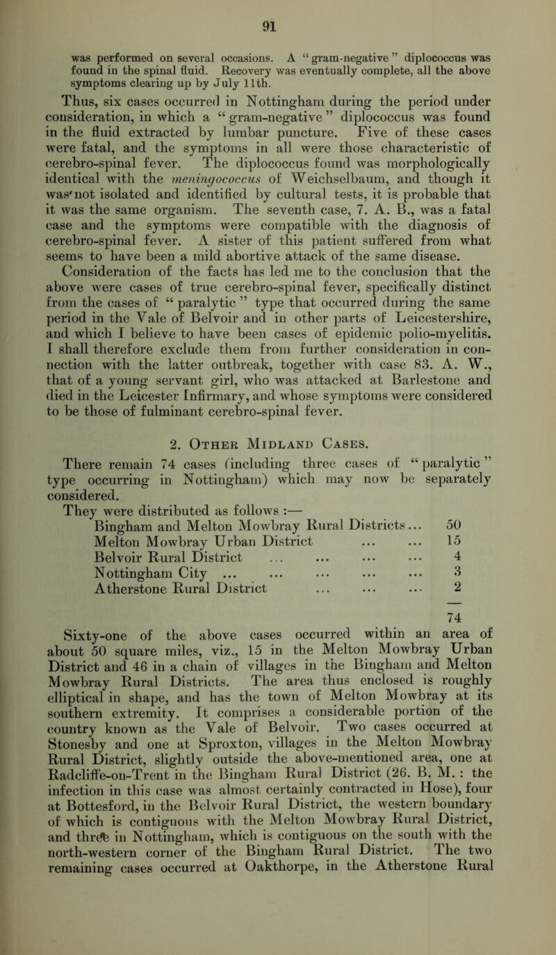 was performed on several occasions. A “ gram-negative ” diplococcus was found in the spinal fluid. Recovery was eventually complete, all the above symptoms clearing up by July 11th. Thus, six cases occurred in Nottingham during the period under consideration, in which a “ gram-negative ” diplococcus was found in the fluid extracted by lumbar puncture. Five of these cases were fatal, and the symptoms in all were those characteristic of cerebro-spinal fever. The diplococcus found was morphologically identical with the meningococcus of Weichselbaum, and though it was'not isolated and identified by cultural tests, it is probable that it was the same organism. The seventh case, 7. A. B., was a fatal case and the symptoms were compatible with the diagnosis of cerebro-spinal fever. A sister of this patient suffered from what seems to have been a mild abortive attack of the same disease. Consideration of the facts has led me to the conclusion that the above were cases of true cerebro-spinal fever, specifically distinct from the cases of “ paralytic ” type that occurred during the same period in the Yale of Belvoir and in other parts of Leicestershire, and which I believe to have been cases of epidemic polio-myelitis. I shall therefore exclude them from further consideration in con- nection with the latter outbreak, together with case 83. A. W., that of a young servant girl, who was attacked at Barlestone and died in the Leicester Infirmary, and whose symptoms were considered to be those of fulminant cerebro-spinal fever. 2. Other Midland Cases. There remain 74 cases (including three cases of “ paralytic ” type occurring in Nottingham) which may now be separately considered. They were distributed as follows :— Bingham and Melton Mowbray Rural Districts... 50 Melton Mowbray Urban District ... ... 15 Belvoir Rural District ... ... ... ••• 4 Nottingham City ... ... ... ... ... 3 Atherstone Rural District ... ... 2 74 Sixty-one of the above cases occurred within an area of about 50 square miles, viz., 15 in the Melton Mowbray Urban District and 46 in a chain of villages in the Bingham and Melton Mowbray Rural Districts. The area thus enclosed is roughly elliptical in shape, and has the town of Melton Mowbray at its southern extremity. It comprises a considerable portion of the country known as the Vale of Belvoir. Two cases occurred at Stonesby and one at Sproxton, villages in the Melton Mowbray Rural District, slightly outside the above-mentioned area, one at Radclifle-on-Trent in the Bingham Rural District (26. B. M. : the infection in this case was almost certainly contracted in Hose), four at Bottesford, in the Belvoir Rural District, the western boundary of which is contiguous with the Melton Mowbray Rural District, and thrdfe in Nottingham, which is contiguous on the south with the north-western corner of the Bingham Rural District. The two remaining cases occurred at Oakthorpe, in the Atherstone Rural