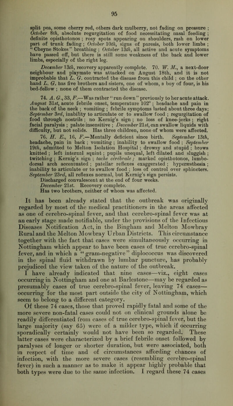 split pea, some cherry red, others dark mulberry, not fading on pressure ; October 8th, absolute regurgitation of food necessitating nasal feeding ; definite opisthotonos ; rosy spots appearing on shoulders, rash on lower part of trunk fading ; October 10th, signs of paresis, both lower limbs ; “ Cheyne Stokes” breathing ; October 13th, all active and acute symptoms have passed off, but there is still some weakness of the back and lower limbs, especially of the right leg. December 13th, recovery apparently complete. 70. W. M., a next-door neighbour and playmate was attacked on August 18th, and it is not improbable that L. G. contracted the disease from this child ; on the other hand L. G. has five brothers and sisters, one of whom, a boy of four, is his bed-fellow ; none of them contracted the disease. 74. A. 67., 33, F.—Was rather “run down” previously to her acute attack. August 31 st, acute febrile onset, temperature 102° ; headache and pain in the back of the neck ; vomiting ; febrile symptoms lasted about three days; September 3rd, inability to articulate or to swallow food ; regurgitation of food through nostrils ; no Kernig’s sign ; no loss of knee-jerks ; right facial paralysis ; palate insensitive ; December 21st, can swallow liquids with difficulty, but not solids. Has three children, none of whom were affected. 76. H. E., 16, F.—Mentally deficient since birth. September 13th, headache, pain in back ; vomiting ; inability to swallow food ; September 19th, admitted to Melton Isolation Hospital; drowsy and stupid ; brows knitted ; left internal squint ; pupils unequal, left dilated and sluggish ; twitching ; Kernig’s sign ; taclie cerebrate ; marked opisthotonos, lumbo- dorsal arch accentuated ; patellar reflexes exaggerated ; hypersesthesia ; inability to articulate or to swallow food ; loss of control over sphincters. September 23rd, all reflexes normal, but Kernig’s sign persists. Discharged convalescent at the end of four weeks. December 21 st. Recovery complete. Has two brothers, neither of whom was affected. It has been already stated that the outbreak was originally regarded by most of the medical practitioners in the areas affected as one of cerebro-spinal fever, and that cerebro-spinal fever was at an early stage made notifiable, under the provisions of the Infectious Diseases Notification Act, in the Bingham and Melton Mowbray Rural and the Melton Mowbray Urban Districts. This circumstance together with the fact that cases were simultaneously occurring in Nottingham which appear to have been cases of true cerebro-spinal fever, and in which a “ gram-negative ” diplococcus was discovered in the spinal fluid withdrawn by lumbar puncture, has probably prejudiced the view taken of the nature of the outbreak. I have already indicated that nine cases—viz., eight cases occurring in Nottingham and one at Barlestone—may be regarded as presumably cases of true cerebro-spinal fever, leaving 74 cases— occurring for the most part outside the city of Nottingham, which seem to belong to a different category. Of these 74 cases, those that proved rapidly fatal and some of the more severe non-fatal cases could not on clinical grounds alone be readily differentiated from cases of true cerebro-spinal fever, but the large majority (say 65) were of a milder type, which if occurring sporadically certainly would not have been so regarded. These latter cases were characterized by a brief febrile onset followed by paralyses of longer or shorter duration, but were associated, both in respect of time and of circumstances affording chances of infection, with the more severe cases (resembling cerebro-spinal fever) in such a manner as to make it appear highly probable that both types were due to the same infection. I regard these 74 cases