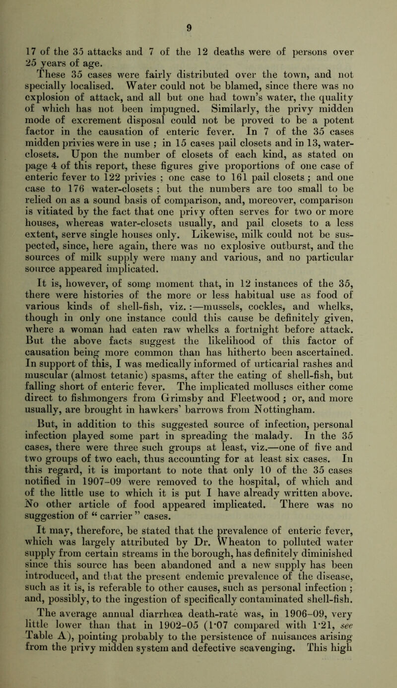 17 of the 35 attacks and 7 of the 12 deaths were of persons over 25 years of age. These 35 cases were fairly distributed over the town, and not specially localised. Water could not be blamed, since there was no explosion of attack, and all but one had town’s water, the quality of which has not been impugned. Similarly, the privy midden mode of excrement disposal could not be proved to be a potent factor in the causation of enteric fever. In 7 of the 35 cases midden privies were in use ; in 15 cases pail closets and in 13, water- closets. Upon the number of closets of each kind, as stated on page 4 of this report, these figures give proportions of one case of enteric fever to 122 privies ; one case to 161 pail closets ; and one case to 176 water-closets ; but the numbers are too small to be relied on as a sound basis of comparison, and, moreover, comparison is vitiated by the fact that one privy often serves for two or more houses, whereas water-closets usually, and pail closets to a less extent, serve single houses only. Likewise, milk could not be sus- pected, since, here again, there was no explosive outburst, and the sources of milk supply were many and various, and no particular source appeared implicated. It is, however, of som^ moment that, in 12 instances of the 35, there were histories of the more or less habitual use as food of various kinds of shell-fish, viz. :—mussels, cockles, and whelks, though in only one instance could this cause be definitely given, where a woman had eaten raw whelks a fortnight before attack. But the above facts suggest the likelihood of this factor of causation being more common than has hitherto been ascertained. In support of this, I was medically informed of urticarial rashes and muscular (almost tetanic) spasms, after the eating of shell-fish, but falling short of enteric fever. The implicated molluscs either come direct to fishmongers from Grimsby and Fleetwood; or, and more usually, are brought in hawkers’ barrows from Nottingham. But, in addition to this suggested source of infection, personal infection played some part in spreading the malady. In the 35 cases, there were three such groups at least, viz.—one of five and two groups of two each, thus accounting for at least six cases. In this regard, it is important to note that only 10 of the 35 cases notified in 1907-09 were removed to the hospital, of which and of the little use to which it is put I have already written above. No other article of food appeared implicated. There was no suggestion of “ carrier ” cases. It may, therefore, be stated that the prevalence of enteric fever, which was largely attributed by Dr. Wheaton to polluted water supply from certain streams in the borough, has definitely diminished since this source has been abandoned and a new supply has been introduced, and tliat the present endemic prevalence of the disease, such as it is, is referable to other causes, such as personal infection ; and, possibly, to the ingestion of specifically contaminated shell-fish. The average annual diarrhoea death-rate was, in 1906-09, very little lower than that in 1902-05 (TO7 compared with T21, see Table A), pointing probably to the persistence of nuisances arising from the privy midden system and defective scavenging. This high