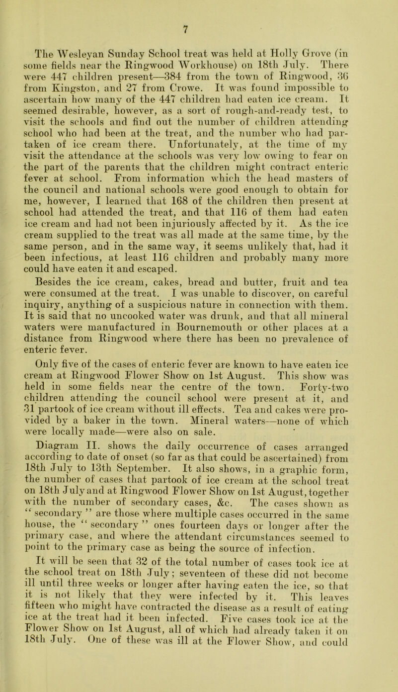 The Wesleyan Sunday School treat was held at Holly Grove (in some fields near the Ringwood Workhouse) on 18th July. There were 447 children present—384 from the town of Ring-wood, 36 from Kingston, and 27 from Crowe. It was found impossible to ascertain how many of the 447 children had eaten ice cream. It seemed desirable, however, as a sort of rough-and-ready test, to visit the schools and find out the number of children attending school who had been at the treat, and the number who had par- taken of ice cream there. Unfortunately, at the time of my visit the attendance at the schools was very low owing to fear on the part of the parents that the children might contract enteric fever at school. From information which the head masters of the council and national schools were good enough to obtain for me, however, I learned that 168 of the children then present at school had attended the treat, and that 116 of them had eaten ice cream and had not been injuriously affected by it. As the ice cream supplied to the treat was all made at the same time, by the same person, and in the same way, it seems unlikely that, had it been infectious, at least 116 children and probably many more could have eaten it and escaped. Besides the ice cream, cakes, bread and butter, fruit and tea were consumed at the treat. I was unable to discover, on careful inquiry, anything of a suspicious nature in connection with them. It is said that no uncooked water wTas drunk, and that all mineral waters were manufactured in Bournemouth or other places at a distance from Ringwood where there has been no prevalence of enteric fever. Only five of the cases of enteric fever are known to have eaten ice cream at Ringwood Flower Show on 1st August. This show was held in some fields near the centre of the town. Forty-two children attending the council school were present at it, and 31 partook of ice cream without ill effects. Tea and cakes were pro- vided by a baker in the town. Mineral waters—none of which were locally made—were also on sale. Diagram II. shows the daily occurrence of cases arranged according to date of onset (so far as that could be ascertained) from 18th July to 13th September. It also shows, in a graphic form, the number of cases that partook of ice cream at the school treat on 18th July and at Ringwood Flower Show on 1st August, together with the number of secondary cases, &c. The cases shown as “ secondary ” are those where multiple cases occurred in the same house, the “ secondary ” ones fourteen days or longer after the primary case, and where the attendant circumstances seemed to point to the primary case as being the source of infection. It will be seen that 32 of the total number of cases took ice at the school treat on 18th July; seventeen of these did not become ill until three weeks or longer after having eaten the ice, so that it is not likely that they were infected by it. This leaves fifteen who might have contracted the disease as a result of eating ice at the treat had it been infected. Five cases took ice at the Flow er Show on 1st August, all of which had already taken it on 18th July. One of these was ill at the Flower Show, and could