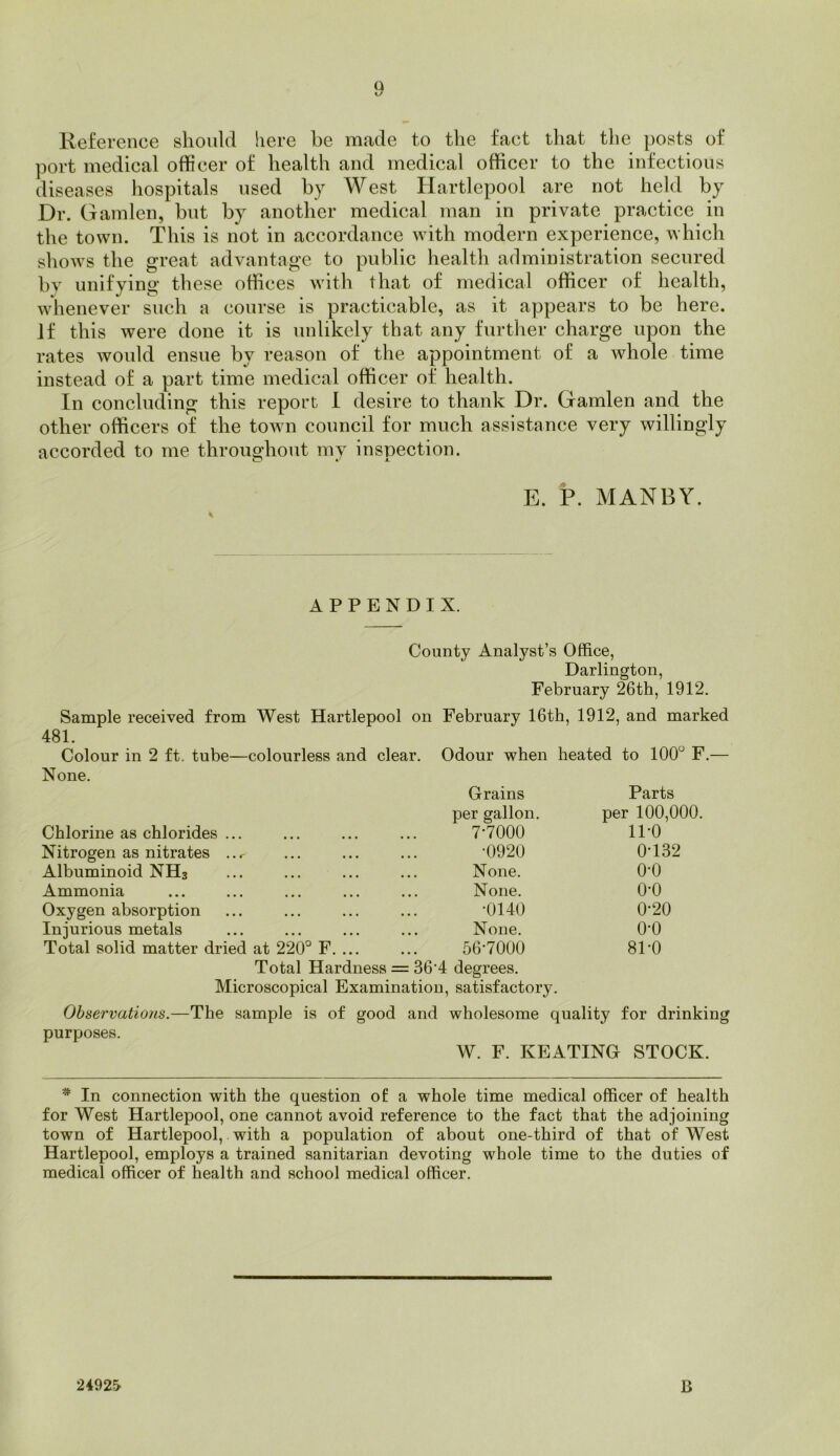 Q Reference should here be made to the fact that tlie posts of port medical officer of health and medical officer to the infections diseases hospitals used by West Hartlepool are not held by Dr. Gamlen, but by another medical man in private practice in the town. This is not in accordance with modern experience, which shows the great advantage to public health administration secured by unifying these offices with that of medical officer of health, whenever such a course is practicable, as it appears to be here. If this were done it is unlikely that any further charge upon the rates would ensue by reason of the appointment of a whole time instead of a part time medical officer of health. In concluding this report 1 desire to thank Dr. Gamlen and the other officers of the town council for much assistance very willingly accorded to me throughout my inspection. E. P. MANBY. APPENDIX. County Analyst’s Office, Darlington, February 26th, 1912. Sample received from West Hartlepool on February 16th, 1912, and marked 481. Colour in 2 ft. tube—colourless and clear. Odour when heated to 100“ F.— None. Grains Parts per gallon. per 100,0( Chlorine as chlorides ... 7*7000 11-0 Nitrogen as nitrates ..r •0920 0-132 Albuminoid NH3 None. 0-0 Ammonia None. 0-0 Oxygen absorption •0140 0-20 Injurious metals None. 0-0 Total solid matter dried at 220° F. ... 56-7000 81-0 Total Hardness = 36*4 degrees. Microscopical Examination, satisfactory. Observations.—The sample is of good and wholesome quality for drinking purposes. W. F. KEATING STOCK. * In connection with the question of a whole time medical officer of health for West Hartlepool, one cannot avoid reference to the fact that the adjoining town of Hartlepool, with a population of about one-third of that of West Hartlepool, employs a trained sanitarian devoting whole time to the duties of medical officer of health and school medical officer. 24925- C