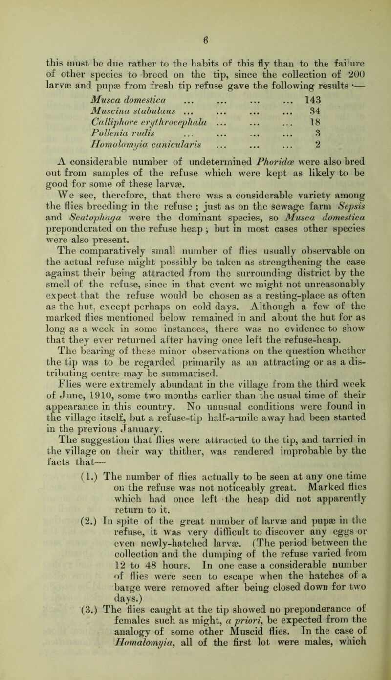 this must be due rather to the habits of this fly than to the failure of other species to breed on the tip, since the collection of 200 larvae and pupae from fresh tip refuse gave the following results •— Musca domestica ... ... ... ... 143 Muscina stabulaus ... ... ... ... 34 Calliphore erythrocephala ... ... 18 Pollenia rudis ... ... ... ... 3 Homcilomyia, canicularis ... ... ... 2 A considerable number of undetermined Phoridce were also bred out from samples of the refuse which were kept as likely to be good for some of these larvae. We see, therefore, that there was a considerable variety among the flies breeding in the refuse ; just as on the sewage farm Sepsis and Scatophaga were the dominant species, so Musca domestica preponderated on the refuse heap; but in most cases other species were also present. The comparatively small number of flies usually observable on the actual refuse might possibly be taken as strengthening the case against their being attracted from the surrounding district by the smell of the refuse, since in that event we might not unreasonably expect that the refuse would be chosen as a resting-place as often as the hut. except perhaps on cold days. Although a few of the marked flies mentioned below remained in and about the hut for as long as a week in some instances, there was no evidence to show that they ever returned after having once left the refuse-heap. The bearing of these minor observations on the question whether the tip was to be regarded primarily as an attracting or as a dis- tributing centre may be summarised. Flies were extremely abundant in the village from the third week of June, 1910, some two months earlier than the usual time of their appearance in this country. No unusual conditions were found in the village itself, but a refuse-tip half-a-mile away had been started in the previous January. The suggestion that flies were attracted to the tip, and tarried in the village on their way thither, was rendered improbable by the facts that— (1.) The number of flies actually to be seen at any one time on the refuse was not noticeably great. Marked flies which had once left the heap did not apparently return to it. (2.) In spite of the great number of larvae and pupae in the refuse, it was very difficult to discover any eggs el- even newly-hatched larvae. (The period between the collection and the dumping of the refuse varied from 12 to 48 hours. In one case a considerable number of flies were seen to escape when the hatches of a barge were removed after being closed down for two days.) (3.) The flies caught at the tip showed no preponderance of females such as might, a priori, be expected from the analogy of some other Muscid flies. In the case of Homalomyia, all of the first lot were males, which
