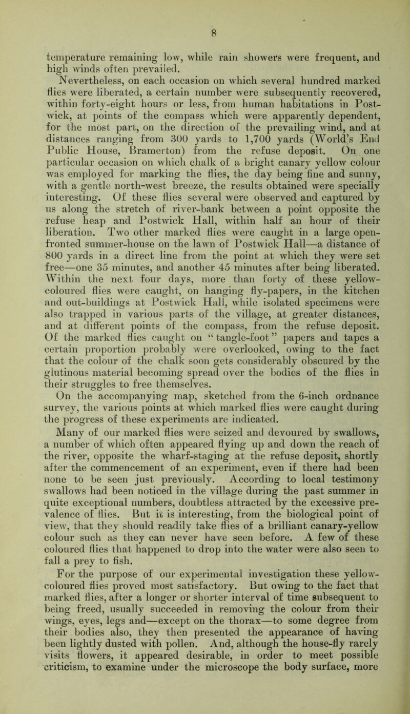 temperature remaining low, while rain showers were frequent, and high winds often prevailed. Nevertheless, on each occasion on which several hundred marked Hies were liberated, a certain number were subsequently recovered, within forty-eight hours or less, from human habitations in Post- wick, at points of the compass which were apparently dependent, for the most part, on the direction of the prevailing wind, and at distances ranging from 300 yards to 1,700 yards (World’s End Public House, Bramerton) from the refuse deposit. On one particular occasion on which chalk of a bright canary yellow colour was employed for marking the hies, the day being fine and sunny, with a gentle north-west breeze, the results obtained were specially interesting. Of these hies several were observed and captured by us along the stretch of river-bank between a point opposite the refuse heap and Post wick Hall, within half an hour of their liberation. Two other marked hies were caught in a large open- fronted summer-house on the lawn of Postwick Hall—a distance of 800 yards in a direct line from the point at which they were set free—one 35 minutes, and another 45 minutes after being liberated. Within the next four days, more than forty of these yellow- coloured hies were caught, on hanging hy-papers, in the kitchen and out-buildings at Postwick Hall, while isolated specimens were also trapped in various parts of the village, at greater distances, and at different points of the compass, from the refuse deposit. Of the marked hies caught on “ tangle-foot ” papers and tapes a certain proportion probably were overlooked, owing to the fact that the colour of the chalk soon gets considerably obscured by the glutinous material becoming spread over the bodies of the flies in their struggles to free themselves. On the accompanying map, sketched from the 6-inch ordnance survey, the various points at which marked flies were caught during the progress of these experiments are indicated. Many of our marked flies were seized and devoured by swallows, a number of which often appeared flying up and down the reach of the river, opposite the wharf-staging at the refuse deposit, shortly after the commencement of an experiment, even if there had been none to be seen just previously. According to local testimony swallows had been noticed in the village during the past summer in quite exceptional numbers, doubtless attracted by the excessive pre- valence of flies. But it is interesting, from the biological point of view, that they should readily take flies of a brilliant canary-yellow colour such as they can never have seen before. A few of these coloured flies that happened to drop into the water were also seen to fall a prey to fish. For the purpose of our experimental investigation these yellow- coloured flies proved most satisfactory. But owing to the fact that marked flies, after a longer or shorter interval of time subsequent to being freed, usually succeeded in removing the colour from their wings, eyes, legs and—except on the thorax—to some degree from their bodies also, they then presented the appearance of having been lightly dusted with pollen. And, although the house-fly rarely visits flowers, it appeared desirable, in order to meet possible criticism, to examine under the microscope the body surface, more