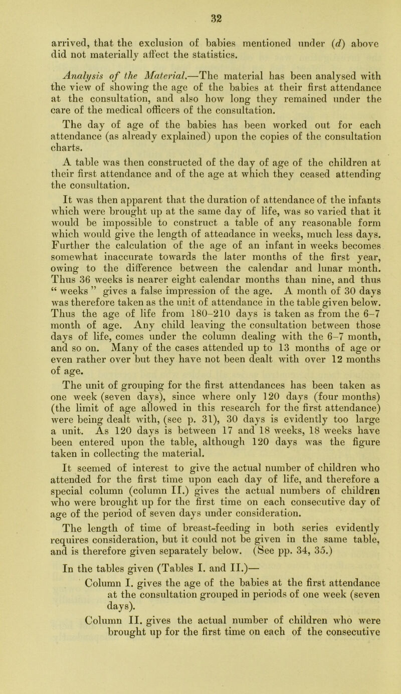 arrived, that the exclusion of babies mentioned under (d) above did not materially affect the statistics. Analysis of the Material,—The material has been analysed with the view of showing the age of the babies at their first attendance at the consultation, and also how long they remained under the care of the medical officers of the consultation. The day of age of the babies has been worked out for each attendance (as already explained) upon the copies of the consultation charts. A table was then constructed of the day of age of the children at their first attendance and of the age at which they ceased attending the consultation. It was then apparent that the duration of attendance of the infants which were brought up at the same day of life, was so varied that it would be impossible to construct a table of any reasonable form which woidd give the length of attendance in weeks, much less days. Further the calculation of the age of an infant in weeks becomes somewhat inaccurate towards the later months of the first year, owing to the difference between the calendar and lunar month. Thus 36 weeks is nearer eight calendar months than nine, and thus “ weeks ” gives a false impression of the age. A month of 30 days was therefore taken as the unit of attendance in the table given below. Thus the age of life from 180-210 days is taken as from the 6-7 month of age. Any child leaving the consultation between those days of life, comes under the column dealing with the 6-7 month, and so on. Many of the cases attended up to 13 months of age or even rather over but they have not been dealt with over 12 months of age. The unit of grouping for the first attendances has been taken as one week (seven days), since where only 120 days (four months) (the limit of age allowed in this research for the first attendance) were being dealt with, (see p. 31), 30 days is evidently too large a unit. As 120 days is between 17 and 18 weeks, 18 weeks have been entered upon the table, although 120 days was the figure taken in collecting the material. It seemed of interest to give the actual number of children w^ho attended for the first time upon each day of life, and therefore a special column (column II.) gives the actual numbers of children who were brought up for the first time on each consecutive day of age of the period of seven days under consideration. The length of time of breast-feeding in both series evidently requires consideration, but it could not be given in the same table, and is therefore given separately below. (See pp. 34, 35.) In the tables given (Tables I. and II.)— Column I. gives the age of the babies at the first attendance at the consultation grouped in periods of one week (seven days). Column II. gives the actual number of children who were brought up for the first time on each of the consecutive