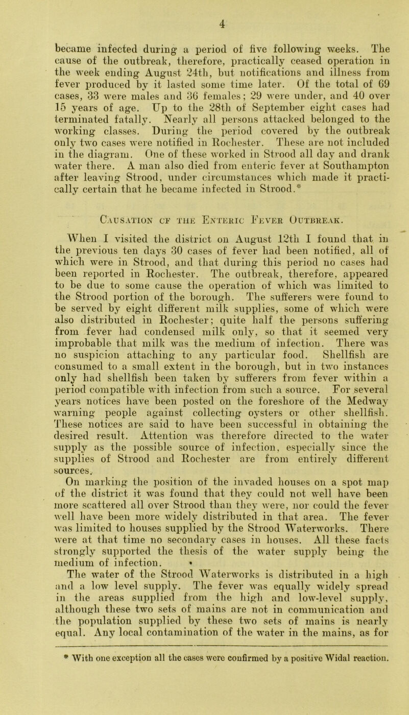 became infected during a period of five following weeks. The cause of the outbreak, therefore, practically ceased operation in the week ending August 24th, but notifications and illness from fever produced by it lasted some time later. Of the total of 69 cases, 33 were males and 36 females; 29 were under, and 40 over 15 years of age. Up to the 28t]i of September eight cases had terminated fatally. Nearly all persons attacked belonged to the working classes. During the period covered by the outbreak only two cases were notified in Rochester. These are not included in the diagram. One of these worked in Strood all day and drank water there. A man also died from enteric fever at Southampton after leaving Strood, under circumstances which made it practi- cally certain that he became infected in Strood.* Causation cf the Entekic Eever Outbreak. When I visited the district on August 12th I found that in the previous ten days 30 cases of fever had been notified, all of wdiich were in Strood, and that during this period no cases had been reported in Rochester. The outbreak, therefore, appeared to be due to some cause the operation of which was limited to the Strood portion of the borough. The suherers were found to be served by eight different milk supplies, some of which were also distributed in Rochester; quite half the persons suffering from fever had condensed milk only, so that it seemed very improbable that milk was the medium of infection. There was no suspicion attaching to any particular food. Shellfish are consumed to a small extent in the borough, but in two instances only had shellfish been taken by sufferers from fever within a period compatible with infection from such a source. For several years notices have been posted on the foreshore of the Medway warning people against collecting oysters or other shellfish. 3Tese notices are said to have been successful in obtaining the desired result. Attention was therefore directed to the water supply as tlie possible source of infection, especially since the supplies of Strood and Rochester are from entirely different sources. On marking tlie position of the invaded houses on a spot map of the district it was found that they could not well have been more scattered all over Strood than they were, nor could the fever well have been more widely distributed in that area. The fever was limited to houses supplied by the Strood Waterworks. There were at that time no secondary cases in houses. All these facis strongly supported the thesis of the water supply being the medium of infection. ♦ Tlie water of the Strood AVaterworks is distributed in a higli and a low level supply. The fever was equally widely spread in tlie areas supplied from the liigli and low-level supply, although these two sets of mains are not in communication and the population supplied by these two sets of mains is nearly equal. Any local contamination of the water in the mains, as for With one exception all the cases were confirmed by a positive Widal reaction.