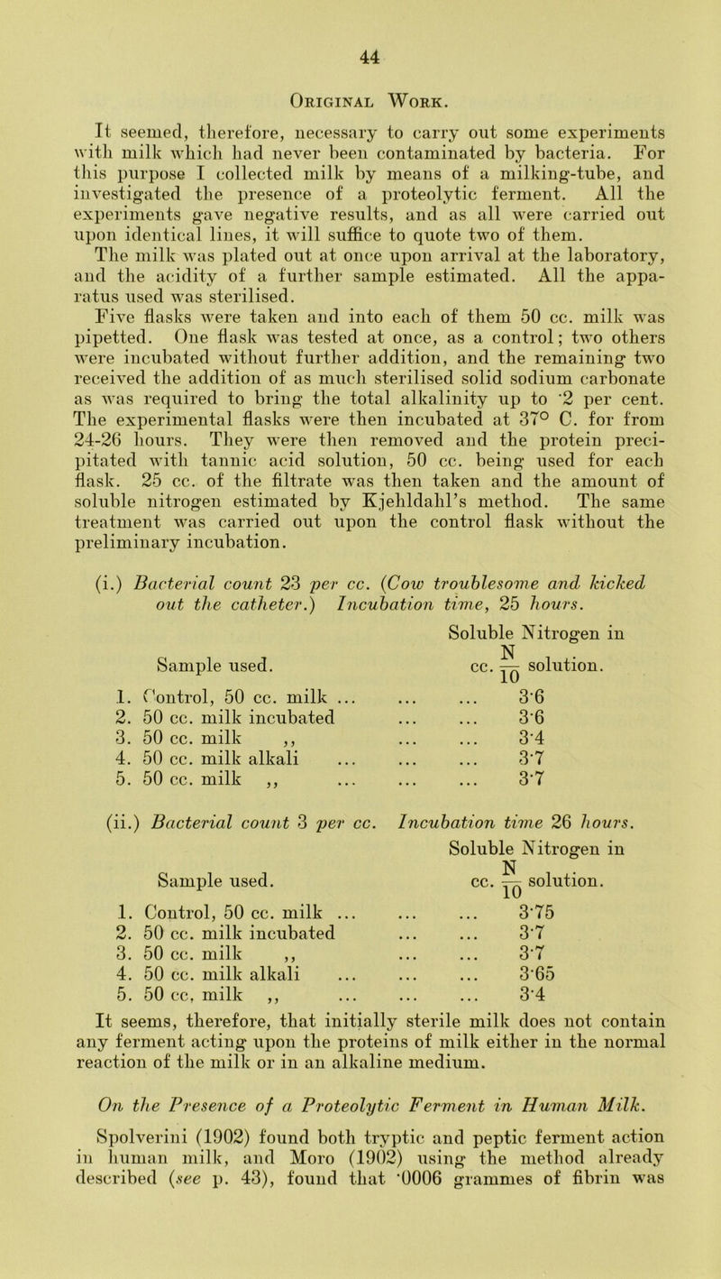 Original Work. It seemed, therefore, necessary to carry out some experiments with milk which had never been contaminated by bacteria. For this purpose I collected milk by means of a milking-tube, and investigated the presence of a proteolytic ferment. All the experiments gave negative results, and as all were carried out upon identical lines, it will suffice to quote two of them. The milk was plated out at once upon arrival at the laboratory, and the acidity of a further sample estimated. All the appa- ratus used was sterilised. Five flasks were taken and into each of them 50 cc. milk was pipetted. One flask was tested at once, as a control; two others were incubated without further addition, and the remaining twm received the addition of as much sterilised solid sodium carbonate as was required to bring the total alkalinity up to '2 per cent. The experimental flasks were then incubated at 37° C. for from 24-26 hours. They were then removed and the protein preci- pitated with tannic acid solution, 50 cc. being used for each flask. 25 cc. of the filtrate was then taken and the amount of soluble nitrogen estimated by Kjehldahl’s method. The same treatment was carried out upon the control flask without the preliminary incubation. (i.) Bacterial count 23 per cc. {Cow troublesome and kicked out the catheter.) Incubation time, 25 hours. Sample used. 1. Fontrol, 50 cc. milk ... 2. 50 cc. milk incubated 3. 50 cc. milk ,, 4. 50 cc. milk alkali 5. 50 cc. milk ,, Soluble Nitrogen in cc. yq solution. 3-6 3-6 3-4 3-7 3*7 (ii.) Bacterial coujit 3 per cc. Sample used. 1. Control, 50 cc. milk ... 2. 50 cc. milk incubated 3. 50 cc. milk ,, 4. 50 cc. milk alkali 5. 50 cc, milk ,, Incubation time 26 hours. Soluble Nitrogen in cc. ^ solution. 3*75 3-7 3-7 3-65 3-4 It seems, therefore, that initially sterile milk does not contain any ferment acting upon the proteins of milk either in the normal reaction of the milk or in an alkaline medium. On the Presence of a Proteolytic Ferment in Human Milk. Spolverini (1902) found both tryptic and peptic ferment action in human milk, and Moro (1902) using the method already described {see p. 43), found that ’0006 grammes of fibrin was