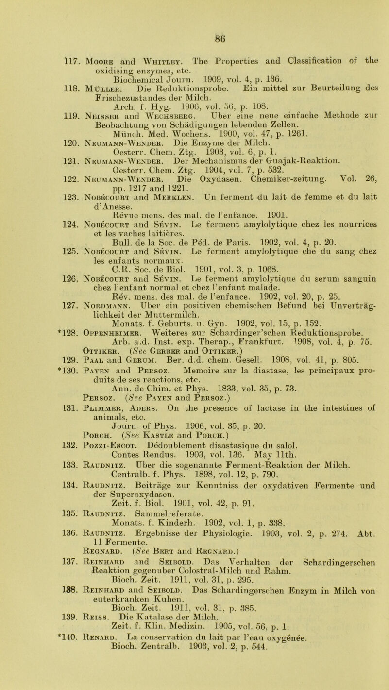 117. Mooke and Whitley. The Properties and Classification of the oxidising enzymes, etc. Biochemical Journ. 1909, vol. 4, p. 136. 118. MiiLLER. Die Rednktionsprobe. Ein mittel ziir Beurteilung des Frischezustandes der Milch. Arch. f. Hyg. 1906, vol. 56, p. 108. 119. Neisser and Wechsberg. Uber eine neue einfache Methode zur Beobachtung von Schadigungen lebenden Zellen. Munch. Med. Wochens. 1900, vol. 47, p. 1261. 120. Neumann-Wender. Die Enzyme der Milch. Oesterr. Chem. Ztg. 1903, vol. 6, p. 1. 121. Neumann-Wender. Der Mechanismus der Giiajak-Reaklion. Oesterr. Chem. Ztg. 1904, vol. 7, p. 532. 122. Neumann-Wender. Die Oxydasen. Chemiker-zeitung. Vol. 26, pp. 1217 and 1221. 123. Nobecourt and Merklen. Un ferment du lait de femme et du lait d’Anesse. Revue mens, des mal. de I’enfance. 1901. 124. Nobecourt and Sevin. Le ferment amylolybique chez les nourrices et les vaches laitieres. Bull, de la Soc. de Ped. de Paris. 1902, vol. 4, p. 20. 125. Nobecourt and Sevin. Le ferment amylolytique che du sang chez les enfants normaux. C.R. Soc. de Biol. 1901, vol. 3, p. 1068. 126. Nobecourt and Sevin. Le ferment amylolytique du serum sanguin chez Penfant normal et chez I’enfant malade. Rev. mens, des mal. de I’enfance. 1902, vol. 20, p. 25. 127. Nordmann. Uber ein positiven chemischen Befund bei Unvertrag- lichkeit der Muttermilch. Monats. f. Geburts. u. Gyn. 1902, vol. 15, p. 152. *128. Oppenheimer. Weiteres zur Schardinger’schen Reduktionsprobe. Arb. a.d. Inst. exp. Therap., Frankfurt. 1908, vol. 4, p. 75. Ottiker. {See Gerber and Ottiker.) 129. Paal and Gerum. Ber. d.d. chem. Gesell. 1908, vol. 41, p. 805. *130. Pay^en and Persoz. Memoire sur la diastase, les principaux pro- duits de ses reactions, etc. Ann. de Chim. et Phys. 1833, vol. 35, p. 73. Persoz. {See Payen and Persoz.) 131. Plimmer, Aders. On the presence of lactase in the intestines of animals, etc. Journ of Phys. 1906, vol. 35, p. 20. Porch. {See Kastle and Porch.) 132. Pozzi-Escot. Dedoublement disastasique du salol. Contes Rendus. 1903, vol. 136. May 11th. 133. Raudnitz. Uber die sogenannte Ferment-Reaktion der Milch. Centralb. f. Phys. 1898, vol. 12, p. 790. 134. Raudnitz. Beitrage zur Kenntniss der oxydativen Fermente und der Superoxydasen. Zeit. f. Biol. 1901, vol. 42, p. 91. 135. Raudnitz. Sammelreferate. Monats. f. Kinderh. 1902, vol. 1, p. 338. 136. Raudnitz. Ergebnisse der Physiologie. 1903, vol. 2, p. 274. Abt. 11 Fermente. Regnard. {See Bert and Regnard.) 137. Reinhard and Seibold. Das Verhalten der Schardingerschen Reaktion gegenuber Colostral-Milch und Rahm. Bioch. Zeit. 1911, vol. 31, p. 295. 188. Reinhard and Seibold. Das Schai’dingerschen Enzym in Milch von euterkranken Kuhen. Bioch. Zeit. 1911, vol. 31, p. 385. 139. Reiss. Die Katalase der Milch. Zeit. f. Klin. Medizin. 1905, vol. 56, p. 1. *140. Renard. La conservation du lait par Peau oxygenee. Bioch. Zentralb. 1903, vol. 2, p. 544.