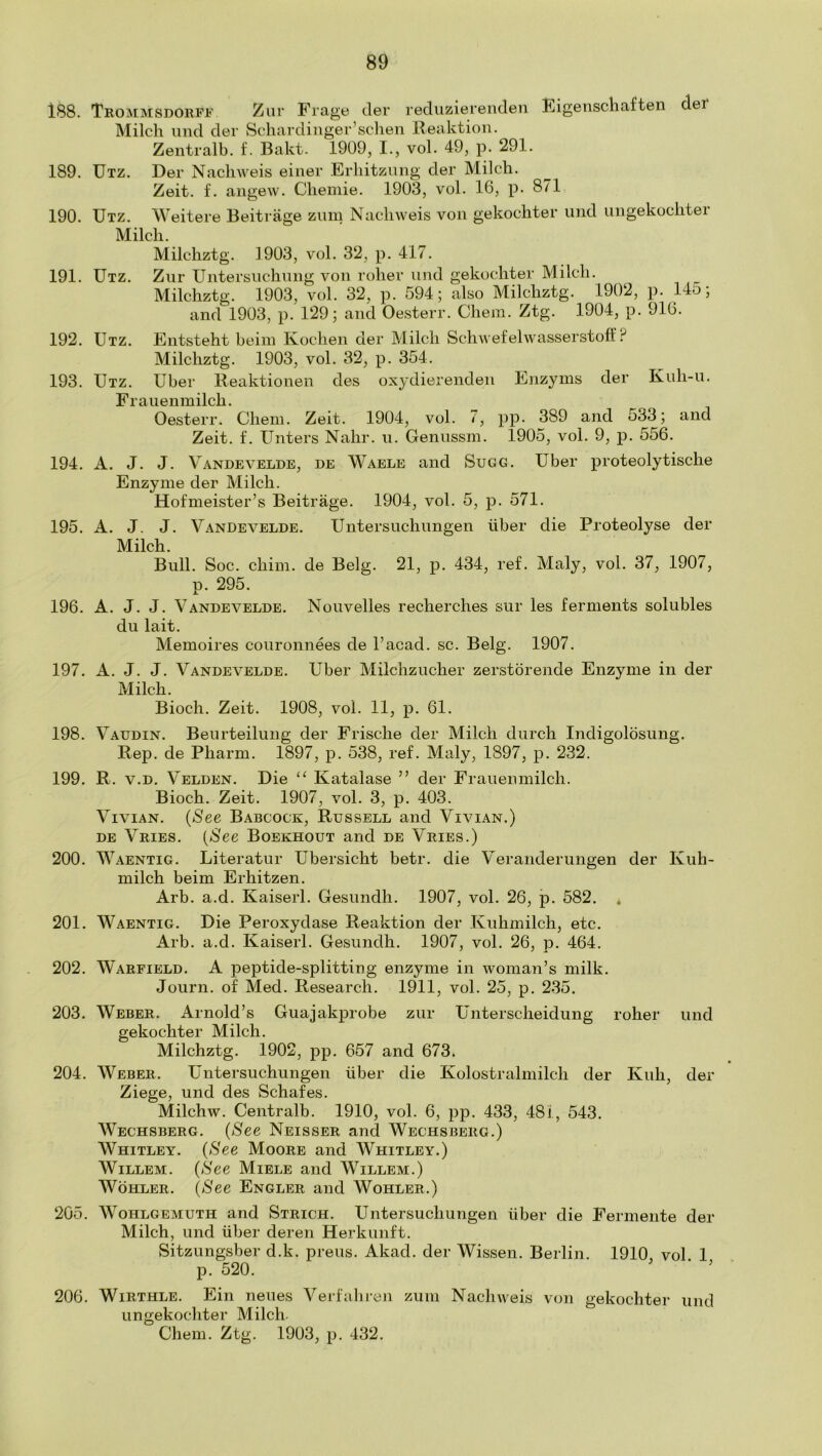 188. Trommsdorpf Ziir Frage der rediizierenden Eigenscliaften del* Milch imd der Schardiiiger’schen Reaktioii. Zentralb. f. Bakt. 1909, I., vol. 49, p. 291. 189. Utz. Der Nachweis einer Erhitznng der Milch. Zeit. f. angew. Chemie. 1903, vol. 16, j)- 871 190. Utz. Weitere Beitrage zimi Nachweis von gekochter und uiigekochter Milch. Milchztg. 1903, vol. 32, p. 417. 191. Utz. Ziir Untersnchimg von roher iind gekochter Milch. Milchztg. 1903, vol. 32, p. 594; also Milchztg. 1902, p. 14o; and 1903, p. 129; and Oesterr. Chem. Ztg. 1904, p. 916. 192. Utz. Entsteht beim Kochen der Milch Schwefelwasserstoff ? Milchztg. 1903, vol. 32, p. 354. 193. Utz. Uber Reaktionen des oxydierenden Enzyins der Kuh-u. Franenmilch. Oesterr. Chem. Zeit. 1904, vol. 7, pp. 389 and 533; and Zeit. f. Unters Nahr. ii. Gennssm. 1905, vol. 9, p. 556. 194. A. J. J. Vandevelde, de Waele and Sugg. Uber proteolytische Enzyme der Milch. Hofmeister’s Beitrage. 1904, vol. 5, p. 571. 195. A. J. J. Vandevelde. Untersuchnngen iiber die Proteolyse der Milch. Bull. Soc. chilli, de Belg. 21, p. 434, ref. Maly, vol. 37, 1907, p. 295. 196. A. J. J. Vandevelde. Noiivelles recherches sur les ferments solubles du lait. Memoires conronnees de I’acad. sc. Belg. 1907. 197. A. J. J. Vandevelde. Uber Milchzncher zerstorende Enzyme in der Milch. Bioch. Zeit. 1908, vol. 11, p. 61. 198. Vaudin. Beurteilung der Frische der Milch durch Indigolosung. Rep. de Pharm. 1897, p. 538, ref. Maly, 1897, p. 232. 199. R. v.D. Velden. Die “ Katalase ” der Franeiimilch. Bioch. Zeit. 1907, vol. 3, p. 403. Vivian. {See Babcock, Russell and Vivian.) DE Vries. (S'ee Boekhout and de Vries.) 200. Waentig. Literatur Ubersicht betr. die Veranderungen der Kiih- milch beim Erhitzen. Arb. a.d. Kaiserl. Gesnndh. 1907, vol. 26, p. 582. * 201. Waentig. Die Peroxydase Reaktion der Kuhmilch, etc. Arb. a.d. Kaiserl. Gesnndh. 1907, vol. 26, p. 464. 202. Warfield. A peptide-splitting enzyme in woman’s milk. Journ. of Med. Research. 1911, vol. 25, p. 235. 203. Weber. Arnold’s Guajakprobe zur Unterscheidung roher und gekochter Milch. Milchztg. 1902, pp. 657 and 673. 204. Weber. Untersuchnngen iiber die Kolostralmilch der Kuh, der Ziege, und des Schafes. Milchw. Centralb. 1910, vol. 6, pp. 433, 481, 543. Wechsberg. {See Neisser and Wechsberg.) Whitley. {See Moore and Whitley.) Willem. {See Miele and Willem.) Wohler. {See Engler and Wohler.) 205. Wohlgemuth and Strich. Untersuchungen iiber die Fermente der Milch, und iiber deren Herkunft. Sitzungsber d.k. preus. Akad. der Wissen. Berlin. 1910, vol 1 p. 520. ■ ’ 206. Wirthle. Ein neues Verfahren zum Nachweis von gekochter und ungekochter Milch. Chem. Ztg. 1903, p. 432.